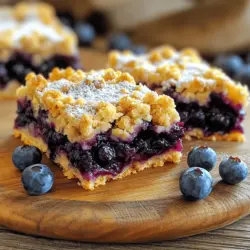 Here is what you need to make blueberry oatmeal crumble bars: - 2 cups rolled oats - 1 cup whole wheat flour - 1/2 cup brown sugar - 1/2 cup unsalted butter, melted - 1/2 teaspoon baking soda - 1/2 teaspoon salt - 1 teaspoon vanilla extract - 2 cups fresh blueberries (or frozen, thawed) - 1 tablespoon lemon juice - 1 tablespoon cornstarch - 1 tablespoon honey or maple syrup (optional for added sweetness) These ingredients create a delicious and healthy treat. Rolled oats and whole wheat flour give the bars a hearty base. The brown sugar adds sweetness, while the unsalted butter keeps everything moist. Baking soda and salt help balance the flavors. Fresh blueberries burst with juice and flavor, and lemon juice adds a nice zing. Cornstarch thickens the filling, and honey or maple syrup can sweeten it further if you like. When you gather your ingredients, make sure they are fresh. Fresh blueberries will give the best taste and texture. If you use frozen blueberries, thaw them first to avoid excess moisture. Now you have everything you need for a delightful baking experience. Check the [Full Recipe] to see how these ingredients come together in a step-by-step guide. - Preheat oven to 350°F (175°C). - Prepare baking pan with parchment paper. - Combine oats, flour, sugar, butter, baking soda, salt, and vanilla. - Press mixture into the baking pan. - Mix blueberries with lemon juice, cornstarch, and sweetener if using. - Spread blueberry mixture over crust. - Crumble remaining oat mixture over the blueberry layer. - Bake for 30-35 minutes until golden brown. I love this process! It’s simple and rewarding. You can get those fresh ingredients ready in no time. When you mix the oats and flour, the smell fills your kitchen. Pressing the crust is fun too. It makes the base sturdy. For the blueberry filling, fresh berries are the best. They burst with flavor. If you use frozen blueberries, just thaw them first. I love the tartness from the lemon juice! It brightens the whole dish. When you sprinkle the crumble on top, it feels like a cozy blanket for the blueberries. The bake time is crucial. You’ll know it’s done when it turns golden brown. The smell will be amazing! For the full recipe, check below. Enjoy the process and the delicious outcome! To make the best crumble texture, you want to mix your oats, flour, sugar, and butter well. The butter should be melted but not hot. This way, it binds the dry ingredients without making the mix too wet. Aim for a crumbly consistency that holds together when pressed. Using fresh blueberries gives your bars a bright flavor. They burst when baked, creating a jam-like filling. If you use frozen blueberries, let them thaw and drain excess juice. This prevents the bars from becoming soggy. Fresh or frozen, both can work well, but I prefer fresh for the taste. To avoid sogginess, make sure your crust is firm. Press the oat mixture down well in the pan. Bake the bars long enough to form a golden crust on top. If the top is golden and the blueberries bubble, they are likely done. Let the bars cool in the pan for about 10 minutes after baking. This helps them set. After that, transfer them to a wire rack. Let them cool completely before slicing. This ensures clean cuts and nice bars. For the full recipe, check the section above. {{image_2}} You can switch out blueberries for other fruits. Raspberries and strawberries work great. They add a new taste and color to your bars. Try using seasonal fruits like peaches or cherries. They bring fresh flavors to your dish. You can even mix different fruits for a fun twist. Just keep in mind that some fruits may need less sugar. You can make these bars gluten-free. Use almond flour or oat flour instead of whole wheat flour. This keeps the texture nice while fitting your diet. If you want a vegan option, swap the butter for coconut oil. Use maple syrup instead of honey for sweetness. These changes let everyone enjoy your tasty bars. For the full recipe, check out the provided link! To keep your Blueberry Oatmeal Crumble Bars fresh, store them in an airtight container. This method helps to prevent them from drying out. You can layer parchment paper between the bars to avoid sticking. For longer storage, freeze your bars. Wrap them tightly in plastic wrap and then place them in a freezer bag. This keeps them fresh for up to three months. When ready to eat, just thaw them at room temperature. At room temperature, your bars last about five days. Keep them in a cool, dry place. In the fridge, they can last up to a week. The cold helps maintain their texture and flavor. If you freeze them, they stay tasty for three months or more. Just remember to thaw them slowly for the best taste. Can I use instant oats instead of rolled oats? You can use instant oats, but the texture will change. Instant oats cook faster and create a softer mix. I recommend using rolled oats for a better chew and structure in your bars. How do I know when the bars are done baking? Look for a golden brown top and bubbling blueberries. You can also insert a toothpick into the crumble. If it comes out mostly clean, your bars are ready. Can I make these bars ahead of time? Yes, you can make these bars a day ahead. Once cooled, store them in an airtight container. They taste great after resting, allowing the flavors to blend. What to do if the bars are too dry or too soggy? If they are too dry, add a bit of melted butter or a drizzle of honey. If they are too soggy, bake them a few more minutes. Just keep an eye on them! How to fix crumbly bars before baking? If your mixture seems too crumbly, add a splash of water or more melted butter. Mix it well until it holds together better. This ensures a nice, even texture when baked. You now have a tasty recipe for blueberry oat bars. We covered the key ingredients, step-by-step prep, and baking tips. I shared ways to vary the recipe and store your bars. Remember, fresh and seasonal fruit can boost flavor. Follow the tips for texture and avoid sogginess. With these strategies, you’ll enjoy delicious, homemade bars. Now, you’re ready to bake and impress everyone!