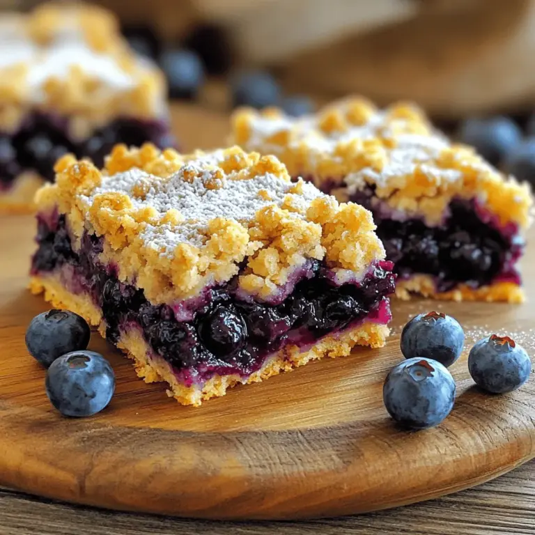 Here is what you need to make blueberry oatmeal crumble bars: - 2 cups rolled oats - 1 cup whole wheat flour - 1/2 cup brown sugar - 1/2 cup unsalted butter, melted - 1/2 teaspoon baking soda - 1/2 teaspoon salt - 1 teaspoon vanilla extract - 2 cups fresh blueberries (or frozen, thawed) - 1 tablespoon lemon juice - 1 tablespoon cornstarch - 1 tablespoon honey or maple syrup (optional for added sweetness) These ingredients create a delicious and healthy treat. Rolled oats and whole wheat flour give the bars a hearty base. The brown sugar adds sweetness, while the unsalted butter keeps everything moist. Baking soda and salt help balance the flavors. Fresh blueberries burst with juice and flavor, and lemon juice adds a nice zing. Cornstarch thickens the filling, and honey or maple syrup can sweeten it further if you like. When you gather your ingredients, make sure they are fresh. Fresh blueberries will give the best taste and texture. If you use frozen blueberries, thaw them first to avoid excess moisture. Now you have everything you need for a delightful baking experience. Check the [Full Recipe] to see how these ingredients come together in a step-by-step guide. - Preheat oven to 350°F (175°C). - Prepare baking pan with parchment paper. - Combine oats, flour, sugar, butter, baking soda, salt, and vanilla. - Press mixture into the baking pan. - Mix blueberries with lemon juice, cornstarch, and sweetener if using. - Spread blueberry mixture over crust. - Crumble remaining oat mixture over the blueberry layer. - Bake for 30-35 minutes until golden brown. I love this process! It’s simple and rewarding. You can get those fresh ingredients ready in no time. When you mix the oats and flour, the smell fills your kitchen. Pressing the crust is fun too. It makes the base sturdy. For the blueberry filling, fresh berries are the best. They burst with flavor. If you use frozen blueberries, just thaw them first. I love the tartness from the lemon juice! It brightens the whole dish. When you sprinkle the crumble on top, it feels like a cozy blanket for the blueberries. The bake time is crucial. You’ll know it’s done when it turns golden brown. The smell will be amazing! For the full recipe, check below. Enjoy the process and the delicious outcome! To make the best crumble texture, you want to mix your oats, flour, sugar, and butter well. The butter should be melted but not hot. This way, it binds the dry ingredients without making the mix too wet. Aim for a crumbly consistency that holds together when pressed. Using fresh blueberries gives your bars a bright flavor. They burst when baked, creating a jam-like filling. If you use frozen blueberries, let them thaw and drain excess juice. This prevents the bars from becoming soggy. Fresh or frozen, both can work well, but I prefer fresh for the taste. To avoid sogginess, make sure your crust is firm. Press the oat mixture down well in the pan. Bake the bars long enough to form a golden crust on top. If the top is golden and the blueberries bubble, they are likely done. Let the bars cool in the pan for about 10 minutes after baking. This helps them set. After that, transfer them to a wire rack. Let them cool completely before slicing. This ensures clean cuts and nice bars. For the full recipe, check the section above. {{image_2}} You can switch out blueberries for other fruits. Raspberries and strawberries work great. They add a new taste and color to your bars. Try using seasonal fruits like peaches or cherries. They bring fresh flavors to your dish. You can even mix different fruits for a fun twist. Just keep in mind that some fruits may need less sugar. You can make these bars gluten-free. Use almond flour or oat flour instead of whole wheat flour. This keeps the texture nice while fitting your diet. If you want a vegan option, swap the butter for coconut oil. Use maple syrup instead of honey for sweetness. These changes let everyone enjoy your tasty bars. For the full recipe, check out the provided link! To keep your Blueberry Oatmeal Crumble Bars fresh, store them in an airtight container. This method helps to prevent them from drying out. You can layer parchment paper between the bars to avoid sticking. For longer storage, freeze your bars. Wrap them tightly in plastic wrap and then place them in a freezer bag. This keeps them fresh for up to three months. When ready to eat, just thaw them at room temperature. At room temperature, your bars last about five days. Keep them in a cool, dry place. In the fridge, they can last up to a week. The cold helps maintain their texture and flavor. If you freeze them, they stay tasty for three months or more. Just remember to thaw them slowly for the best taste. Can I use instant oats instead of rolled oats? You can use instant oats, but the texture will change. Instant oats cook faster and create a softer mix. I recommend using rolled oats for a better chew and structure in your bars. How do I know when the bars are done baking? Look for a golden brown top and bubbling blueberries. You can also insert a toothpick into the crumble. If it comes out mostly clean, your bars are ready. Can I make these bars ahead of time? Yes, you can make these bars a day ahead. Once cooled, store them in an airtight container. They taste great after resting, allowing the flavors to blend. What to do if the bars are too dry or too soggy? If they are too dry, add a bit of melted butter or a drizzle of honey. If they are too soggy, bake them a few more minutes. Just keep an eye on them! How to fix crumbly bars before baking? If your mixture seems too crumbly, add a splash of water or more melted butter. Mix it well until it holds together better. This ensures a nice, even texture when baked. You now have a tasty recipe for blueberry oat bars. We covered the key ingredients, step-by-step prep, and baking tips. I shared ways to vary the recipe and store your bars. Remember, fresh and seasonal fruit can boost flavor. Follow the tips for texture and avoid sogginess. With these strategies, you’ll enjoy delicious, homemade bars. Now, you’re ready to bake and impress everyone!
