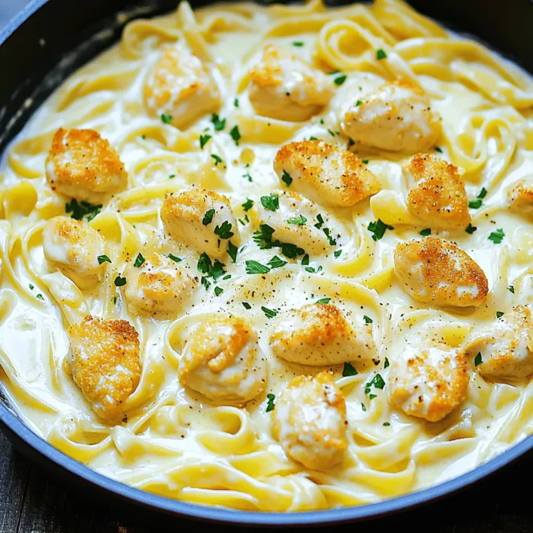 - 2 boneless, skinless chicken breasts, cut into bite-sized pieces - 2 tablespoons olive oil - 3 cups chicken broth - 8 ounces fettuccine pasta - 1 cup heavy cream - 1 cup grated Parmesan cheese One Pot Chicken Alfredo starts with chicken, pasta, cream, and cheese. I love using boneless, skinless chicken breasts for this dish. They cook fast and stay juicy. For pasta, fettuccine is a classic choice, but you can use any type you like. Heavy cream gives this dish its rich texture, while Parmesan cheese adds a savory kick. - 2 cloves garlic, minced - 1 teaspoon Italian seasoning - Salt and pepper to taste Seasonings are key in this recipe. Garlic brings a nice flavor and aroma. Italian seasoning adds herbs like basil and oregano, which make the dish taste fresh. Use salt and pepper to enhance all the flavors. Adjust them based on your taste. - Large pot or deep skillet - Measuring cups and spoons - Wooden spoon or spatula You need a few simple tools for this recipe. A large pot or deep skillet helps cook everything in one go. Measuring cups and spoons ensure you add the right amounts. Use a wooden spoon or spatula to stir the ingredients. These tools make cooking easy and fun. For the full recipe, check out the [Full Recipe]. Preparing the chicken Start with two boneless, skinless chicken breasts. Cut them into bite-sized pieces. Heat two tablespoons of olive oil in a large pot over medium heat. Add the chicken pieces to the pot. Season with salt and pepper. Cook for about 5-7 minutes until the chicken turns golden and is fully cooked. Remove the chicken from the pot and set it aside. Sautéing garlic In the same pot, add two cloves of minced garlic. Sauté for about 30 seconds until it smells great. This step adds a rich flavor to your dish. Boiling chicken broth Next, pour in three cups of chicken broth and bring it to a boil. The broth adds depth and richness to the pasta. Adding fettuccine Once the broth is boiling, add 8 ounces of fettuccine pasta. Cook it according to the package instructions. Stir occasionally. You want the pasta to be al dente, which means it should be firm but not hard. Mixing cream and cheese After the pasta is cooked, lower the heat. Stir in one cup of heavy cream and one teaspoon of Italian seasoning. Mix until combined. Gradually add one cup of grated Parmesan cheese. Keep stirring until the cheese melts and the sauce becomes creamy. Returning the chicken to the pot Finally, return the cooked chicken to the pot. Mix everything together until well combined. Taste the dish and adjust the seasoning with more salt and pepper if you like. Serve hot, garnished with freshly chopped parsley. Enjoy your creamy One Pot Chicken Alfredo! For the full recipe, check the previous section. - Avoid overcooking the chicken: Cook your chicken just until it's no longer pink. This keeps it juicy and tender. Overcooked chicken can become dry and tough. Aim for about 5-7 minutes on medium heat. - Choosing the right pasta: Fettuccine works best for this dish. Its flat shape holds the creamy sauce well. You can also try penne or rigatoni if you prefer. - Optional spices and herbs: Add a pinch of red pepper flakes for heat. You can also sprinkle in fresh basil or oregano for added flavor. These herbs brighten up the dish and make it more aromatic. - Serving suggestions: Serve your One Pot Chicken Alfredo with a side salad or garlic bread. A crisp salad balances the rich flavors of the pasta. - Managing heat levels: Keep your heat on medium to avoid burning the garlic. Garlic cooks quickly and can turn bitter if overcooked. If the pot gets too hot, lower the heat to maintain control. - Stirring for optimal creaminess: Stirring often while adding the cream and cheese helps create a smooth sauce. Make sure to scrape the bottom of the pot. This prevents sticking and ensures every bite is creamy. These tips will help you make a delicious One Pot Chicken Alfredo. For the detailed recipe, check out the Full Recipe. Enjoy your cooking! {{image_2}} You can switch up the proteins in this dish. Try shrimp, turkey, or even tofu. Each will give a new flavor. If you want a lighter option, chicken thighs work well too. For pasta, you can use different types. Penne, rigatoni, or even gluten-free pasta all work great. Choose what you like best! If you need gluten-free options, use gluten-free pasta. There are many great brands available. They cook well and taste good too. For a dairy-free version, swap the heavy cream with coconut milk or almond milk. Use a dairy-free cheese to keep the flavor. Add vegetables for extra nutrition and flavor. Spinach, peas, or broccoli can mix in easily. They add color and taste to your dish. Try adding spices for a flavor twist. A pinch of red pepper flakes gives heat. Fresh basil or thyme can add a fresh touch. For the Full Recipe, follow the steps and enjoy your cooking! To keep your One Pot Chicken Alfredo fresh, store it in an airtight container. This helps prevent moisture loss and keeps flavors intact. Let the dish cool before sealing it. You can store it in the fridge for up to three days. When you're ready to eat, you can reheat the leftovers quickly. Use the microwave or a stovetop. If using the microwave, heat in short bursts, stirring in between. For the stovetop, add a splash of chicken broth or cream to keep it creamy. Stir often to prevent sticking. Yes, you can freeze One Pot Chicken Alfredo! Divide it into portions in freezer-safe containers. It can last up to three months. To thaw, place it in the fridge overnight. For quick reheating, use the microwave or stovetop, just like with the leftovers. It takes about 30 minutes to make One Pot Chicken Alfredo. You need 10 minutes to prep. The cooking time is around 20 minutes. This fast recipe is perfect for busy nights when you want a tasty meal. Yes, you can make it ahead of time. Cook the dish as usual, then cool it. Store it in an airtight container in the fridge for up to three days. When ready to eat, just reheat on the stove. Add a splash of broth to keep it creamy. You can use several alternatives for heavy cream. Options include whole milk, half-and-half, or coconut milk. Each gives a different flavor and creaminess. If you want a low-fat choice, try plain yogurt or sour cream. Just mix it in slowly to avoid curdling. To make a lighter version, use less cream. You can swap heavy cream for low-fat milk or a dairy-free alternative. Use whole wheat pasta for added fiber. Add more veggies like broccoli or spinach for nutrition. This way, you keep the taste without the extra calories. One Pot Chicken Alfredo is easy and fun to make. You learned about key ingredients, seasonings, and tools. I shared step-by-step instructions and tips for perfecting the dish. You can also explore delicious variations and storage methods. Whether you choose classic or healthier options, this recipe is a win. Enjoy cooking, sharing, and savoring your homemade meal. Your taste buds will thank you!