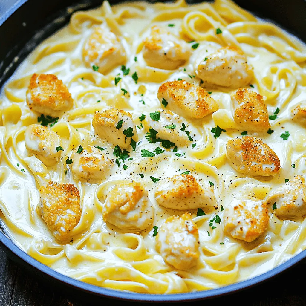 - 2 boneless, skinless chicken breasts, cut into bite-sized pieces - 2 tablespoons olive oil - 3 cups chicken broth - 8 ounces fettuccine pasta - 1 cup heavy cream - 1 cup grated Parmesan cheese One Pot Chicken Alfredo starts with chicken, pasta, cream, and cheese. I love using boneless, skinless chicken breasts for this dish. They cook fast and stay juicy. For pasta, fettuccine is a classic choice, but you can use any type you like. Heavy cream gives this dish its rich texture, while Parmesan cheese adds a savory kick. - 2 cloves garlic, minced - 1 teaspoon Italian seasoning - Salt and pepper to taste Seasonings are key in this recipe. Garlic brings a nice flavor and aroma. Italian seasoning adds herbs like basil and oregano, which make the dish taste fresh. Use salt and pepper to enhance all the flavors. Adjust them based on your taste. - Large pot or deep skillet - Measuring cups and spoons - Wooden spoon or spatula You need a few simple tools for this recipe. A large pot or deep skillet helps cook everything in one go. Measuring cups and spoons ensure you add the right amounts. Use a wooden spoon or spatula to stir the ingredients. These tools make cooking easy and fun. For the full recipe, check out the [Full Recipe]. Preparing the chicken Start with two boneless, skinless chicken breasts. Cut them into bite-sized pieces. Heat two tablespoons of olive oil in a large pot over medium heat. Add the chicken pieces to the pot. Season with salt and pepper. Cook for about 5-7 minutes until the chicken turns golden and is fully cooked. Remove the chicken from the pot and set it aside. Sautéing garlic In the same pot, add two cloves of minced garlic. Sauté for about 30 seconds until it smells great. This step adds a rich flavor to your dish. Boiling chicken broth Next, pour in three cups of chicken broth and bring it to a boil. The broth adds depth and richness to the pasta. Adding fettuccine Once the broth is boiling, add 8 ounces of fettuccine pasta. Cook it according to the package instructions. Stir occasionally. You want the pasta to be al dente, which means it should be firm but not hard. Mixing cream and cheese After the pasta is cooked, lower the heat. Stir in one cup of heavy cream and one teaspoon of Italian seasoning. Mix until combined. Gradually add one cup of grated Parmesan cheese. Keep stirring until the cheese melts and the sauce becomes creamy. Returning the chicken to the pot Finally, return the cooked chicken to the pot. Mix everything together until well combined. Taste the dish and adjust the seasoning with more salt and pepper if you like. Serve hot, garnished with freshly chopped parsley. Enjoy your creamy One Pot Chicken Alfredo! For the full recipe, check the previous section. - Avoid overcooking the chicken: Cook your chicken just until it's no longer pink. This keeps it juicy and tender. Overcooked chicken can become dry and tough. Aim for about 5-7 minutes on medium heat. - Choosing the right pasta: Fettuccine works best for this dish. Its flat shape holds the creamy sauce well. You can also try penne or rigatoni if you prefer. - Optional spices and herbs: Add a pinch of red pepper flakes for heat. You can also sprinkle in fresh basil or oregano for added flavor. These herbs brighten up the dish and make it more aromatic. - Serving suggestions: Serve your One Pot Chicken Alfredo with a side salad or garlic bread. A crisp salad balances the rich flavors of the pasta. - Managing heat levels: Keep your heat on medium to avoid burning the garlic. Garlic cooks quickly and can turn bitter if overcooked. If the pot gets too hot, lower the heat to maintain control. - Stirring for optimal creaminess: Stirring often while adding the cream and cheese helps create a smooth sauce. Make sure to scrape the bottom of the pot. This prevents sticking and ensures every bite is creamy. These tips will help you make a delicious One Pot Chicken Alfredo. For the detailed recipe, check out the Full Recipe. Enjoy your cooking! {{image_2}} You can switch up the proteins in this dish. Try shrimp, turkey, or even tofu. Each will give a new flavor. If you want a lighter option, chicken thighs work well too. For pasta, you can use different types. Penne, rigatoni, or even gluten-free pasta all work great. Choose what you like best! If you need gluten-free options, use gluten-free pasta. There are many great brands available. They cook well and taste good too. For a dairy-free version, swap the heavy cream with coconut milk or almond milk. Use a dairy-free cheese to keep the flavor. Add vegetables for extra nutrition and flavor. Spinach, peas, or broccoli can mix in easily. They add color and taste to your dish. Try adding spices for a flavor twist. A pinch of red pepper flakes gives heat. Fresh basil or thyme can add a fresh touch. For the Full Recipe, follow the steps and enjoy your cooking! To keep your One Pot Chicken Alfredo fresh, store it in an airtight container. This helps prevent moisture loss and keeps flavors intact. Let the dish cool before sealing it. You can store it in the fridge for up to three days. When you're ready to eat, you can reheat the leftovers quickly. Use the microwave or a stovetop. If using the microwave, heat in short bursts, stirring in between. For the stovetop, add a splash of chicken broth or cream to keep it creamy. Stir often to prevent sticking. Yes, you can freeze One Pot Chicken Alfredo! Divide it into portions in freezer-safe containers. It can last up to three months. To thaw, place it in the fridge overnight. For quick reheating, use the microwave or stovetop, just like with the leftovers. It takes about 30 minutes to make One Pot Chicken Alfredo. You need 10 minutes to prep. The cooking time is around 20 minutes. This fast recipe is perfect for busy nights when you want a tasty meal. Yes, you can make it ahead of time. Cook the dish as usual, then cool it. Store it in an airtight container in the fridge for up to three days. When ready to eat, just reheat on the stove. Add a splash of broth to keep it creamy. You can use several alternatives for heavy cream. Options include whole milk, half-and-half, or coconut milk. Each gives a different flavor and creaminess. If you want a low-fat choice, try plain yogurt or sour cream. Just mix it in slowly to avoid curdling. To make a lighter version, use less cream. You can swap heavy cream for low-fat milk or a dairy-free alternative. Use whole wheat pasta for added fiber. Add more veggies like broccoli or spinach for nutrition. This way, you keep the taste without the extra calories. One Pot Chicken Alfredo is easy and fun to make. You learned about key ingredients, seasonings, and tools. I shared step-by-step instructions and tips for perfecting the dish. You can also explore delicious variations and storage methods. Whether you choose classic or healthier options, this recipe is a win. Enjoy cooking, sharing, and savoring your homemade meal. Your taste buds will thank you!