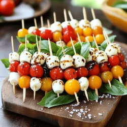 - 12 cherry tomatoes - 12 mini mozzarella balls - 12 fresh basil leaves - 2 tablespoons balsamic glaze - 1 tablespoon extra virgin olive oil - Salt and pepper to taste - 12 wooden or bamboo skewers How do I pick ripe cherry tomatoes? Look for tomatoes that are bright and firm. The skin should have no blemishes. A sweet smell means they are ripe. What should I look for in fresh basil? Choose basil with bright green leaves. The leaves should be crisp and fragrant, not wilted. Avoid discolored leaves. Why is quality balsamic glaze important? A good balsamic glaze has rich flavor and sweetness. Avoid cheap versions that taste too acidic or thin. A thick, syrupy glaze adds the best taste to your skewers. Using quality ingredients makes your Easy Caprese Skewers taste amazing. These simple choices make a big difference. For the full recipe, check out the details above. Start by rinsing the cherry tomatoes and fresh basil leaves under cold water. This step ensures they are clean and ready to eat. After rinsing, pat both the tomatoes and basil leaves dry with a paper towel. This helps to remove excess water, which can make your skewers soggy. Next, prepare your mozzarella balls. If they come in water, drain them well. You want them dry so they will stick well to the other ingredients. If you have larger balls, cut them in half for better threading. This will make it easier to fit them onto the skewers. Now, it's time to assemble your skewers. Take a wooden or bamboo skewer and thread one cherry tomato onto it. Next, add a fresh basil leaf, followed by a mozzarella ball. Repeat this process until you use all the ingredients. End with a cherry tomato on top for a bright finish. For a visually appealing skewer, try to alternate the colors and shapes. This will make your skewers look more vibrant and inviting. Keep the ingredients snug but not too tight, allowing the flavors to blend nicely without falling apart. Once all your skewers are assembled, it's time to add some flavor. Drizzle the skewers with extra virgin olive oil and balsamic glaze. This adds a rich taste and enhances the overall experience. Aim for a light drizzle to avoid overpowering the fresh ingredients. Finally, season with salt and pepper to taste. Sprinkle it evenly over the skewers to ensure every bite has flavor. For an extra touch, you can drizzle a bit more balsamic glaze over the top before serving. This makes them look professional and appetizing. Make sure to check out the Full Recipe for additional tips and serving suggestions! To make stable skewers, start with a cherry tomato. Next, add a basil leaf. Then, thread a mozzarella ball. Repeat until all ingredients are on the skewer. End with another tomato. This order keeps everything balanced and colorful. Common mistakes include overcrowding the skewer and not using fresh ingredients. Avoid pushing the items too close together. Each piece should have space to shine. Fresh ingredients taste better and look more appealing. For serving, choose a large white platter. It makes the colors pop. You can also use wooden boards for a rustic feel. Arrange the skewers in a fan shape or in rows. This way, guests can easily grab one. Pair your skewers with a light white wine, like Sauvignon Blanc. It complements the flavors well. You can also serve them with other appetizers, like bruschetta or olives, for a tasty spread. To spice things up, try adding toppings like pesto or sun-dried tomatoes. These add depth to each bite. You can also sprinkle some Italian herbs for extra flavor. If you like heat, add sliced jalapeños or a pinch of chili flakes. This will give your skewers a fun kick. For the full recipe, check out the Easy Caprese Skewers Delight! {{image_2}} If you want to make your Caprese skewers vegan, you can swap out the mozzarella. Use marinated tofu or avocado instead. Both options add creaminess and taste great. You can also explore different veggies. Try bell peppers, zucchini, or artichokes. These add color and crunch, making your skewers even more exciting. Caprese skewers fit many themes. For an Italian night, pair them with pasta and wine. They add a fresh touch to the meal. In summer, these skewers shine at BBQs. Just serve them cold for a refreshing bite. For holidays, use colorful cherry tomatoes and festive garnishes. They brighten any gathering. Serving your skewers can be fun! Use a wooden board or a colorful plate to display them. You can even stand them upright in a jar! This makes them easy to grab. Add edible flowers or herbs for a pop of color. These simple touches impress your guests and make your dish stand out. For more details, check out the [Full Recipe]. To keep your leftover Caprese skewers fresh, store them in the fridge. Place them in an airtight container. This helps prevent the flavors from mixing too much. If you have extra cherry tomatoes or basil, store these separately. This keeps everything fresh for longer. - Best practices for refrigeration: Use a container that seals tightly. - How to store ingredients separately for freshness: Keep mozzarella balls in their liquid if possible. Store basil in a damp paper towel to avoid wilting. You can enjoy these skewers cold right from the fridge. The fresh flavors shine in their original state. If you prefer them warm, reheat them carefully. - When to reheat and when to eat cold: Serve cold for the best taste. Reheat if you like warm dishes. - Methods for reheating without compromising flavor: Use a microwave for a few seconds. Avoid overcooking them. This helps maintain the fresh taste and texture. Keeping these tips in mind ensures your Easy Caprese Skewers stay delicious and ready to enjoy! You can store Caprese skewers in the fridge for up to two days. After that, the ingredients may lose their freshness. Keep them in an airtight container to maintain flavor and texture. Yes, you can prepare Caprese skewers a few hours ahead of time. Just make sure to store them in the fridge until you are ready to serve. If you plan to make them the night before, add the balsamic glaze just before serving. This keeps the skewers fresh and tasty. If you don’t have balsamic glaze, you can use balsamic vinegar or a lemon vinaigrette. Both add a nice tangy flavor. You could also try a sweet chili sauce for a different twist. Each option will give your skewers a unique taste. This blog post covered making delicious Caprese skewers. We discussed key ingredients and how to choose the best ones. I shared step-by-step instructions to prepare and assemble your skewers. Tips for serving and creative variations made the process fun. Remember, using fresh ingredients enhances the taste. Don't hesitate to try new flavors or make it your own. Enjoy your culinary creation and impress your friends at your next gathering!