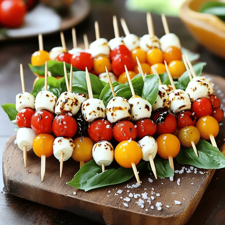 - 12 cherry tomatoes - 12 mini mozzarella balls - 12 fresh basil leaves - 2 tablespoons balsamic glaze - 1 tablespoon extra virgin olive oil - Salt and pepper to taste - 12 wooden or bamboo skewers How do I pick ripe cherry tomatoes? Look for tomatoes that are bright and firm. The skin should have no blemishes. A sweet smell means they are ripe. What should I look for in fresh basil? Choose basil with bright green leaves. The leaves should be crisp and fragrant, not wilted. Avoid discolored leaves. Why is quality balsamic glaze important? A good balsamic glaze has rich flavor and sweetness. Avoid cheap versions that taste too acidic or thin. A thick, syrupy glaze adds the best taste to your skewers. Using quality ingredients makes your Easy Caprese Skewers taste amazing. These simple choices make a big difference. For the full recipe, check out the details above. Start by rinsing the cherry tomatoes and fresh basil leaves under cold water. This step ensures they are clean and ready to eat. After rinsing, pat both the tomatoes and basil leaves dry with a paper towel. This helps to remove excess water, which can make your skewers soggy. Next, prepare your mozzarella balls. If they come in water, drain them well. You want them dry so they will stick well to the other ingredients. If you have larger balls, cut them in half for better threading. This will make it easier to fit them onto the skewers. Now, it's time to assemble your skewers. Take a wooden or bamboo skewer and thread one cherry tomato onto it. Next, add a fresh basil leaf, followed by a mozzarella ball. Repeat this process until you use all the ingredients. End with a cherry tomato on top for a bright finish. For a visually appealing skewer, try to alternate the colors and shapes. This will make your skewers look more vibrant and inviting. Keep the ingredients snug but not too tight, allowing the flavors to blend nicely without falling apart. Once all your skewers are assembled, it's time to add some flavor. Drizzle the skewers with extra virgin olive oil and balsamic glaze. This adds a rich taste and enhances the overall experience. Aim for a light drizzle to avoid overpowering the fresh ingredients. Finally, season with salt and pepper to taste. Sprinkle it evenly over the skewers to ensure every bite has flavor. For an extra touch, you can drizzle a bit more balsamic glaze over the top before serving. This makes them look professional and appetizing. Make sure to check out the Full Recipe for additional tips and serving suggestions! To make stable skewers, start with a cherry tomato. Next, add a basil leaf. Then, thread a mozzarella ball. Repeat until all ingredients are on the skewer. End with another tomato. This order keeps everything balanced and colorful. Common mistakes include overcrowding the skewer and not using fresh ingredients. Avoid pushing the items too close together. Each piece should have space to shine. Fresh ingredients taste better and look more appealing. For serving, choose a large white platter. It makes the colors pop. You can also use wooden boards for a rustic feel. Arrange the skewers in a fan shape or in rows. This way, guests can easily grab one. Pair your skewers with a light white wine, like Sauvignon Blanc. It complements the flavors well. You can also serve them with other appetizers, like bruschetta or olives, for a tasty spread. To spice things up, try adding toppings like pesto or sun-dried tomatoes. These add depth to each bite. You can also sprinkle some Italian herbs for extra flavor. If you like heat, add sliced jalapeños or a pinch of chili flakes. This will give your skewers a fun kick. For the full recipe, check out the Easy Caprese Skewers Delight! {{image_2}} If you want to make your Caprese skewers vegan, you can swap out the mozzarella. Use marinated tofu or avocado instead. Both options add creaminess and taste great. You can also explore different veggies. Try bell peppers, zucchini, or artichokes. These add color and crunch, making your skewers even more exciting. Caprese skewers fit many themes. For an Italian night, pair them with pasta and wine. They add a fresh touch to the meal. In summer, these skewers shine at BBQs. Just serve them cold for a refreshing bite. For holidays, use colorful cherry tomatoes and festive garnishes. They brighten any gathering. Serving your skewers can be fun! Use a wooden board or a colorful plate to display them. You can even stand them upright in a jar! This makes them easy to grab. Add edible flowers or herbs for a pop of color. These simple touches impress your guests and make your dish stand out. For more details, check out the [Full Recipe]. To keep your leftover Caprese skewers fresh, store them in the fridge. Place them in an airtight container. This helps prevent the flavors from mixing too much. If you have extra cherry tomatoes or basil, store these separately. This keeps everything fresh for longer. - Best practices for refrigeration: Use a container that seals tightly. - How to store ingredients separately for freshness: Keep mozzarella balls in their liquid if possible. Store basil in a damp paper towel to avoid wilting. You can enjoy these skewers cold right from the fridge. The fresh flavors shine in their original state. If you prefer them warm, reheat them carefully. - When to reheat and when to eat cold: Serve cold for the best taste. Reheat if you like warm dishes. - Methods for reheating without compromising flavor: Use a microwave for a few seconds. Avoid overcooking them. This helps maintain the fresh taste and texture. Keeping these tips in mind ensures your Easy Caprese Skewers stay delicious and ready to enjoy! You can store Caprese skewers in the fridge for up to two days. After that, the ingredients may lose their freshness. Keep them in an airtight container to maintain flavor and texture. Yes, you can prepare Caprese skewers a few hours ahead of time. Just make sure to store them in the fridge until you are ready to serve. If you plan to make them the night before, add the balsamic glaze just before serving. This keeps the skewers fresh and tasty. If you don’t have balsamic glaze, you can use balsamic vinegar or a lemon vinaigrette. Both add a nice tangy flavor. You could also try a sweet chili sauce for a different twist. Each option will give your skewers a unique taste. This blog post covered making delicious Caprese skewers. We discussed key ingredients and how to choose the best ones. I shared step-by-step instructions to prepare and assemble your skewers. Tips for serving and creative variations made the process fun. Remember, using fresh ingredients enhances the taste. Don't hesitate to try new flavors or make it your own. Enjoy your culinary creation and impress your friends at your next gathering!