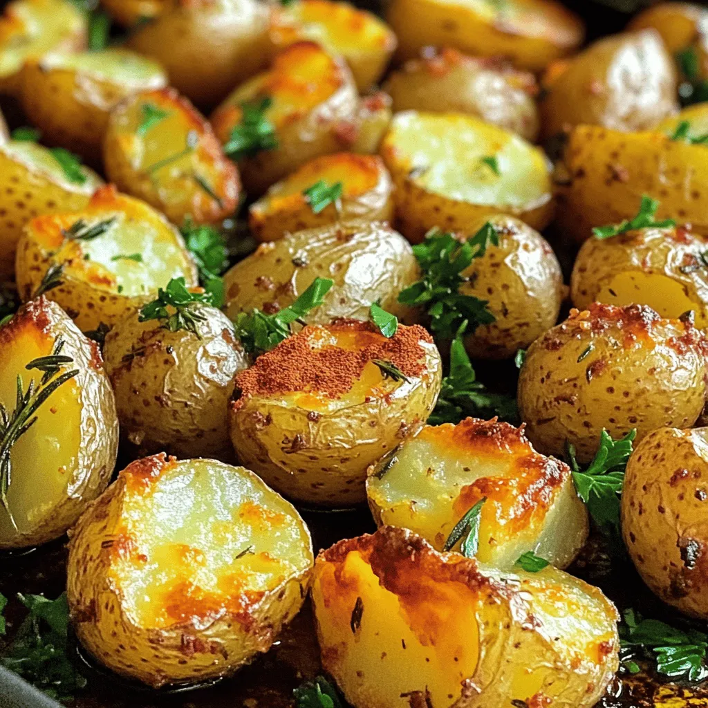 - 2 pounds baby Yukon gold potatoes - 4 tablespoons olive oil - 4 cloves garlic, minced - 1 tablespoon fresh rosemary, finely chopped - 1 tablespoon fresh thyme, finely chopped - 1 teaspoon paprika - Salt and pepper to taste - Fresh parsley, for garnish (optional) To make Garlic Herb Roasted Potatoes, you need simple, fresh ingredients. Start with baby Yukon gold potatoes. They are creamy and flavorful. You will use two pounds, and halving them helps them cook evenly. Next, grab four tablespoons of olive oil. This oil adds richness and helps the herbs stick. For flavor, use four cloves of garlic. Minced garlic gives a strong, aromatic taste. Fresh herbs like rosemary and thyme shine in this dish. You’ll need one tablespoon of each, finely chopped. Add one teaspoon of paprika for a hint of warmth. Lastly, season with salt and pepper to your taste. If you want a nice touch, you can garnish with fresh parsley. It adds color and freshness. Now, you have all the ingredients ready. Check the full recipe for precise measurements and instructions. 1. Preheat your oven to 400°F (200°C). This helps the potatoes cook evenly. 2. Prepare a large baking sheet. Line it with parchment paper to make cleanup easy. 3. In a large bowl, combine the ingredients. Add 2 pounds of halved baby Yukon gold potatoes, 4 tablespoons of olive oil, 4 minced garlic cloves, 1 tablespoon of finely chopped rosemary, 1 tablespoon of finely chopped thyme, and 1 teaspoon of paprika. 4. Season with salt and pepper. Use a good amount to bring out the flavors. 5. Toss the potatoes. Make sure every piece is coated evenly in the oil and herbs. 1. Arrange the potatoes on the baking sheet. Spread them in a single layer for even cooking. 2. Roast the potatoes in the preheated oven for 30-35 minutes. Flip them halfway through. This ensures they brown nicely on all sides. 1. Check for doneness. The potatoes should be golden brown and fork-tender. 2. Remove from the oven and let cool for a few minutes. This helps them firm up a bit. 3. Garnish with fresh parsley if you like. It adds a nice color and flavor before serving. For the full recipe, be sure to check that section. Enjoy your tasty garlic herb roasted potatoes! Preheating the oven is a must. A hot oven cooks the potatoes evenly and helps them crisp up. Set the oven to 400°F (200°C) before you start. While it heats, you can prep your ingredients. Using parchment paper makes cleanup easy. Simply line your baking sheet with it. This prevents the potatoes from sticking and keeps the sheet clean. You will thank yourself later for this simple step. To add more flavor, think about using other herbs. Oregano, basil, or dill can work well. Each herb will give your dish a new twist. You can mix and match to find your favorite blend. Different types of potatoes can change the taste and texture. Try red potatoes or fingerling potatoes for a unique experience. Each type has its own flavor, so explore and find what you like best. Adjust the cook time based on potato size. Smaller pieces cook faster, while larger ones take longer. If your potatoes are cut smaller, check them at 25 minutes for doneness. For the crispiest results, use the bake setting. Avoid using the broil setting until the end, as it can burn the potatoes. Roasting at 400°F gives a golden brown outside while keeping the inside tender. Remember to flip them halfway through for even cooking. {{image_2}} You can change the oil in this recipe. Try using avocado oil instead of olive oil. It adds a nice flavor. You can also use other oils like canola or sunflower. Each one gives a unique twist to the dish. If you want to switch the seasonings, feel free to experiment. Herbs like oregano or basil can work well. You can also use garlic powder if you don’t have fresh garlic. Just remember, fresh herbs often taste better. Adding other veggies can make this dish even better. Carrots, bell peppers, or onions blend nicely with the potatoes. Chop them into similar sizes so they cook evenly. You could also mix in sweet potatoes. They add a bit of sweetness and color. Just make sure to cut them into small pieces for faster cooking. All the ingredients in this recipe are vegan and gluten-free. You can enjoy it without worry. To add more flavor, try using vegan sauces. A bit of balsamic glaze or a tahini dressing can create a new taste profile. You can also make this dish with any herb or sauce you love. Cooking is all about your taste! Check the [Full Recipe] for easy steps to follow. To keep your Garlic Herb Roasted Potatoes fresh, let them cool down first. This step helps prevent moisture build-up. Once they are cool, place them in an airtight container. Use a glass or plastic container with a tight seal to keep them fresh. You can also use a resealable bag, but squeeze out the air before sealing. When you want to enjoy your leftovers, reheating them properly is important. The best way to reheat is in the oven. Preheat your oven to 350°F (175°C). Spread the potatoes on a baking sheet for even heating. Bake for about 10-15 minutes until heated through. If you are in a hurry, you can use the microwave. Place the potatoes in a microwave-safe dish. Heat them on medium power for 1-2 minutes. Check and stir halfway for better results. However, using the oven gives you a better texture. You can freeze your Garlic Herb Roasted Potatoes if you have extra. First, let them cool completely. Then, place them in a freezer-safe container or bag. They can last up to 3 months in the freezer. When you are ready to eat them, remove them from the freezer. Thaw them in the fridge overnight for best results. After thawing, reheat in the oven for crispy potatoes again. To make your Garlic Herb Roasted Potatoes crispy, start with dry potatoes. After washing them, pat them dry with a towel. This helps remove extra moisture. Another tip is to cut the potatoes into even sizes. This ensures they all cook at the same rate. Use enough olive oil to coat each potato piece well. This creates a nice crispy layer. Lastly, spread them out on the baking sheet. Leaving space between potatoes allows hot air to circulate. Flip them halfway through cooking for even crispiness. Yes, you can use many different herbs! Try using fresh oregano or basil for a new twist. Dill or parsley also adds a fresh flavor. If you love heat, add some chili flakes with your herbs. Each herb brings a unique taste, so feel free to mix and match. Just remember to adjust the amount based on your taste. Garlic Herb Roasted Potatoes pair well with many dishes. They make a great side for roasted chicken or grilled steak. You can serve them alongside a fresh salad for a lighter meal. Try them with a creamy dip or sauce to enhance the flavor. They also work nicely with roasted vegetables, adding color and taste to your plate. This recipe takes about 45 minutes to make. You will spend about 10 minutes prepping the ingredients. The roasting time is around 30-35 minutes. It’s a quick and easy dish that fits well into any meal plan. Yes, this recipe is great for meal prep! You can make a big batch and store leftovers. After cooking, let the potatoes cool completely. Store them in an airtight container in the fridge. They last about 3-5 days. You can also freeze them for longer storage. Just remember to reheat them well to keep that crispy texture. Garlic Herb Roasted Potatoes are simple to make and full of flavor. We covered ingredients, step-by-step cooking, and storage tips. You can adjust herbs, use different oils, and easily reheat leftovers. This dish is perfect for meal prep and pairs well with many foods. Remember to follow the tips for crispiness and variations to keep things exciting. Enjoy these tasty potatoes as a side or a star. Happy cooking!