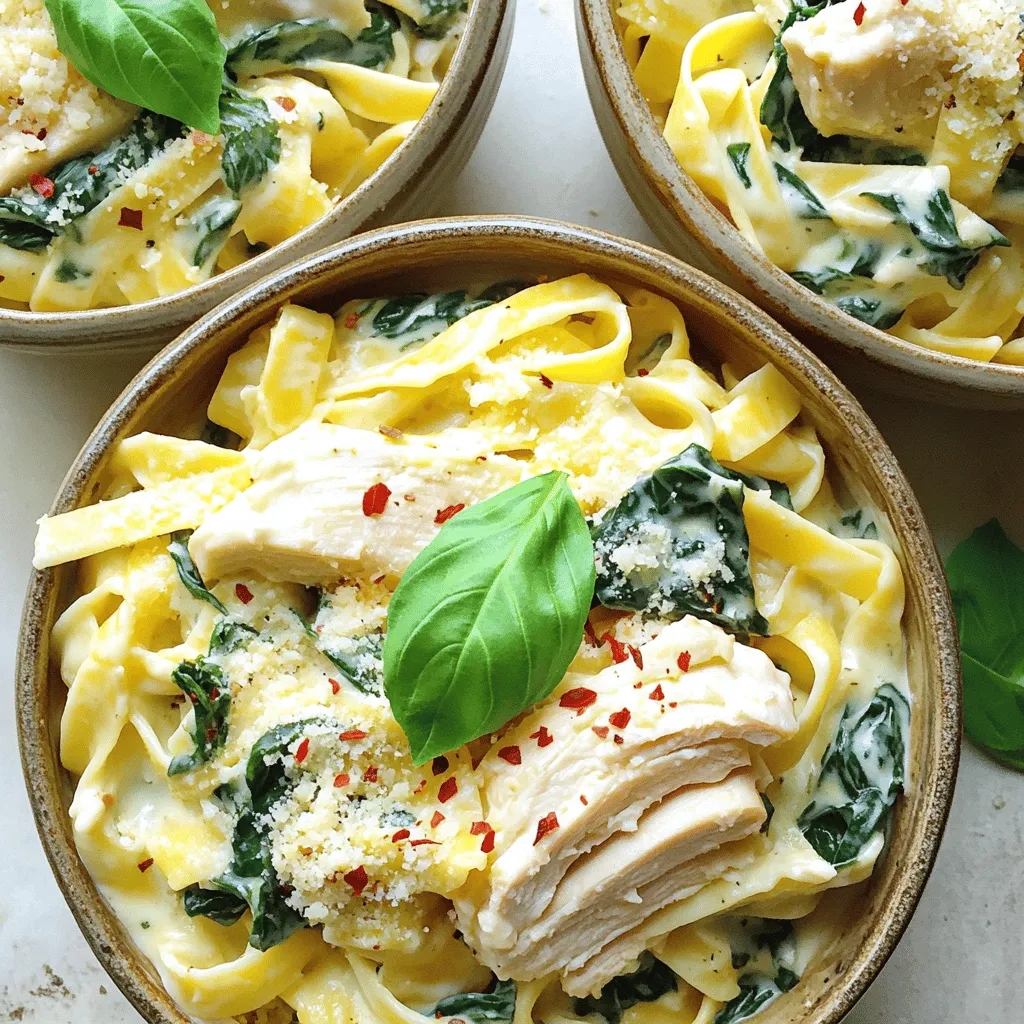 - 2 boneless, skinless chicken breasts - 8 oz fettuccine pasta - 2 cups fresh spinach - 1 cup heavy cream - 1 cup grated Parmesan cheese - 2 tablespoons olive oil - 2 cloves garlic, minced - Salt and pepper to taste - Fresh basil leaves for garnish - Red pepper flakes for a spicy kick I love using fresh and quality ingredients for Chicken and Spinach Alfredo. Start with two boneless, skinless chicken breasts. They cook quickly and stay juicy. Fettuccine pasta is the star here, and eight ounces is just right. Fresh spinach adds color and nutrition. You’ll need two cups for that vibrant touch. Next, heavy cream makes the sauce rich and creamy. One cup is perfect to create that smooth texture. To finish it off, use one cup of grated Parmesan cheese. It’s salty and adds flavor. For extra taste, consider these optional ingredients. Two tablespoons of olive oil help cook the chicken and add flavor. Minced garlic gives a nice aroma and taste, so grab two cloves. Don’t forget salt and pepper to season your dish. If you want to make it special, fresh basil leaves are great for garnish. They add freshness. For some heat, sprinkle red pepper flakes on top. They can give your meal a spicy kick. For the full recipe, you can find it [here](#). First, you need to boil a large pot of salted water. Once it boils, add 8 oz of fettuccine pasta. Stir it gently to prevent sticking. Cook the pasta until al dente, which takes about 8-10 minutes. You want it firm but not hard. Drain the pasta and set it aside. While the pasta cooks, take 2 boneless, skinless chicken breasts. Season both sides with salt and pepper. Heat 2 tablespoons of olive oil in a skillet over medium heat. Add the chicken breasts to the skillet. Cook for about 6-7 minutes on each side. You want the chicken golden brown and cooked through. Remove it from the skillet and let it rest. After a few minutes, slice it into thin strips. In the same skillet, add 2 cloves of minced garlic. Sauté it for about 30 seconds until it smells nice. Then, pour in 1 cup of heavy cream. Stir well and bring it to a gentle simmer. Lower the heat and whisk in 1 cup of grated Parmesan cheese. Keep stirring until the sauce is smooth and creamy. Now, add 2 cups of fresh spinach to the sauce. Cook the spinach until it wilts. Then, stir in the drained fettuccine. Mix well to coat all the pasta. Finally, top the pasta with the sliced chicken. Serve the dish right away for the best taste. You can sprinkle red pepper flakes for a little spice if you like. For a full recipe, check out the complete instructions above. To make chicken tender, start with good quality breasts. Season them with salt and pepper before cooking. Use medium heat in a skillet. Cook each side for 6-7 minutes. This keeps the juices inside. Remove the chicken and let it rest for a few minutes. Resting helps the juices settle. Then slice the chicken into thin strips for a nice presentation. To get a creamy Alfredo sauce, whisk the cheese in slowly. Start with low heat when you add the heavy cream. Stir until it's smooth. If the sauce is too thick, add a little pasta water. This keeps it creamy and helps the sauce stick to the pasta. Adjust the flavor with salt and pepper as needed. For a beautiful presentation, serve the dish in shallow bowls. This shows off the pasta and sauce well. Drizzle extra sauce over the top before serving. Garnish with freshly grated Parmesan cheese and a sprig of basil for color. You can also add red pepper flakes for a pop of color and spice. This makes your Chicken and Spinach Alfredo look appealing and inviting. {{image_2}} You can make a tasty vegetarian version of Chicken and Spinach Alfredo. Simply swap the chicken for mushrooms or tofu. These options add great texture and flavor. For mushrooms, use hearty varieties like portobello or shiitake. If you choose tofu, press it to remove extra water, then cube it for better frying. Adjust the seasonings too. You might want to add a bit more garlic or some herbs to boost the taste. Don't stop at just spinach! You can add other veggies to make the dish even better. Broccoli, bell peppers, or zucchini work well. Just chop them into bite-sized pieces. Keep in mind that different veggies need different cooking times. For instance, broccoli takes longer to cook than spinach. So, add it to the pan first, then follow with the other veggies. This way, everything cooks just right. If you're feeling adventurous, try different sauces! Marinara can give a fresh twist to your dish. You can also mix in some pesto for a burst of flavor. Don't be afraid to play with the Alfredo sauce. You can mix it with other flavors to create your own version. This keeps the dish exciting and new every time you make it. For more details, check the Full Recipe to see how these variations change the dish. To keep Chicken and Spinach Alfredo fresh, store it in an airtight container. Let it cool to room temperature before sealing. Place it in the fridge. Your dish will stay good for about three to four days. Always check for any signs of spoilage before eating. Freezing Chicken and Spinach Alfredo is easy. First, cool the dish completely. Then, place it in a freezer-safe container. Seal it tightly to prevent freezer burn. You can freeze it for up to three months. To keep the sauce creamy, avoid freezing it with the pasta. Instead, freeze the sauce and pasta separately. To reheat in the microwave, place the dish in a microwave-safe bowl. Cover it with a damp paper towel. Heat in short bursts, stirring in between. This helps keep the sauce creamy. For stovetop reheating, add a splash of cream or water to the pan. Heat on low, stirring gently until warm. Enjoy your flavorful meal again! Don’t forget, you can find the Full Recipe to recreate this dish from scratch! Chicken and Spinach Alfredo is a creamy pasta dish. It features fettuccine, tender chicken, and fresh spinach. The sauce is rich, made from heavy cream and Parmesan cheese. You cook the chicken until it’s golden brown. Then you mix it all together for a delightful meal. Yes, you can make Chicken and Spinach Alfredo ahead of time. Cook the pasta and chicken, then store them separately. For the sauce, you can prepare it in advance too. Keep everything in the fridge for up to two days. When you're ready to eat, just reheat and combine. This saves time on busy nights. Great sides for this dish include garlic bread or a fresh salad. You can also serve steamed veggies like broccoli or green beans. For drinks, a light white wine like Pinot Grigio pairs well. If you prefer non-alcoholic options, try sparkling water with lemon. These choices enhance your meal and make it even more enjoyable. This blog post shared how to make a tasty Chicken and Spinach Alfredo. You learned about key ingredients, like chicken, pasta, and creamy sauce. I covered cooking steps, tips for the best results, and variations to suit your taste. Remember, you can easily adjust this recipe to make it vegetarian or switch up the sauce. With simple storage tips, you can enjoy it later, too. Now you’re ready to cook a delicious meal that friends and family will love. Happy cooking!