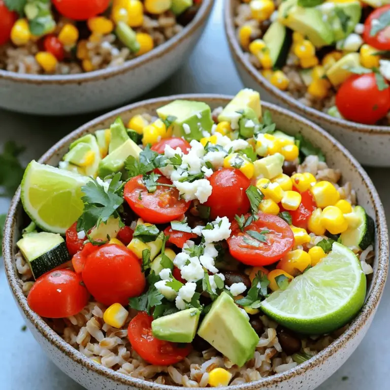 - 1 cup brown rice - 1 can (15 oz) black beans, rinsed and drained - 1 cup corn kernels (fresh, frozen, or canned) - 1 red bell pepper, diced - 1 small zucchini, diced - 1 cup cherry tomatoes, halved - 1 avocado, diced - 1/4 cup cilantro, chopped To make a perfect vegetarian burrito bowl, start with the essential ingredients. Brown rice forms the base. It gives a hearty feel and is full of fiber. Black beans add protein. They also bring a nice texture. Corn kernels add a sweet crunch. Use fresh, frozen, or canned corn. Next, add colorful vegetables like red bell pepper and zucchini. They add flavor and nutrients. Cherry tomatoes give a juicy burst. Avocado adds creaminess and healthy fats. Finally, sprinkle fresh cilantro for a bright finish. - Crumbled feta or cheddar cheese - Sour cream or Greek yogurt You can enhance your bowl with optional toppings. Crumbled feta or cheddar cheese brings a savory kick. Sour cream or Greek yogurt adds a creamy layer. These toppings can elevate your dish. - 1 teaspoon cumin - 1 teaspoon chili powder - 1 lime, juiced - Salt and pepper Herbs and spices are key to great flavor. Cumin and chili powder give warmth and depth. Lime juice adds brightness and balances the flavors. Don’t forget salt and pepper; they bring everything together. For the full experience, check the Full Recipe and enjoy making your vegetarian burrito bowl. - Prepare brown rice according to package instructions. - Fluff and set aside. Cooking the rice is easy. I like to use brown rice for its nutty flavor and health benefits. Follow the package guide for perfect rice every time. Once it's done cooking, fluff it with a fork. This keeps the grains separate and light. Set it aside, and let's move on to the vegetables. - Heat olive oil in a skillet over medium heat. - Add red bell pepper and zucchini. - Cook until softened. Next, grab a skillet and heat some olive oil over medium heat. The oil adds great flavor. Once hot, toss in diced red bell pepper and zucchini. Stir them for about five minutes. You want them soft but still bright. The colors will make your burrito bowl pop! - Add corn and black beans with spices. - Heat through and mix well. Now it's time to add more flavor. Stir in corn and black beans. They bring a nice texture and protein. Add cumin, chili powder, salt, and pepper. These spices give warmth and depth. Cook for another three to four minutes. Mix everything well until heated through. - Layer rice as the base. - Top with vegetable and bean mixture. - Add remaining toppings and lime juice. To build your burrito bowl, start with a generous layer of rice at the bottom. Then, pile on the sautéed vegetable and bean mix. Now for the fun part: add your favorite toppings! Sliced cherry tomatoes, diced avocado, and chopped cilantro look great. Finally, squeeze fresh lime juice over the top. The acidity brightens all the flavors. For the full recipe, you can refer to the Vibrant Veggie Burrito Bowls. Enjoy your delicious creation! To boost the taste of your burrito bowl, use fresh herbs like cilantro and parsley. You can also add spices like garlic powder or smoked paprika. Want more umami flavor? Try adding nutritional yeast or a splash of soy sauce. These ingredients can bring your dish to life. Fresh veggies give your bowl a nice crunch. Use diced cucumbers or radishes for extra texture. When layering, start with rice at the bottom. Then, add the bean and veggie mix, followed by tomatoes and avocado. This makes your bowl look beautiful and appetizing. Prep your ingredients the night before. Dice your veggies and cook the rice in advance. You can also use canned or frozen vegetables to save time. They cook quickly and still taste great in your burrito bowl. If you're short on time, these tricks help you enjoy a tasty meal without the fuss. {{image_2}} You can mix up your base by using different grains. Quinoa is a great choice. It adds a nice nutty flavor and is packed with protein. Cauliflower rice is another fun option. It keeps things low-carb and light. You can also switch to white or brown rice. Brown rice gives you more fiber, while white rice offers a softer texture. Both choices work well in a burrito bowl. Need more protein? Try adding tofu or tempeh. Both are great plant-based sources. Tofu soaks up flavors well, while tempeh has a firmer bite. You can also use egg or cheese alternatives. These options fit well into the burrito bowl. They add creaminess and richness to the meal. Want to change the flavor profile? Try a Southwest style with chipotle. This adds a smoky heat that wakes up the dish. You could also give it a Mediterranean flair. Adding olives and tzatziki brings a fresh twist. Both options make your burrito bowl more exciting and unique. For the full recipe, check out Vibrant Veggie Burrito Bowls. To store your burrito bowls, let them cool down first. Use airtight containers to keep them fresh. Place each ingredient in separate containers for the best taste. This way, the veggies stay crisp. Burrito bowls can last for three to four days in the fridge. After that, they may lose flavor and texture. If you want to freeze your burrito bowls, pack the ingredients in freezer-safe bags. Avoid freezing the avocado and tomatoes, as they change texture. Freeze the rice and beans, and veggies together. When you're ready to eat, thaw the components overnight in the fridge. Reheat on the stove or in the microwave until hot. To make your burrito bowls ahead of time, cook your rice and beans in bulk. Chop veggies and store them in containers. You can mix and match ingredients throughout the week. For meal prep, use clear containers so you can see what's inside. This also helps with portion control. Yes, you can prepare these burrito bowls ahead of time. Here are some tips to make meal prep easy: - Cook the brown rice and let it cool. Store it in the fridge. - Sauté the veggies and beans, then cool them before storing. - Keep toppings like avocado and cheese separate to prevent sogginess. - Assemble the bowls when ready to eat for the best taste. Healthy toppings can enhance your burrito bowl. Here are some great options: - Fresh cilantro adds a burst of flavor. - Diced avocado gives healthy fats. - Sliced jalapeños offer a spicy kick. - Chopped green onions add crunch and color. - Greek yogurt can replace sour cream for a healthier choice. You can easily change the spice level in your burrito bowls. Here’s how: - For a milder taste, skip the chili powder or use less. - Add a dollop of sour cream or yogurt to cool down the heat. - To make it spicier, add more chili powder or fresh jalapeños. - Consider using a hot sauce for an easy spice boost. Absolutely! You can use various beans in your burrito bowls. Here are some ideas: - Pinto beans work great for a different flavor. - Chickpeas can add a unique taste and texture. - Mixing black beans and kidney beans creates a fun blend. - Try lentils for a protein-packed option. For the full recipe, check out the Vibrant Veggie Burrito Bowls! In this guide, we explored how to create tasty burrito bowls. We covered essential ingredients like brown rice, black beans, and fresh veggies. You learned to combine flavors with herbs and spices. We also discussed tips for storage and meal prep. Now you can enjoy building your perfect burrito bowl. Keep trying new flavors and textures. Your meals will never be boring again. Let your creativity shine in each bowl you make!