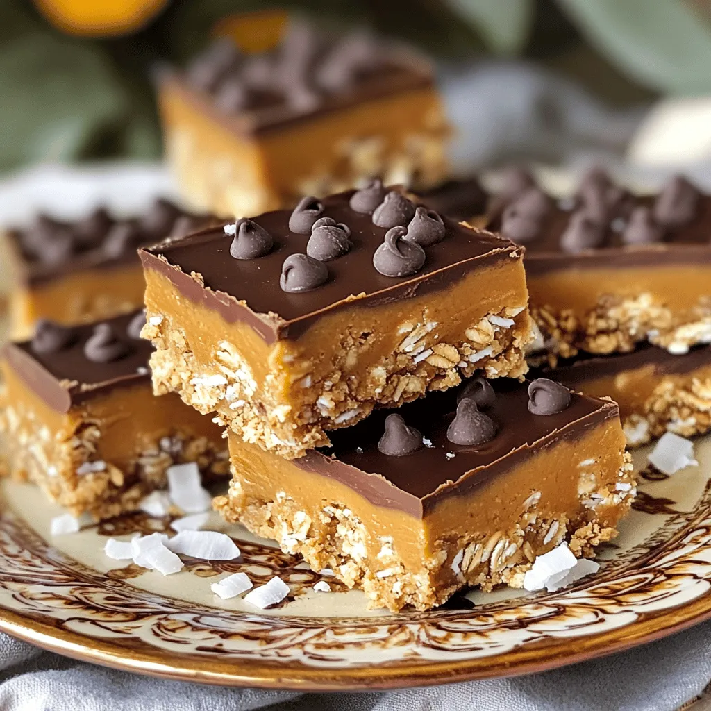 For my no-bake chocolate peanut butter bars, I use simple and tasty ingredients. Each one plays a big part in making these bars delicious and healthy. Here's what you need: - 1 cup creamy peanut butter - 1/2 cup honey or maple syrup - 1 cup rolled oats - 1/2 cup shredded coconut - 1/2 cup chocolate chips (dairy-free if desired) - 1/2 teaspoon vanilla extract - 1/4 teaspoon salt These ingredients blend together to create a soft, chewy treat. The creamy peanut butter brings rich flavor, while honey or maple syrup adds sweetness. Rolled oats give the bars a hearty texture. Shredded coconut adds a hint of tropical flavor. I love to use chocolate chips. They melt a little and add a nice touch. The vanilla extract gives a warm taste, while salt enhances all the other flavors. You can find the full recipe and enjoy making this easy snack. 1. Combining ingredients over low heat Start by taking a medium saucepan. Add the creamy peanut butter and honey (or maple syrup). Heat it over low heat. Stir the mixture until it gets smooth. This step helps blend the flavors. 2. Adding dry ingredients to the mixture Once the mixture is smooth, remove it from the heat. Now, add the vanilla extract and salt. Mix well. In a large bowl, combine rolled oats, shredded coconut, and half of the chocolate chips. Stir them to combine. 3. Preparing the baking dish Line an 8x8-inch square baking dish with parchment paper. Make sure to leave some paper hanging over the sides. This will help you lift the bars out later. 4. Pressing the mixture into the dish Pour the warm peanut butter mixture over the dry ingredients in the bowl. Stir everything until it is evenly mixed. Transfer this mixture into your prepared baking dish. Press it down firmly and evenly. 5. Refrigerating until set Sprinkle the other half of the chocolate chips on top of the pressed mixture. Gently press them in. Now, place the dish in the fridge for at least 2 hours. This helps the bars firm up nicely. For the full recipe, check the link above. To make the best no-bake chocolate peanut butter bars, use room temperature ingredients. This helps everything mix well and makes it easier to stir. Next, ensure even distribution of the chocolate chips. When you add them, mix thoroughly so each bite has chocolate. Lastly, press down firmly for the ideal texture. This makes your bars hold together better and feel nice when you bite into them. For serving, use a decorative plate. It makes your bars look fancy. You can drizzle extra melted chocolate over the top for a sweet touch. Another fun idea is to sprinkle sea salt on top. This adds a nice contrast to the sweet flavor. Try these tips to impress family and friends with your beautiful creations! For the complete recipe, check out the Full Recipe section. {{image_2}} You can easily swap ingredients if needed. Here are some ideas: - Alternatives for peanut butter: Try almond butter or sunflower seed butter. Both work well and give a nice taste. - Sweetener options: Instead of honey, use agave syrup or stevia. These will change the flavor but keep it sweet. - Mixing in additional ingredients: Toss in some chopped nuts, dried fruit, or seeds. These add crunch and flavor. You can change the taste with a few simple tweaks: - Adding different extracts or spices: Consider adding almond extract or cinnamon. These will give your bars a unique twist. - Adjusting the chocolate for different flavors: Use white chocolate or dark chocolate. Each choice will change the taste and richness. For the complete recipe, check out the Full Recipe. To keep your no-bake chocolate peanut butter bars fresh, use airtight containers. Glass containers work well, but plastic ones are fine too. Make sure the bars are cool before sealing them up. This helps prevent moisture and keeps them firm. Store the bars in the fridge for best results. These bars stay fresh in the fridge for about one week. If you want to keep them longer, freezing is a great option. Wrap each bar in plastic wrap and place them in a freezer bag. They can last up to three months in the freezer. Just thaw them in the fridge before eating. Enjoy your delicious treat anytime! For the full recipe, check the main section of the article. Can I use crunchy peanut butter instead of creamy? Yes, you can use crunchy peanut butter. This change adds texture to your bars. It gives a nice crunch and enhances the flavor. Just swap it one-to-one for creamy peanut butter. How do I make these bars vegan? To make these bars vegan, use maple syrup instead of honey. Choose dairy-free chocolate chips, too. With these swaps, you can enjoy a tasty vegan treat. What is the best way to cut no-bake bars? The best way to cut no-bake bars is to chill them first. After they set, lift the bars from the dish using the parchment paper. Use a sharp knife for clean cuts. Wipe the knife between cuts for neat squares. Can I add protein powder to the recipe? Yes, you can add protein powder. Start with 1/4 cup and mix it in with the dry ingredients. This boosts the nutrition without changing the taste much. Just remember, adding too much may alter the texture. For the full recipe, check out the details above. You learned how to make tasty no-bake bars. We discussed the key ingredients like peanut butter, oats, and chocolate chips. I shared easy steps for mixing and setting up your bars. From tips on texture to fun serving ideas, you have tools for success. You can also try many variations to suit your taste. Remember to store them right for the best flavor. Enjoy making your bars and sharing them with friends!