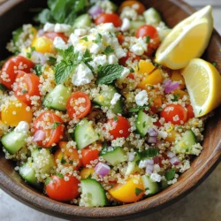 This Lemon Herb Quinoa Salad is bright and full of flavor. You will need fresh veggies and herbs to make it shine. The quinoa adds a nice, nutty base that pairs well with the lemon dressing. Here are the ingredients for this tasty dish: - 1 cup quinoa (rinsed) - 2 cups vegetable broth (or water) - 1 cup cherry tomatoes, halved - 1 cucumber, diced - 1 bell pepper (red or yellow), diced - 1/2 red onion, finely chopped - 1/4 cup fresh parsley, chopped - 1/4 cup fresh mint leaves, chopped - 1/4 cup feta cheese (optional) - Juice of 1 lemon - 2 tablespoons olive oil - Salt and pepper to taste If you need to swap some ingredients, here are some great options: - Use quinoa blends or bulgur instead of quinoa. - Swap cherry tomatoes for diced regular tomatoes. - Try cucumbers or zucchinis for a crunch. - Use any sweet bell pepper you like. - Replace feta cheese with a dairy-free option or skip it. - You can use lime juice instead of lemon juice for a twist. Feel free to mix and match! This salad is versatile, so you can make it your own. Check out the Full Recipe for more details. First, rinse 1 cup of quinoa under cold water. This helps remove any bitter taste. Next, in a medium saucepan, mix the rinsed quinoa and 2 cups of vegetable broth or water. Bring the mixture to a boil over medium-high heat. Once it starts boiling, lower the heat to low. Cover the pot and let it simmer for about 15 minutes. The quinoa will absorb the liquid and become fluffy. After cooking, remove it from the heat and let it cool. While the quinoa cools, prepare your vegetables. Take 1 cup of cherry tomatoes and cut them in half. Dice 1 cucumber and 1 bell pepper (red or yellow). Finely chop 1/2 red onion. In a large mixing bowl, add the tomatoes, cucumber, bell pepper, and red onion. Once the quinoa is cool, add it to the bowl with the veggies. Gently fold everything together so the flavors mix well. For the dressing, grab a small bowl. Whisk together the juice of 1 lemon, 2 tablespoons of olive oil, salt, and pepper. Pour this dressing over the quinoa salad. Toss gently to coat all the ingredients. Finally, stir in 1/4 cup of chopped fresh parsley, 1/4 cup of chopped mint leaves, and 1/4 cup of feta cheese if you like. Taste the salad and adjust the seasoning if needed. Chill in the fridge for at least 30 minutes to let the flavors meld together. For the full recipe, check out the detailed instructions provided above. To make the best lemon herb quinoa salad, rinse your quinoa well. This removes a bitter coating called saponin. Use vegetable broth for a richer flavor instead of plain water. Cooking the quinoa slowly lets it fluff up nicely. Once done, let it cool completely before mixing in your veggies. This keeps everything crisp and fresh. Serve your salad in a big, bright bowl. Sprinkle extra herbs on top for a pop of color. You can add lemon wedges on the side. This adds a fresh touch and lets people add more lemon if they like. Pair your salad with grilled chicken or fish for a hearty meal or enjoy it on its own. One common mistake is overcooking the quinoa. Keep an eye on it while it simmers. Another mistake is not letting the salad chill. Chilling helps the flavors blend well. Avoid using too much lemon juice or salt at first. You can always add more later, but you can’t take it out. For the full recipe, check the earlier section. {{image_2}} You can make this salad even better! Try adding sliced olives for a briny kick. Avocado gives a creamy touch. For some crunch, toss in roasted nuts. You can even add cooked chicken or chickpeas for more protein. These extras will boost the flavor and nutrition of your dish. This salad fits many diets. If you're vegan, skip the feta cheese. For gluten-free eaters, quinoa is a great choice. If you want low-carb, swap quinoa for cauliflower rice. This dish can adapt to fit your needs while still being tasty and fresh. You can change the salad with the seasons. In spring, add fresh peas or asparagus. Summer is perfect for sweet corn or diced mango. In fall, think about roasted butternut squash or apples. Winter brings cozy flavors like roasted beets or pomegranate seeds. These changes keep the salad exciting all year long. For the full recipe, check the [Full Recipe]. To store leftover Lemon Herb Quinoa Salad, allow it to cool first. Place it in an airtight container. It keeps well in the fridge for up to four days. If you plan to eat it later, leave out the feta cheese. It tastes best fresh, but you can add it just before serving. Use glass or plastic containers with tight-fitting lids. These work best for keeping your salad fresh. Glass containers prevent odors and stains. Plastic containers are lightweight and easy to handle. Choose a container that fits your leftover portion size. You can eat this salad cold or at room temperature. If you prefer it warm, gently reheat it in the microwave. Use a microwave-safe bowl. Heat in short intervals to avoid overcooking the salad. Stir between intervals to warm it evenly. Enjoy your Lemon Herb Quinoa Salad, full of flavor! For the full recipe, check out the complete details above. Yes, you can make this salad ahead of time. I often prepare it a day in advance. This allows the flavors to blend well. Just store it in an airtight container in the fridge. When you're ready to eat, give it a good stir. You can add a splash of lemon juice for freshness. If you need a substitute for quinoa, try using bulgur or couscous. Both have a nice texture and soak up flavors well. Brown rice is another good option. Just keep in mind that cooking times may vary for these grains. Adjust your cooking method accordingly for the best results. The salad lasts about 3 to 5 days in the fridge. Store it in a sealed container to keep it fresh. If you add feta cheese, use it within 3 days for the best taste. Always check for any off smells or changes in texture before eating. Enjoy this delicious dish as a quick lunch or side. This blog post covered how to make a tasty Lemon Herb Quinoa Salad. We discussed crucial ingredients, step-by-step instructions, and helpful tips to get it just right. You learned about fun variations to keep things fresh and smart storage advice for leftovers. Using these tips, you’ll create a salad that is not only delicious but also easy to customize. Enjoy your cooking adventure and make it your own!