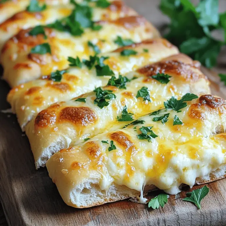 - 1 cup warm water - 2 ¼ teaspoons active dry yeast - 3 cups all-purpose flour - 1 ½ cups shredded mozzarella cheese The key to my cheesy garlic breadsticks starts with warm water. Use about 110°F to wake up your yeast. Then, mix the yeast with sugar and let it froth for about 10 minutes. This step helps create a soft and fluffy breadstick. Next, I rely on all-purpose flour. This flour gives the breadsticks a great texture. Finally, mozzarella cheese adds the creamy, gooey goodness we all love. - Fresh parsley for garnish - Marinara sauce for dipping Fresh parsley is a simple touch that makes your breadsticks look pretty. It adds a pop of color and a hint of freshness. Marinara sauce is perfect for dipping and adds a nice tang to the cheesy flavor. How to replace all-purpose flour If you want a gluten-free option, use a gluten-free flour blend. This keeps the texture light and fluffy. Alternatives for mozzarella cheese You can use provolone or gouda cheese for a different taste. These cheeses melt well and offer a unique flavor twist. Using garlic powder instead of fresh garlic If you don’t have fresh garlic, garlic powder works fine. Use about 1 teaspoon of garlic powder for each clove. This gives your breadsticks that great garlic flavor without the fuss. For the full recipe, check out the [Full Recipe]. To start, we need to activate the yeast mixture. In a small bowl, mix one cup of warm water, 2 ¼ teaspoons of active dry yeast, and one teaspoon of sugar. Let this sit for 5 to 10 minutes. You will see it foam up, which means your yeast is alive! Next, combine 3 cups of all-purpose flour and one teaspoon of salt in a large mixing bowl. Make a well in the center. Pour in your yeast mixture along with 2 tablespoons of olive oil. Mix until a dough forms. Now, knead the dough on a floured surface for about 5 minutes. You want it to feel smooth and elastic. This step is important for the right texture. After kneading, place your dough in a lightly greased bowl. Cover it with a kitchen towel. Let it rise in a warm place for about 1 hour. You want it to double in size. Look for a cozy spot like near a warm oven. Once the dough has risen, punch it down gently. Now, roll it out into a rectangle that is about ½ inch thick on a floured surface. This is where the magic begins! Transfer the rolled dough to a baking sheet lined with parchment paper. Use a knife or pizza cutter to score the dough into sticks. Be careful not to cut all the way through. In a small bowl, mix together 3 tablespoons of melted butter, 4 cloves of minced garlic, and 1 teaspoon of dried oregano. Brush this garlic butter mixture generously over the dough. Finally, sprinkle 1 ½ cups of shredded mozzarella and ¼ cup of grated Parmesan cheese evenly on top. Preheat your oven to 425°F (220°C) and bake for 12 to 15 minutes. Look for golden edges and bubbly cheese. Once done, let the breadsticks cool for a few minutes before cutting through the scored lines. Now you can enjoy your cheesy garlic breadsticks! For the full recipe, check the details in the earlier section. To achieve a chewy breadstick, use high-gluten flour. It gives the dough strength. Knead the dough well for about five minutes. This helps develop gluten, which makes it chewy. Bake your breadsticks at 425°F (220°C). Keep an eye on them. Bake for 12 to 15 minutes. You want them golden brown and bubbly on top. If they look pale, give them a few more minutes. For extra flavor, add herbs like basil or thyme. You can even try a pinch of red pepper flakes for heat. Mix different cheeses for a richer taste. Use a blend of mozzarella and cheddar for a unique twist. Serve breadsticks warm for the best taste. They are great fresh out of the oven. Place them on a wooden board or in a basket. Add a small bowl of marinara sauce for dipping. This adds a fun touch and boosts flavor. For a finishing touch, sprinkle fresh parsley on top. It adds color and freshness to the dish. Enjoy your cheesy garlic breadsticks with friends or family! For the full recipe, check out the Cheesy Garlic Breadsticks section above. {{image_2}} You can change the cheese in your breadsticks for new flavors. Try using cheddar for a sharper taste. Gouda gives a nice, smoky flavor. If you love blue cheese, it adds a bold kick. If you're dairy-free, many options exist. Look for plant-based mozzarella or cheddar. These cheeses melt well and taste great. Nutritional yeast also adds a cheesy flavor without dairy. Want to spice things up? Add jalapeños or red pepper flakes to the garlic butter. This gives your breadsticks a nice heat. You can control how spicy you want them. Roasted garlic is another great choice. It has a sweet, mellow flavor. Just roast your garlic until soft, then mix it into the butter. This makes your breadsticks even more delicious. You can make different shapes for fun. Mini breadsticks are perfect for snacks. Roll smaller pieces of dough into thin sticks. Bake them the same way and enjoy bite-sized treats. Cheesy garlic knots are also easy to make. Cut the dough into small pieces. Roll each piece into a rope, then tie it into a knot. Brush with the garlic butter mix, sprinkle cheese on top, and bake. These knots are a delightful twist on the classic breadstick. For the full recipe, check out the Cheesy Garlic Breadsticks section. To store leftover breadsticks, let them cool completely first. Place them in an airtight container or wrap them in plastic wrap. This helps keep them fresh for up to three days. For best results, seal them well to stop air from getting in. If you want to keep them warm, you can wrap them in a clean kitchen towel. You can freeze breadsticks for longer storage. After they cool, wrap each breadstick in plastic wrap and then place them in a freezer bag. This keeps them fresh for about three months. When you're ready to eat, reheat them in the oven. Set it to 350°F (175°C) and bake for about 10-15 minutes. This will make them warm and tasty again. Check for signs of spoilage like mold or an off smell. If you see any, it’s best to toss them. To keep breadsticks fresh, store them in a cool, dry place. Avoid keeping them in the fridge, as this can dry them out. For extra freshness, enjoy them within a few days of baking. You can always refer to the Full Recipe for making more whenever you need a cheesy snack! You can make cheesy garlic breadsticks without yeast by using baking powder. Baking powder helps the dough rise quickly. For a basic no-yeast dough, use 2 cups of all-purpose flour, 1 tablespoon of baking powder, and 1 teaspoon of salt. Mix these dry ingredients first. Then, add ¾ cup of warm water and 2 tablespoons of olive oil. Mix until a dough forms and follow the same steps for shaping and baking. Yes, you can prepare the dough in advance. After mixing, cover it and refrigerate overnight. This allows the flavors to blend well. When ready to use, let it sit at room temperature for about 30 minutes before baking. If you have leftover dough, you can store it wrapped in plastic. Use it within two days for the best results. Popular dips include marinara sauce, ranch dressing, and garlic butter. Marinara adds a nice tang and pairs well with the cheesy flavor. For a twist, try a spicy sriracha mayo. You can also make a creamy spinach dip or a simple pesto. These dips enhance the taste and make your cheesy garlic breadsticks even more fun to eat. In this post, we covered key ingredients for cheesy garlic breadsticks and their steps. You learned how to prepare the dough, rise it, and bake it just right. We discussed tips for perfect texture, enhancing flavors, and different variations. Remember to store leftovers properly, so they stay fresh. Cheesy garlic breadsticks are fun to make and share. They pair great with dips, making them a perfect snack or side. Enjoy experimenting with different flavors and shapes to find your favorite!