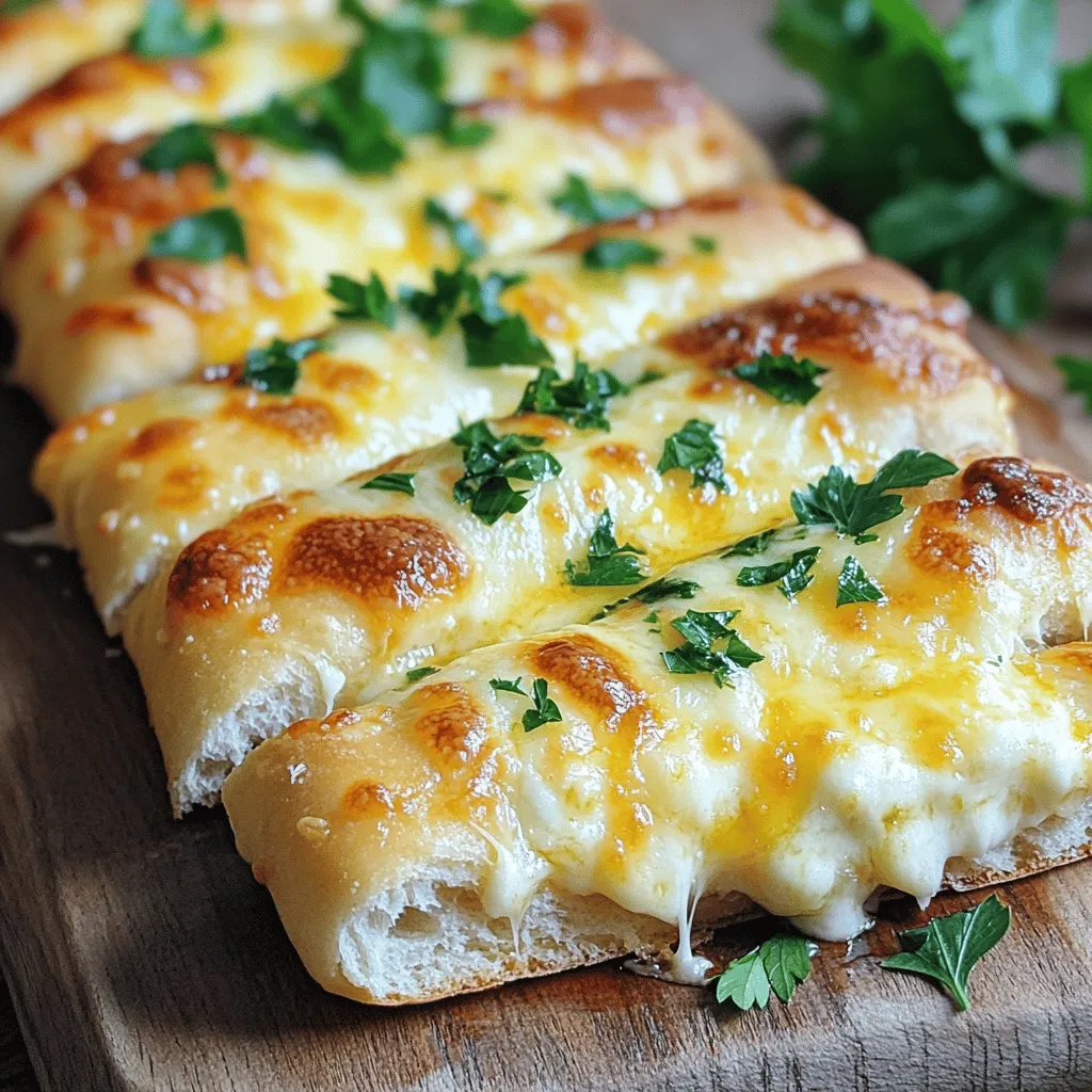 - 1 cup warm water - 2 ¼ teaspoons active dry yeast - 3 cups all-purpose flour - 1 ½ cups shredded mozzarella cheese The key to my cheesy garlic breadsticks starts with warm water. Use about 110°F to wake up your yeast. Then, mix the yeast with sugar and let it froth for about 10 minutes. This step helps create a soft and fluffy breadstick. Next, I rely on all-purpose flour. This flour gives the breadsticks a great texture. Finally, mozzarella cheese adds the creamy, gooey goodness we all love. - Fresh parsley for garnish - Marinara sauce for dipping Fresh parsley is a simple touch that makes your breadsticks look pretty. It adds a pop of color and a hint of freshness. Marinara sauce is perfect for dipping and adds a nice tang to the cheesy flavor. How to replace all-purpose flour If you want a gluten-free option, use a gluten-free flour blend. This keeps the texture light and fluffy. Alternatives for mozzarella cheese You can use provolone or gouda cheese for a different taste. These cheeses melt well and offer a unique flavor twist. Using garlic powder instead of fresh garlic If you don’t have fresh garlic, garlic powder works fine. Use about 1 teaspoon of garlic powder for each clove. This gives your breadsticks that great garlic flavor without the fuss. For the full recipe, check out the [Full Recipe]. To start, we need to activate the yeast mixture. In a small bowl, mix one cup of warm water, 2 ¼ teaspoons of active dry yeast, and one teaspoon of sugar. Let this sit for 5 to 10 minutes. You will see it foam up, which means your yeast is alive! Next, combine 3 cups of all-purpose flour and one teaspoon of salt in a large mixing bowl. Make a well in the center. Pour in your yeast mixture along with 2 tablespoons of olive oil. Mix until a dough forms. Now, knead the dough on a floured surface for about 5 minutes. You want it to feel smooth and elastic. This step is important for the right texture. After kneading, place your dough in a lightly greased bowl. Cover it with a kitchen towel. Let it rise in a warm place for about 1 hour. You want it to double in size. Look for a cozy spot like near a warm oven. Once the dough has risen, punch it down gently. Now, roll it out into a rectangle that is about ½ inch thick on a floured surface. This is where the magic begins! Transfer the rolled dough to a baking sheet lined with parchment paper. Use a knife or pizza cutter to score the dough into sticks. Be careful not to cut all the way through. In a small bowl, mix together 3 tablespoons of melted butter, 4 cloves of minced garlic, and 1 teaspoon of dried oregano. Brush this garlic butter mixture generously over the dough. Finally, sprinkle 1 ½ cups of shredded mozzarella and ¼ cup of grated Parmesan cheese evenly on top. Preheat your oven to 425°F (220°C) and bake for 12 to 15 minutes. Look for golden edges and bubbly cheese. Once done, let the breadsticks cool for a few minutes before cutting through the scored lines. Now you can enjoy your cheesy garlic breadsticks! For the full recipe, check the details in the earlier section. To achieve a chewy breadstick, use high-gluten flour. It gives the dough strength. Knead the dough well for about five minutes. This helps develop gluten, which makes it chewy. Bake your breadsticks at 425°F (220°C). Keep an eye on them. Bake for 12 to 15 minutes. You want them golden brown and bubbly on top. If they look pale, give them a few more minutes. For extra flavor, add herbs like basil or thyme. You can even try a pinch of red pepper flakes for heat. Mix different cheeses for a richer taste. Use a blend of mozzarella and cheddar for a unique twist. Serve breadsticks warm for the best taste. They are great fresh out of the oven. Place them on a wooden board or in a basket. Add a small bowl of marinara sauce for dipping. This adds a fun touch and boosts flavor. For a finishing touch, sprinkle fresh parsley on top. It adds color and freshness to the dish. Enjoy your cheesy garlic breadsticks with friends or family! For the full recipe, check out the Cheesy Garlic Breadsticks section above. {{image_2}} You can change the cheese in your breadsticks for new flavors. Try using cheddar for a sharper taste. Gouda gives a nice, smoky flavor. If you love blue cheese, it adds a bold kick. If you're dairy-free, many options exist. Look for plant-based mozzarella or cheddar. These cheeses melt well and taste great. Nutritional yeast also adds a cheesy flavor without dairy. Want to spice things up? Add jalapeños or red pepper flakes to the garlic butter. This gives your breadsticks a nice heat. You can control how spicy you want them. Roasted garlic is another great choice. It has a sweet, mellow flavor. Just roast your garlic until soft, then mix it into the butter. This makes your breadsticks even more delicious. You can make different shapes for fun. Mini breadsticks are perfect for snacks. Roll smaller pieces of dough into thin sticks. Bake them the same way and enjoy bite-sized treats. Cheesy garlic knots are also easy to make. Cut the dough into small pieces. Roll each piece into a rope, then tie it into a knot. Brush with the garlic butter mix, sprinkle cheese on top, and bake. These knots are a delightful twist on the classic breadstick. For the full recipe, check out the Cheesy Garlic Breadsticks section. To store leftover breadsticks, let them cool completely first. Place them in an airtight container or wrap them in plastic wrap. This helps keep them fresh for up to three days. For best results, seal them well to stop air from getting in. If you want to keep them warm, you can wrap them in a clean kitchen towel. You can freeze breadsticks for longer storage. After they cool, wrap each breadstick in plastic wrap and then place them in a freezer bag. This keeps them fresh for about three months. When you're ready to eat, reheat them in the oven. Set it to 350°F (175°C) and bake for about 10-15 minutes. This will make them warm and tasty again. Check for signs of spoilage like mold or an off smell. If you see any, it’s best to toss them. To keep breadsticks fresh, store them in a cool, dry place. Avoid keeping them in the fridge, as this can dry them out. For extra freshness, enjoy them within a few days of baking. You can always refer to the Full Recipe for making more whenever you need a cheesy snack! You can make cheesy garlic breadsticks without yeast by using baking powder. Baking powder helps the dough rise quickly. For a basic no-yeast dough, use 2 cups of all-purpose flour, 1 tablespoon of baking powder, and 1 teaspoon of salt. Mix these dry ingredients first. Then, add ¾ cup of warm water and 2 tablespoons of olive oil. Mix until a dough forms and follow the same steps for shaping and baking. Yes, you can prepare the dough in advance. After mixing, cover it and refrigerate overnight. This allows the flavors to blend well. When ready to use, let it sit at room temperature for about 30 minutes before baking. If you have leftover dough, you can store it wrapped in plastic. Use it within two days for the best results. Popular dips include marinara sauce, ranch dressing, and garlic butter. Marinara adds a nice tang and pairs well with the cheesy flavor. For a twist, try a spicy sriracha mayo. You can also make a creamy spinach dip or a simple pesto. These dips enhance the taste and make your cheesy garlic breadsticks even more fun to eat. In this post, we covered key ingredients for cheesy garlic breadsticks and their steps. You learned how to prepare the dough, rise it, and bake it just right. We discussed tips for perfect texture, enhancing flavors, and different variations. Remember to store leftovers properly, so they stay fresh. Cheesy garlic breadsticks are fun to make and share. They pair great with dips, making them a perfect snack or side. Enjoy experimenting with different flavors and shapes to find your favorite!