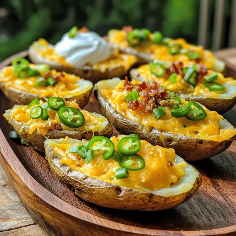 - 4 large russet potatoes - 1 cup shredded sharp cheddar cheese - 1 cup shredded pepper jack cheese - 1/2 cup sour cream - 1/4 cup sliced green onions - 1/4 cup cooked bacon bits (optional) - 1 jalapeño, finely diced - 2 tablespoons olive oil - 1 teaspoon garlic powder - 1 teaspoon smoked paprika - Salt and pepper to taste - Alternative cheeses like gouda or mozzarella - Spices such as cumin or chili powder for extra flavor - Baking sheet - Fork - Knife - Mixing bowl To make loaded potato skins, gather these ingredients first. The russet potatoes are the base. You want large ones for the best yield. The sharp cheddar and pepper jack bring a great taste. The sour cream adds creaminess, while green onions give a fresh crunch. The bacon bits and jalapeño add richness and spice, making every bite special. For cooking, you will need a few simple tools. A fork helps poke the potatoes. A knife is key for cutting them open. A mixing bowl is handy for combining ingredients. Finally, a baking sheet holds the potato skins as they bake to perfection. This recipe is fun and flexible. Feel free to customize with your favorite cheeses and spices. Check out the Full Recipe for more details on cooking this tasty snack! - First, preheat your oven to 400°F (200°C). - Next, scrub the potatoes under running water. Make sure they are clean. Dry them well. Use a fork to poke holes in each potato. - Then, rub the potatoes with olive oil and sprinkle salt over them. Place the potatoes directly on the oven rack. Bake for 45-60 minutes until tender. - Once the potatoes are done, let them cool for about 10 minutes. This helps you handle them. Reduce the oven temperature to 425°F (220°C). - Slice each potato in half lengthwise. Scoop out some flesh, leaving about 1/4 inch of skin. Keep the scooped potato for another dish, like mashed potatoes! - Brush the insides of the potato skins with more olive oil. Season them with garlic powder, smoked paprika, salt, and pepper. - Place the potato skins cut-side up on a baking sheet. - Fill each skin with a mix of cheddar and pepper jack cheese. Add diced jalapeños and bacon bits if you want them. - Bake for another 10-15 minutes until the cheese is melted and bubbly. - When done, let them cool a bit. Top with sour cream and sliced green onions. Enjoy! For the full recipe, check the [Full Recipe]. To get crispy potato skins, follow a few simple steps. First, bake the potatoes at 400°F for 45-60 minutes. This high heat helps cook them well. After baking, let them cool for 10 minutes. Then, slice them in half and scoop out some flesh. Leave a thin layer of potato for crispness. For seasoning, use salt and pepper generously. Garlic powder and smoked paprika also add great flavor. Brush the inside with olive oil before baking again. This step helps achieve that perfect crunch. To boost the taste, consider adding spices. A pinch of cayenne pepper can give a nice kick. Another great option is a sprinkle of onion powder for depth. Using different cheeses can also enhance the flavor. Try mixing mozzarella for stretchiness or feta for a tangy twist. The combination of sharp cheddar and pepper jack is a classic choice. Feel free to experiment! When serving, a good presentation matters. Place the potato skins on a large platter for a fun look. Stack them slightly askew for a casual feel. Garnish with green onions and a small bowl of sour cream. For gatherings, serve them with a side of mixed dips. Guacamole or salsa can complement the flavors well. These tips make your loaded potato skins a hit at every event! For the complete recipe, refer to the Full Recipe. {{image_2}} You can get creative with fillings for your loaded potato skins. For a vegetarian twist, try black beans, corn, and diced tomatoes. These give a fresh taste and a nice crunch. You can also add diced bell peppers for more color. If you prefer meat, pulled pork or shredded chicken works great. Both options add protein and flavor, making your snack more filling. Toppings can make your potato skins unique. Use different sour cream flavors like ranch or chipotle for a fun twist. You can also drizzle hot sauce or a zesty salsa on top for added flavor. Adjust the spice level based on your taste. If you love heat, add more jalapeños or some crushed red pepper. Change your potato skins with the seasons! In summer, use fresh vegetables like zucchini or bell peppers. For fall, roasted pumpkin or butternut squash can add a warm touch. During the holidays, try topping your skins with cranberry sauce or festive spices. These seasonal changes keep your dish fun and exciting. For the full recipe, check out the details above! To keep your loaded potato skins fresh, store them in the fridge. Place them in an airtight container. Make sure they cool down first. They will last for about 3 to 5 days. If you want to keep them longer, freeze them. Wrap each skin tightly in plastic wrap. Then, place them in a freezer bag. They can stay good for up to 3 months in the freezer. To reheat your potato skins, the oven works best. Preheat the oven to 350°F (175°C). Place the skins on a baking sheet. Heat for about 10 to 15 minutes. This keeps them crispy and tasty. You can also use a microwave, but they may turn soft. If you use the microwave, heat for about 1-2 minutes only. Leftovers last about 3 to 5 days in the fridge. After that, check for signs of spoilage. Look for any changes in color or smell. If they smell sour or look off, toss them out. If frozen, use them within 3 months for the best taste. To cook potato skins, you need about 45-60 minutes. First, bake the whole potatoes at 400°F (200°C) until soft. After scooping, bake the skins again at 425°F (220°C) for 10-15 minutes. This gives a crispy finish. Yes, you can make loaded potato skins ahead. Bake the potatoes and scoop them out. Store the potato skins in the fridge for up to two days. When ready to eat, fill them and bake as usual. This saves time and makes meal prep easy. Loaded potato skins pair well with many dishes. Try serving them with: - A fresh garden salad - Grilled meats like chicken or steak - Spicy salsa or guacamole - A cold beer or soft drinks These sides balance the richness of the potato skins. Enjoy your meal! For the full recipe, check out the complete guide. In this post, we explored how to make loaded potato skins from scratch. We covered the must-have ingredients, preparation steps, and cooking techniques to achieve crispy skins filled with cheese and toppings. The tips and variations offer ways to customize your dish for any occasion. Remember, you can adjust flavors and ingredients to match your tastes. Enjoying these potato skins can bring delight to any meal or gathering. Happy cooking and savor every bite!
