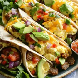 To make loaded breakfast burritos, you need the following ingredients: - 4 large flour tortillas - 6 large eggs - 1 cup shredded cheddar cheese - 1 cup cooked breakfast sausage, crumbled - 1 cup bell peppers, diced (mix of red and green) - 1/2 cup red onion, diced - 1 ripe avocado, sliced - 1/2 cup salsa - 1/4 cup fresh cilantro, chopped - Salt and pepper to taste - 2 tablespoons olive oil - Optional: hot sauce for serving Fresh ingredients taste best in breakfast burritos. They add flavor and crunch. You can use frozen ingredients, but they may change the texture. For example, frozen bell peppers and onions can work well. Just make sure to thaw them first. Fresh eggs and avocado are must-haves for the best taste. If you need dairy-free options, try using vegan cheese. It melts well and tastes great. For gluten-free burritos, swap flour tortillas with corn tortillas. You can also use plant-based sausage for a meat-free option. This way, everyone can enjoy these tasty burritos. Remember, the full recipe gives you all the details to make these delicious meals. Start by gathering all your ingredients. You’ll need flour tortillas, eggs, cheese, sausage, bell peppers, red onion, avocado, salsa, cilantro, salt, pepper, and olive oil. Heat the olive oil in a large skillet over medium heat. Add the diced bell peppers and red onion. Sauté them for about five minutes until soft. Next, whisk the eggs in a bowl. Add a pinch of salt and pepper. Pour the eggs into the skillet with the veggies. Stir gently until the eggs are scrambled well. Once cooked, remove the skillet from heat and mix in the crumbled sausage and half the cheddar cheese. For fluffy scrambled eggs, use fresh eggs. Make sure to whisk them well. This adds air and keeps your eggs light. Start cooking them over medium heat. Stir gently and continuously. This avoids overcooking and helps in even cooking. Remove them from heat just before they look fully set. They will keep cooking in the pan. To assemble, lay a tortilla flat on a plate. Place a generous scoop of the egg mixture in the center. Add slices of avocado, a spoonful of salsa, and a sprinkle of cilantro. Top with the remaining cheese. Fold the sides of the tortilla in. Then roll it tightly from the bottom to secure the filling. For a nice touch, you can warm the rolled burritos in the skillet for one to two minutes on each side. This crisps the outside and melts the cheese. Enjoy your loaded breakfast burritos hot with extra salsa and hot sauce if you like! Check out the Full Recipe for more details. You can mix things up with your breakfast burritos. Try adding black beans for fiber. You might also enjoy some diced jalapeños for heat. Want a twist? Use sweet potatoes instead of potatoes or rice. You can even add spinach for extra greens. The choices are endless! Feel free to get creative with your flavors. To roll a burrito well, start with a warm tortilla. This makes it more pliable. Place the filling in the center, leaving space on the sides. Fold the sides in first, then roll from the bottom up. Keep it tight but not too tight. If you feel the filling pushing out, loosen your grip. This technique keeps everything inside during cooking and eating. Cooking your burritos is key. After rolling, heat them in a skillet for a crisp outer layer. Cook for 1-2 minutes on each side. This melts the cheese and warms the filling. Serve your burritos hot. Cut them in half for a nice look. Add extra salsa on the side for dipping. You can also sprinkle fresh cilantro for a pop of color. For the full recipe, refer back to the main article! {{image_2}} When it comes to loaded breakfast burritos, the fun never ends! You can create many tasty variations to suit your taste or mood. You can easily make a vegetarian version. Skip the sausage and add extra veggies. Try mushrooms, spinach, or zucchini. You can also add black beans for added protein. Top it off with some extra cheese and avocado for creaminess. If you crave heat, spice it up! Add jalapeños or diced green chilies to the filling. You can also mix in some spicy sausage. For an extra kick, drizzle hot sauce on top. A dash of cayenne pepper in the eggs works wonders too. Want to switch up your protein? Cook some chicken or tofu instead of sausage. Shredded chicken adds a nice texture. Tofu is great for a plant-based option. Just season it well to ensure flavor. Both choices blend nicely with the other ingredients. Feel free to explore these variations. They make your breakfast burritos even more fun and exciting. For the full recipe, check out the link above. You can store leftover burritos in an airtight container. Make sure to let them cool first. Place parchment paper between burritos if stacking. This keeps them from sticking together. Store in the fridge for up to 3 days. Freezing burritos is a great way to save time. Wrap each burrito tightly in plastic wrap. Then, place them in a freezer bag. Remove as much air as possible before sealing. You can freeze them for up to 3 months. Just label the bag with the date. To reheat, take a burrito from the fridge or freezer. If frozen, let it thaw in the fridge overnight. Microwave the burrito for 1-2 minutes, flipping halfway through. For a crispy outside, heat it in a skillet for about 5 minutes. Enjoy your meal like it's fresh from the kitchen! The best sauces for breakfast burritos include salsa, hot sauce, and guacamole. Salsa adds flavor and moisture. Hot sauce gives a kick. Guacamole adds creaminess and richness. You can mix and match these sauces for a tasty twist. Try different kinds of salsa, like mango or verde, for unique flavors. Yes, you can make loaded breakfast burritos ahead of time. Prepare the filling and store it in the fridge. You can assemble the burritos the night before. Wrap them in foil and place them in the fridge. In the morning, just warm them up in a skillet or microwave. This saves time and keeps your mornings stress-free. Loaded breakfast burritos provide a balanced meal. Each burrito has protein from eggs and sausage, healthy fats from avocado, and vitamins from bell peppers. Here’s a rough estimate of the nutrition per burrito: - Calories: 500 - Protein: 24g - Carbs: 40g - Fat: 30g These numbers can change based on ingredients. For a lighter option, reduce cheese or sausage. For the full recipe, check the earlier section. Loaded breakfast burritos are easy to make and fun to customize. We covered ingredients, from fresh to special substitutes, and detailed steps for preparation and cooking. I shared tips for rolling burritos and serving them hot. You can explore variations like vegetarian and spicy options, as well as how to store and reheat leftovers. In my view, breakfast burritos offer endless possibilities for flavor and nutrition. Enjoy experimenting with new ingredients and ideas!
