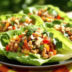 - Ground chicken - Olive oil - Red bell pepper - Carrot - Green onions - Garlic - Ginger - Low-sodium soy sauce - Rice vinegar - Sesame oil - Honey - Salt and pepper - Butter lettuce or iceberg lettuce - Optional toppings: chopped almonds, cilantro, shredded coconut When I create healthy chicken lettuce wraps, I focus on fresh, vibrant ingredients. Ground chicken serves as the protein base, making it tender and juicy. Olive oil helps cook the meat while adding healthy fats. The red bell pepper and carrot bring a nice crunch and color. Green onions add a mild onion flavor that enhances the dish. For seasoning, garlic and ginger give that aromatic kick. Low-sodium soy sauce keeps the dish flavorful without too much salt. Rice vinegar adds a tangy touch, while sesame oil lends a nutty flavor. Honey brings a hint of sweetness, balancing the savory notes. Season with salt and pepper to taste, and you're set. The lettuce acts as a wrap, so I prefer butter or iceberg lettuce for their crispness. You can add toppings like chopped almonds, cilantro, or shredded coconut for extra texture and flavor. This combination makes the wraps light, fresh, and satisfying. For the full recipe, check the link above. - Heat 1 tablespoon of olive oil in a large skillet over medium heat. - Add 1 pound of ground chicken and cook it until browned, about 5-7 minutes. Use a spatula to break the chicken into small pieces while cooking. - Stir in 2 cloves of minced garlic and 1 tablespoon of grated ginger. Cook for 1-2 minutes until you smell the great aroma. - Incorporate 1 diced red bell pepper and 1 grated carrot into the skillet. Let them cook for 3-4 minutes until they soften. - In a small bowl, whisk together 3 tablespoons of low-sodium soy sauce, 1 tablespoon of rice vinegar, 1 tablespoon of sesame oil, and 1 tablespoon of honey. - Pour this sauce over the chicken mixture and stir well to combine. Heat for another 2-3 minutes until everything is hot. Add salt and pepper to taste. - Remove the skillet from heat and stir in 3 chopped green onions. - To serve, take a lettuce leaf and scoop a generous amount of the chicken mixture into the center. Top with chopped almonds, cilantro, or shredded coconut for extra crunch. For the complete cooking details, check the Full Recipe. - Choose organic or free-range chicken. This makes a big flavor difference. - Fresh vegetables beat frozen ones. They add crunch and color. - Use low-sodium soy sauce. This cuts down on salt. - Substitute honey with a sugar-free option. Try using stevia or agave. - Butter lettuce or iceberg lettuce works best for wraps. They hold well and are sturdy. - To avoid soggy wraps, dry the lettuce leaves. Use a salad spinner or paper towels. These tips make your healthy chicken lettuce wraps even better. For the full recipe, check out the details above! {{image_2}} You can swap ground chicken for other proteins. Ground turkey works well and remains lean. Tofu is a great choice for a vegetarian option. For a seafood twist, add shrimp. Cook them until they turn pink and tender. Each protein brings a unique flavor and texture. Infusing flavors can elevate your wraps. Try adding fresh herbs like cilantro or basil. These herbs give a bright taste that pairs well with chicken. You can also use different sauces. Teriyaki sauce adds sweetness, while hoisin gives a rich flavor. Experiment to find your favorite combination. If you need gluten-free options, use tamari in place of soy sauce. This keeps all the flavor without the gluten. For low-carb diets, skip the honey or use a sugar-free sweetener. You can also use lettuce wraps instead of tortillas for a lighter meal. Each option helps you enjoy the dish your way. To keep your chicken lettuce wraps fresh, place them in an airtight container. This helps maintain their flavor and crunch. You can store the wraps in the fridge for up to three days. However, it's best to keep the filling separate from the lettuce. This way, the leaves stay crisp longer. When reheating your chicken filling, use a skillet over medium heat. This method helps keep the texture nice. Stir it gently for about five minutes until hot. Avoid using a microwave, as it can make the filling soggy. If you must use a microwave, cover the dish loosely. This can help prevent moisture build-up. Yes, you can freeze the chicken filling. First, let it cool completely. Then, place it in a freezer-safe bag. Squeeze out as much air as possible before sealing. It can last up to three months in the freezer. To thaw, move it to the fridge overnight before reheating. Avoid refreezing after thawing to keep the best quality. To make chicken lettuce wraps gluten-free, you need to use gluten-free soy sauce. Regular soy sauce contains wheat. You can find gluten-free soy sauce at most grocery stores. Always check the label to ensure it is gluten-free. This small swap allows you to enjoy the same great taste without the gluten. Yes, you can prepare the filling ahead of time. Cook the chicken and veggies, then let them cool. Store the filling in an airtight container in the fridge. It stays fresh for 3-4 days. When ready to serve, just reheat the filling and assemble your wraps. Chicken lettuce wraps pair well with many sides. You can serve them with rice or quinoa for a fuller meal. A fresh salad or steamed vegetables also makes a great side. For a fun twist, try dipping the wraps in a tangy sauce like sweet chili or peanut sauce. One serving of chicken lettuce wraps contains about 200-250 calories. This depends on the toppings you choose. The ground chicken and veggies keep it light and healthy. If you add extra toppings, like nuts or coconut, the calorie count will go up. Yes, you can use various types of lettuce for wraps. Butter lettuce and iceberg lettuce work best. They hold the filling well and are easy to fold. You can also try romaine or even collard greens for a different taste and texture. Each type gives a unique crunch and flavor. In this post, we explored creating delicious chicken lettuce wraps. We covered the ingredients, cooking steps, and helpful tips. I shared ways to make this dish healthier and how to store leftovers. Variations let you adapt to different diets and tastes. Enjoy making these wraps for a tasty meal that suits your needs. You now have the tools to create a meal that’s fun to eat and packed with flavor. Try it today and enjoy the experience!
