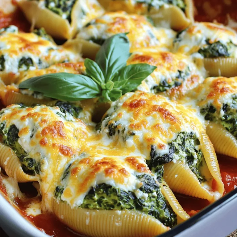 To make cheesy spinach stuffed shells, you need a few key ingredients. Each one plays a vital role in crafting this delicious dish. Here’s what you’ll need: - 20 jumbo pasta shells - 2 cups fresh spinach, chopped - 1 cup ricotta cheese - 1 cup mozzarella cheese, shredded - ½ cup Parmesan cheese, grated - 1 egg, beaten - 2 cloves garlic, minced - 1 teaspoon Italian seasoning - Salt and pepper to taste - 2 cups marinara sauce - Fresh basil leaves for garnish Each ingredient adds flavor and texture. The jumbo pasta shells hold the creamy filling. Fresh spinach gives a nice color and health boost. Ricotta cheese adds creaminess, while mozzarella brings the gooey melt we all love. Parmesan cheese gives a sharp taste that balances the dish. The egg helps bind the filling, making it easier to stuff the shells. Garlic and Italian seasoning add depth and warmth to the flavors. Salt and pepper enhance all the tastes. Finally, marinara sauce adds a tangy base that complements the cheesy goodness. For the full recipe, check out the details above. This dish is simple yet satisfying, perfect for family dinners or gatherings. First, gather your ingredients. You will need jumbo pasta shells, spinach, and various cheeses. This dish comes together quickly. Make sure your oven is preheated to 375°F (190°C) before you start cooking. Boil a large pot of salted water. Once it boils, add the jumbo shells. Cook them according to the package instructions. You want them al dente, so check them a minute early. Drain the shells and set them aside to cool. In a mixing bowl, combine the chopped spinach, ricotta cheese, half the mozzarella, Parmesan cheese, and a beaten egg. Add minced garlic, Italian seasoning, salt, and pepper. Mix everything well until it is fully combined. This filling is creamy and packed with flavor. Take each cooked shell and fill it with the cheese and spinach mixture. Place the stuffed shells upright in a baking dish. Pour marinara sauce over the shells, making sure they are well-coated. Sprinkle the remaining mozzarella on top. Cover the dish with foil and bake for 25 minutes. After that, remove the foil and bake for another 10-15 minutes. Look for bubbly, golden cheese. Garnish with fresh basil leaves before serving. Enjoy your delicious cheesy spinach stuffed shells! For the complete recipe, check the [Full Recipe]. Cooking pasta shells well is key. Start by using a big pot with lots of water. Add a good amount of salt; it helps flavor the shells. Bring the water to a boil before adding the shells. Cook them just until they are al dente. This means they should be firm, not mushy. Once done, drain them gently. Rinse with cold water to stop the cooking process. This keeps them from sticking together. Stuffing the shells can get messy, but I have a few tricks. Use a small spoon or a pastry bag to fill the shells. This keeps the filling inside and off your hands. If using a spoon, gather a good amount of filling and drop it in. Don’t overfill, as it will spill out while baking. Place the stuffed shells upright in the dish. This way, they stay neat and hold their shape. You can mix up the cheese filling in fun ways. Try adding feta for a tangy kick. Cream cheese can make the filling extra creamy. If you love spice, add some red pepper flakes. For a different flavor, mix in some sun-dried tomatoes or artichokes. You can also swap the spinach for other greens like kale or Swiss chard. Explore these options to find your favorite twist on the classic cheesy spinach stuffed shells recipe. For the complete recipe, check out the Full Recipe section. {{image_2}} You can switch up the cheeses in this dish. For a sharp taste, try using feta cheese instead of ricotta. Goat cheese also adds a creamy and tangy flavor. You can mix in some sun-dried tomatoes for a burst of flavor. If you want a richer taste, add a bit of cream cheese to the filling. For a vegetarian twist, keep the recipe as is. Just make sure your marinara sauce is meat-free. If you need a gluten-free option, use gluten-free jumbo shells. They cook similarly to regular pasta. Just follow the package instructions to ensure they are tender and hold the filling well. To add some heat, sprinkle in red pepper flakes to the filling. You can also use pepper jack cheese instead of mozzarella. For a creamier filling, add more ricotta or use a mix of cream cheese and sour cream. This will give your stuffed shells a rich texture and flavor that everyone will love. For the full recipe, check the details above. To store your leftover cheesy spinach stuffed shells, let them cool first. Place them in an airtight container. You can keep them in the fridge for up to three days. If you want them to last longer, consider freezing them. Freezing is a great option for meal prep. Arrange the stuffed shells in a single layer on a baking sheet. Freeze them for about two hours until solid. Once frozen, move them to a freezer-safe container. They can stay good for up to three months. Just remember to label the container with the date. When you’re ready to enjoy your leftovers, there are a few ways to reheat them. The oven works best. Preheat it to 350°F (175°C). Place the shells in a baking dish and cover them with foil. Heat for about 20 minutes until warmed through. You can also microwave them if you're short on time. Just be sure to cover them to keep the moisture in. Enjoy your delicious meal again! Yes, you can make cheesy spinach stuffed shells ahead of time. Prepare the dish as usual, but do not bake it. Cover the baking dish with plastic wrap or foil. Store it in the fridge for up to 24 hours. When ready, just bake it as per the recipe. This helps save time on busy days. Cheesy spinach stuffed shells pair well with many sides. Here are some great options: - A fresh green salad with a light vinaigrette - Garlic bread for a crunchy side - Roasted vegetables like zucchini or bell peppers - A bowl of minestrone soup for a warm touch These sides enhance your meal and add to the flavor. Absolutely! You can switch up the cheese in cheesy spinach stuffed shells. Here are some tasty alternatives: - Use feta cheese for a tangy twist - Try goat cheese for a rich flavor - Add cream cheese for extra creaminess Feel free to mix and match cheeses. Just keep the total amount the same to maintain the texture. This adds fun and variety to your dish. For the full recipe, check the details above. In this article, we covered how to make cheesy spinach stuffed shells. We looked at the key ingredients like jumbo pasta shells and fresh spinach. We went through easy prep steps, cooking, and assembly. I shared helpful tips for perfect pasta and stuffing. You learned about fun variations and storage tips. Cooking this dish can be fun and rewarding. With practice, you can impress everyone with your skills. Enjoy every bite and keep experimenting!