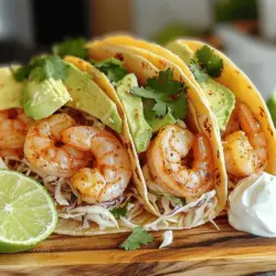- 1 lb shrimp, peeled and deveined - 3 tablespoons olive oil - 4 cloves garlic, minced - 1 teaspoon chili powder - 1/2 teaspoon paprika - 1/2 teaspoon cayenne pepper (adjust for spice preference) - Salt and pepper to taste - 8 small corn tortillas - 1 cup shredded cabbage - 1 avocado, sliced - 1/2 cup sour cream or Greek yogurt - 1 lime, cut into wedges - Fresh cilantro for garnish When making Spicy Garlic Shrimp Tacos, you need fresh and simple ingredients. The shrimp are the star. I like using peeled and deveined shrimp for ease. You can find them at most stores. The olive oil adds richness. It helps the spices stick to the shrimp. Garlic is key here. It gives a strong flavor that pairs well with shrimp. Next, we have spices. The chili powder adds warmth. Paprika gives a nice color and mild flavor. Adjust the cayenne to your taste. It can bring the heat if you want it spicier. Don't forget to add salt and pepper. They enhance all the flavors. For the tacos, small corn tortillas are perfect. They hold the filling well. Shredded cabbage adds crunch and freshness. The avocado adds creaminess. I love using sour cream or Greek yogurt for a tangy finish. Lastly, lime wedges and fresh cilantro make great toppings. They add brightness and flavor to your tacos. Follow the Full Recipe to create this delicious meal! To make the shrimp shine, start by marinating it. In a bowl, mix 1 lb shrimp with 3 tablespoons olive oil, 4 minced garlic cloves, 1 teaspoon chili powder, 1/2 teaspoon paprika, and 1/2 teaspoon cayenne pepper. Add a pinch of salt and pepper to taste. Toss the shrimp well to coat it evenly with the spices. Next, heat a large skillet over medium-high heat. Once it's hot, add the shrimp in a single layer. Cook for 2-3 minutes on one side until the shrimp turn pink and opaque. Flip them carefully and cook for another 1-2 minutes until done. Remove the shrimp from the heat. Now, let’s warm our corn tortillas. Use a dry skillet over medium heat. Place 8 small corn tortillas in the skillet, warming them for about 30 seconds on each side. This step makes them soft and easy to fold. Warming tortillas enhances their flavor and texture, making the tacos even better. Now for the fun part—assembling! Take a warm tortilla and add a handful of shredded cabbage first. Next, place a few shrimp on top. Add slices of avocado and a dollop of sour cream or Greek yogurt for creaminess. For a fresh touch, garnish with chopped cilantro. Serve with lime wedges on the side for an added zing. This layering creates the perfect bite of flavors and textures. For the full recipe, you can refer back to the earlier section. Enjoy your tacos! To cook shrimp right, watch the time. Overcooked shrimp turn tough and rubbery. Cook them just until they are pink and opaque, about 3-5 minutes total. Use a hot skillet for quick cooking. This keeps the shrimp tender. Common mistakes include not drying the shrimp or overcrowding the pan. Pat the shrimp dry with a paper towel before you start. This step helps the spices stick better. If the pan is overcrowded, the shrimp steam instead of sear. Cook them in batches if needed. Adjusting spice levels is easy. If you like it mild, cut back on cayenne pepper. You can also swap in different spices, like cumin or smoked paprika, for unique flavors. For dietary needs, use a gluten-free tortilla or a lettuce wrap. You can also substitute the shrimp with chicken or tofu for a different protein. Add toppings to boost flavor and crunch. Try diced tomatoes, jalapeños, or a drizzle of hot sauce. A sprinkle of feta or queso fresco adds a nice touch too. To present the tacos nicely, stack them in a tall pile or arrange them on a platter. Use bright, fresh garnishes like cilantro and lime wedges. This makes your dish look fun and inviting. For the full recipe, check the earlier sections. {{image_2}} You can switch up proteins easily in Spicy Garlic Shrimp Tacos. Chicken works great if you want a milder taste. Just cut it into pieces and marinate like shrimp. Tofu is a tasty option for a plant-based meal. Use firm tofu and press it to remove excess water. For sauces or toppings, you can try salsa or a spicy aioli. These changes can add new flavors and keep the meal exciting. If you need gluten-free options, use corn tortillas. They hold up well and keep the tacos tasty. For a vegan twist, swap sour cream with cashew cream or avocado. Both options add creaminess without dairy. You can also use Greek yogurt if you prefer a tangy flavor while keeping it more nutritious. To give your tacos a global touch, add elements from other cuisines. Try adding kimchi for a Korean kick. Think about using curry powder for an Indian flair. A dash of Sriracha can bring in some Thai spice. Mixing flavors from different cultures can make your tacos unique and fun. Enjoy exploring these variations while following the Full Recipe for guidance! To keep leftover tacos fresh, wrap them tightly in foil or plastic wrap. Store them in the fridge for up to three days. When you’re ready to eat, reheat the shrimp in a skillet over medium heat. This keeps the shrimp juicy and tender. Warm the tortillas briefly in a pan, too. If you want to freeze tacos, separate the shrimp and tortillas first. Place the shrimp in a freezer-safe bag. They can stay frozen for up to three months. For tortillas, wrap them in plastic and store them in a freezer-safe container. When you’re ready to use them, thaw both overnight in the fridge. You can make these tacos ahead of time for easy meals. Cook the shrimp and store them in the fridge. Warm the tortillas when you’re ready to eat. You can also prep the toppings, like cabbage and avocado, ahead of time. Just keep them in separate containers to stay fresh. This way, you can quickly assemble your tacos whenever you want a tasty meal. To keep your shrimp tender, start by marinating them. Use olive oil, garlic, and spices. Let them sit for at least 15 minutes. This adds taste and moisture. When cooking, heat your skillet to medium-high. Cook the shrimp for 2-3 minutes on one side, then flip. They should turn pink and opaque. Overcooking makes shrimp tough, so watch closely! Yes, you can use frozen shrimp. First, thaw them properly. Place the shrimp in cold water for about 20-30 minutes. Avoid hot water; it cooks the shrimp unevenly. After thawing, pat them dry before marinating. This ensures they absorb the flavors well. Follow the cooking instructions just as you would with fresh shrimp. You can serve your tacos with a variety of sides. Here are some ideas: - Mexican rice for a hearty touch. - Black beans for added protein. - A fresh corn salad for sweetness. - Chips and salsa for a crunchy snack. These sides pair well and enhance the meal’s flavor. To serve more people, simply double the ingredients. Use 2 lbs of shrimp and adjust the spices accordingly. Cook in batches if your skillet is small. Each batch should follow the same cooking time. You can also prepare toppings like cabbage and avocado in advance. This saves time when serving a crowd. Yes, you can make lower-calorie tacos. Here are some tips: - Use less olive oil or swap it for a cooking spray. - Choose Greek yogurt instead of sour cream for fewer calories. - Add more veggies like lettuce or sliced radishes. They are low in calories and high in crunch. These changes keep the flavor while cutting calories. Spicy Garlic Shrimp Tacos are easy to make and fun to eat. We explored the main ingredients, step-by-step cooking, and creative variations. With tips for perfect shrimp and meal prep, you can enjoy these tacos any time. Don't forget to try different toppings and fillings to make them your own. Cooking should be enjoyable, so experiment and find your favorites! Enjoy your tasty tacos, and share them with friends and family for a meal that brings everyone together.