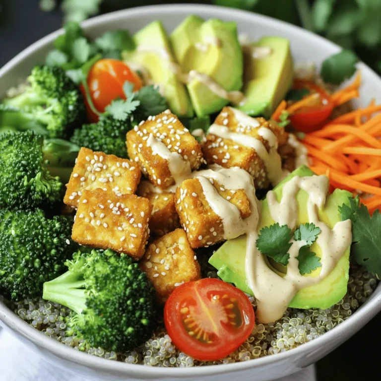 To make a Crispy Tofu Buddha Bowl, you need a blend of fresh and tasty items. Here’s what you'll use: - 1 block firm tofu, pressed and cut into cubes - 2 tablespoons cornstarch - 2 tablespoons soy sauce - 1 tablespoon sesame oil - 1 teaspoon garlic powder - 1 cup cooked quinoa - 1 cup broccoli florets - 1 cup shredded carrots - 1 avocado, sliced - 1 cup cherry tomatoes, halved These ingredients give your bowl a great texture and taste. The tofu adds protein, while quinoa provides energy. The veggies bring color and nutrients. Your bowl needs some extra flavor. Here are the seasoning items: - 2 tablespoons tahini - 1 tablespoon lemon juice - Salt and pepper to taste Tahini adds creaminess, while lemon juice gives a refreshing zing. Salt and pepper help enhance all the tastes. Garnishes make your bowl look and taste even better. You can use: - Sesame seeds for garnish - Fresh cilantro for garnish These toppings add a nice crunch and a pop of color. Plus, they boost the fresh flavor in each bite. For the full recipe, be sure to check the instructions! Start by preheating your oven to 400°F (200°C). This step makes the tofu crispy. Line a baking sheet with parchment paper for easy cleanup. Take your block of firm tofu and press it to remove excess water. Cut the tofu into cubes. In a bowl, mix the tofu cubes with soy sauce, sesame oil, garlic powder, and a pinch of salt and pepper. This mixture adds great flavor. Then, sprinkle cornstarch over the tofu. Toss gently until every piece is coated. This coating helps make the tofu extra crispy in the oven. While the tofu bakes, it's time to cook the veggies. Take your broccoli florets and steam them until they are tender-crisp, which takes about 5 minutes. This keeps them bright and fresh. Set the broccoli aside once they are done. You can also prep your carrots by shredding them. Slice the avocado and halve the cherry tomatoes. These fresh veggies will add color and crunch to your bowl. Now, let’s put everything together. Start with a base of cooked quinoa in each bowl. Quinoa is packed with protein and fiber. Next, add a mound of steamed broccoli, followed by shredded carrots. Place the sliced avocado and halved cherry tomatoes on top. Once your tofu is crispy, take it out of the oven and place it atop the veggies. In a small bowl, whisk tahini, lemon juice, and a bit of water until smooth. Drizzle this sauce over the bowl. Finally, sprinkle sesame seeds and fresh cilantro for garnish. Your Buddha bowl is now ready to enjoy! For the full recipe, refer to the details above. To get crispy tofu, start with firm tofu. Press it to remove extra water. Cut the tofu into cubes and toss them with soy sauce, sesame oil, and garlic powder. This mix adds flavor. For extra crunch, coat the tofu in cornstarch. Spread it on a baking sheet and bake at 400°F (200°C) for 25-30 minutes. Flip the tofu halfway through. It should be golden brown and crispy. You can mix and match flavors to make your bowl unique. Try adding different veggies like bell peppers or zucchini. Swap in quinoa for brown rice or farro. For a kick, add some chili flakes or sriracha. Dress it with tahini mixed with lemon juice for a creamy touch. The key is to balance flavors for a tasty dish. You can make parts of your bowl ahead of time. Cook the quinoa and veggies a day before. Store them in the fridge. You can even bake the tofu and reheat it later. This helps save time during busy days. Just assemble the bowl before serving. This makes dinner easy and delicious! {{image_2}} If you want to switch up the protein in your crispy tofu Buddha bowl, try chickpeas. They add a nice crunch when roasted. You can also use tempeh or seitan for a hearty option. Both have great textures and soak up flavors well. For a non-vegan choice, grilled chicken or shrimp works too. Feel free to change the vegetables based on the season. In spring, use asparagus or snap peas. In summer, zucchini and bell peppers shine. Fall brings sweet potatoes and Brussels sprouts, while winter is perfect for kale and root veggies. Just make sure to steam or roast them for the best taste. While tahini dressing is creamy and rich, you can switch it up easily. Try a simple lemon vinaigrette for a lighter taste. A spicy sriracha sauce adds a kick. For a nutty flavor, use almond butter instead of tahini. Each dressing gives a new twist to your bowl. Check the full recipe for more ideas on how to mix it up! To store your crispy tofu Buddha bowl, let it cool first. Place the bowl in an airtight container. Keep the tofu and veggies separate if possible. This helps maintain the tofu's crispiness. Store it in the fridge for up to three days. The quinoa can stay with the veggies. This makes meal prep easy for busy days. When reheating, I suggest using the oven or an air fryer. This keeps the tofu crispy. Preheat the oven to 350°F (175°C). Place the tofu on a baking sheet. Heat for about 10-15 minutes or until hot. If you use a microwave, do it in short bursts. This can make the tofu soft. The cooked quinoa lasts about five days in the fridge. Tofu can stay fresh for a week if unopened. Once you open it, use it within three to five days. Fresh veggies, like broccoli and carrots, are best eaten within a week. Always check for signs of spoilage, like strange smells or colors. A Buddha Bowl is a meal that has many healthy foods in one bowl. It often has grains, veggies, and protein. The name comes from the way it looks. It is usually colorful and full, like Buddha's belly. You can mix and match any foods you like. This makes it fun and easy to eat. To make this Crispy Tofu Buddha Bowl gluten-free, swap out soy sauce for tamari. Tamari is a gluten-free soy sauce. Always check the labels for any other ingredients. The cornstarch is already gluten-free, so you can use that without worry. Yes, you can use different types of tofu! Firm or extra-firm tofu works best for this recipe. Silken tofu is too soft and won't hold its shape. If you want a richer flavor, try marinated tofu. Just remember to adjust the cooking time if you use a different type. For the full recipe, check the main section above. In this article, I explored how to make the perfect Buddha bowl. We discussed key ingredients, seasoning options, and garnishes that enhance your dish. I shared step-by-step instructions, tips for crispy tofu, and clever variations. You can mix proteins and veggies to fit your taste. Remember, storing and reheating your bowl properly keeps it fresh. Making this dish is easy and fun. Enjoy your flavorful and nutritious meal!
