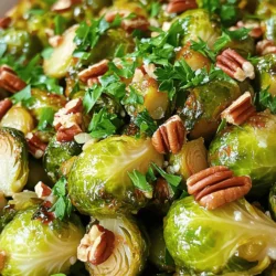 Maple Dijon Roasted Brussels is a tasty side dish that packs flavor. You can serve it at any meal. The sweet maple syrup pairs well with the tangy Dijon mustard. The garlic adds depth, while the pecans give a nice crunch. This dish is sure to impress! To make this delicious dish, gather the following ingredients: - 1.5 pounds Brussels sprouts, trimmed and halved - 3 tablespoons olive oil - 2 tablespoons pure maple syrup - 1 tablespoon Dijon mustard - 2 cloves garlic, minced - Salt and pepper, to taste - ¼ teaspoon red pepper flakes (optional, for a spicy kick) - ¼ cup chopped pecans (optional, for crunch) - Fresh parsley, chopped (for garnish) You can swap out some ingredients if needed: - Use honey instead of maple syrup for a different sweetness. - Try whole grain mustard in place of Dijon for more texture. - If you don’t have pecans, walnuts or almonds work well, too. - For a nut-free option, skip the nuts entirely or use seeds. These substitutions keep the dish tasty and fun! First, gather your ingredients. You will need 1.5 pounds of Brussels sprouts, trimmed and halved. Next, get 3 tablespoons of olive oil, 2 tablespoons of pure maple syrup, and 1 tablespoon of Dijon mustard. Don’t forget 2 cloves of minced garlic, salt, and pepper. If you like a kick, add ¼ teaspoon of red pepper flakes. For some crunch, you can include ¼ cup of chopped pecans. Lastly, grab some fresh parsley for garnish. Now, preheat your oven to 400°F (200°C). This temperature makes the Brussels sprouts crisp and caramelized. Line a baking sheet with parchment paper for easy cleanup later. In a large bowl, mix the olive oil, maple syrup, Dijon mustard, minced garlic, salt, pepper, and red pepper flakes. Whisk this mixture well. It should blend into a smooth sauce. Next, add the halved Brussels sprouts to your bowl. Toss them gently in the maple-Dijon mixture. Make sure each sprout is fully coated. This step is key for flavor. Spread the Brussels sprouts evenly on the prepared baking sheet. They should sit in a single layer to roast evenly. If you opted for pecans, now is the time to sprinkle them over the sprouts. Place the baking sheet in your preheated oven. Roast the Brussels sprouts for 20 to 25 minutes. Don’t forget to stir them halfway through. This helps them cook evenly and get that nice caramelization. To achieve perfect caramelization, keep an eye on the sprouts as they roast. Look for a deep, golden brown color. This shows they are done. If they start to get too dark, reduce the oven temperature slightly. Adding salt helps draw out moisture from the sprouts. This moisture will caramelize and give them a sweet flavor. You can also try roasting them at a higher heat for a shorter time if you like them crispier. Once they are cooked, remove the baking sheet from the oven. Let the sprouts cool slightly. Finally, garnish with fresh chopped parsley before serving. Enjoy this tasty side dish with any meal! For the complete recipe, check out the [Full Recipe]. When picking Brussels sprouts, look for small, firm ones. They should feel heavy for their size. Their leaves must be bright green without yellow or brown spots. If the sprouts look wilted or shriveled, skip those. Fresh sprouts have a nice, tight bud and a strong smell. You can often find them on the stem; that means they are fresh! To boost the flavor of your Maple Dijon Roasted Brussels, consider adding bacon bits or lemon zest. Bacon gives a smoky taste, while lemon adds brightness. You can also try different nuts, like walnuts or almonds, for a unique crunch. Mixing in herbs such as thyme or rosemary will add depth. Experimenting helps you find your favorite flavor mix! One common mistake is overcrowding the baking sheet. Brussels need space to roast well. If they are too close, they will steam instead of caramelize. Another error is not preheating the oven. A hot oven is key for that crispy, golden finish. Lastly, avoid under-seasoning. Salt and pepper bring out the best flavors in your dish. Follow these tips to make your Brussels shine! {{image_2}} You can make Maple Dijon Roasted Brussels even heartier by adding protein. Try mixing in cooked bacon or diced chicken for added flavor. You could also use chickpeas for a plant-based option. Simply toss them in with the Brussels sprouts before roasting. The protein will soak up the delicious maple-Dijon sauce. This helps create a balanced meal that everyone will love. This recipe is easy to adapt for vegan and gluten-free diets. The main ingredients are already plant-based. Just ensure that your Dijon mustard is gluten-free. You can also skip the pecans if you have nut allergies. The maple syrup adds sweetness, while garlic gives it depth. These changes keep the flavor strong and satisfying without any animal products. You can switch up the flavors of this dish based on the seasons. In the fall, add cranberries or walnuts for a festive touch. In the winter, try adding some roasted carrots or sweet potatoes for extra warmth. For spring, toss in some fresh herbs like thyme or rosemary. These seasonal tweaks keep the dish exciting and fresh all year round. After you enjoy your Maple Dijon Roasted Brussels, store any leftovers in an airtight container. This helps keep them fresh. Place the container in the fridge, where they can last for up to four days. Make sure the Brussels sprouts cool down before sealing the container. This prevents excess moisture inside. To reheat your Brussels sprouts, preheat your oven to 350°F (175°C). Spread the sprouts on a baking sheet. Heat for about 10 to 15 minutes, or until warmed through. This method keeps them crispy. You can also use a microwave if you’re in a hurry. Just heat them in short bursts, stirring in between. If you want to save your Brussels sprouts for later, freezing is a great option. First, let them cool completely. Then, spread them in a single layer on a baking sheet. Place the sheet in the freezer for a few hours until they freeze solid. Once frozen, transfer them to a freezer-safe bag. They can last up to three months in the freezer. When you're ready to eat, thaw them in the fridge overnight before reheating. Yes, you can prepare the Maple Dijon Roasted Brussels in advance. To do this, follow the steps to coat the Brussels sprouts with the maple-Dijon mixture. Then, cover them and store in the fridge for up to 24 hours. When you are ready to cook, just spread them on the baking sheet and roast as directed. This method keeps the flavors fresh and makes meal prep easier. To make more servings, simply double the ingredients. Use three pounds of Brussels sprouts, six tablespoons of olive oil, and so on. Make sure your baking sheet can fit all the Brussels sprouts in a single layer. If not, use two sheets to ensure even roasting. This way, you keep that great flavor and texture. These roasted Brussels pair well with many dishes. Try serving them with grilled chicken or baked salmon for a complete meal. You can also serve them alongside quinoa or wild rice for a hearty option. They make a great side for holiday dinners or casual get-togethers. Feel free to get creative and mix them with your favorite proteins or grains! This post covered how to make Maple Dijon Roasted Brussels sprouts. We went over the main ingredients, preparation steps, and cooking tips. I shared ways to pick fresh sprouts and avoid common mistakes. Plus, I suggested substitutions and variations to suit your taste. Now you're ready to impress with this dish. Enjoy making it your own!