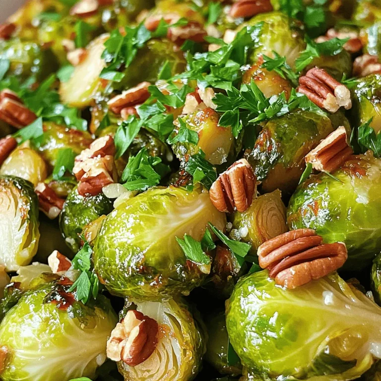 Maple Dijon Roasted Brussels is a tasty side dish that packs flavor. You can serve it at any meal. The sweet maple syrup pairs well with the tangy Dijon mustard. The garlic adds depth, while the pecans give a nice crunch. This dish is sure to impress! To make this delicious dish, gather the following ingredients: - 1.5 pounds Brussels sprouts, trimmed and halved - 3 tablespoons olive oil - 2 tablespoons pure maple syrup - 1 tablespoon Dijon mustard - 2 cloves garlic, minced - Salt and pepper, to taste - ¼ teaspoon red pepper flakes (optional, for a spicy kick) - ¼ cup chopped pecans (optional, for crunch) - Fresh parsley, chopped (for garnish) You can swap out some ingredients if needed: - Use honey instead of maple syrup for a different sweetness. - Try whole grain mustard in place of Dijon for more texture. - If you don’t have pecans, walnuts or almonds work well, too. - For a nut-free option, skip the nuts entirely or use seeds. These substitutions keep the dish tasty and fun! First, gather your ingredients. You will need 1.5 pounds of Brussels sprouts, trimmed and halved. Next, get 3 tablespoons of olive oil, 2 tablespoons of pure maple syrup, and 1 tablespoon of Dijon mustard. Don’t forget 2 cloves of minced garlic, salt, and pepper. If you like a kick, add ¼ teaspoon of red pepper flakes. For some crunch, you can include ¼ cup of chopped pecans. Lastly, grab some fresh parsley for garnish. Now, preheat your oven to 400°F (200°C). This temperature makes the Brussels sprouts crisp and caramelized. Line a baking sheet with parchment paper for easy cleanup later. In a large bowl, mix the olive oil, maple syrup, Dijon mustard, minced garlic, salt, pepper, and red pepper flakes. Whisk this mixture well. It should blend into a smooth sauce. Next, add the halved Brussels sprouts to your bowl. Toss them gently in the maple-Dijon mixture. Make sure each sprout is fully coated. This step is key for flavor. Spread the Brussels sprouts evenly on the prepared baking sheet. They should sit in a single layer to roast evenly. If you opted for pecans, now is the time to sprinkle them over the sprouts. Place the baking sheet in your preheated oven. Roast the Brussels sprouts for 20 to 25 minutes. Don’t forget to stir them halfway through. This helps them cook evenly and get that nice caramelization. To achieve perfect caramelization, keep an eye on the sprouts as they roast. Look for a deep, golden brown color. This shows they are done. If they start to get too dark, reduce the oven temperature slightly. Adding salt helps draw out moisture from the sprouts. This moisture will caramelize and give them a sweet flavor. You can also try roasting them at a higher heat for a shorter time if you like them crispier. Once they are cooked, remove the baking sheet from the oven. Let the sprouts cool slightly. Finally, garnish with fresh chopped parsley before serving. Enjoy this tasty side dish with any meal! For the complete recipe, check out the [Full Recipe]. When picking Brussels sprouts, look for small, firm ones. They should feel heavy for their size. Their leaves must be bright green without yellow or brown spots. If the sprouts look wilted or shriveled, skip those. Fresh sprouts have a nice, tight bud and a strong smell. You can often find them on the stem; that means they are fresh! To boost the flavor of your Maple Dijon Roasted Brussels, consider adding bacon bits or lemon zest. Bacon gives a smoky taste, while lemon adds brightness. You can also try different nuts, like walnuts or almonds, for a unique crunch. Mixing in herbs such as thyme or rosemary will add depth. Experimenting helps you find your favorite flavor mix! One common mistake is overcrowding the baking sheet. Brussels need space to roast well. If they are too close, they will steam instead of caramelize. Another error is not preheating the oven. A hot oven is key for that crispy, golden finish. Lastly, avoid under-seasoning. Salt and pepper bring out the best flavors in your dish. Follow these tips to make your Brussels shine! {{image_2}} You can make Maple Dijon Roasted Brussels even heartier by adding protein. Try mixing in cooked bacon or diced chicken for added flavor. You could also use chickpeas for a plant-based option. Simply toss them in with the Brussels sprouts before roasting. The protein will soak up the delicious maple-Dijon sauce. This helps create a balanced meal that everyone will love. This recipe is easy to adapt for vegan and gluten-free diets. The main ingredients are already plant-based. Just ensure that your Dijon mustard is gluten-free. You can also skip the pecans if you have nut allergies. The maple syrup adds sweetness, while garlic gives it depth. These changes keep the flavor strong and satisfying without any animal products. You can switch up the flavors of this dish based on the seasons. In the fall, add cranberries or walnuts for a festive touch. In the winter, try adding some roasted carrots or sweet potatoes for extra warmth. For spring, toss in some fresh herbs like thyme or rosemary. These seasonal tweaks keep the dish exciting and fresh all year round. After you enjoy your Maple Dijon Roasted Brussels, store any leftovers in an airtight container. This helps keep them fresh. Place the container in the fridge, where they can last for up to four days. Make sure the Brussels sprouts cool down before sealing the container. This prevents excess moisture inside. To reheat your Brussels sprouts, preheat your oven to 350°F (175°C). Spread the sprouts on a baking sheet. Heat for about 10 to 15 minutes, or until warmed through. This method keeps them crispy. You can also use a microwave if you’re in a hurry. Just heat them in short bursts, stirring in between. If you want to save your Brussels sprouts for later, freezing is a great option. First, let them cool completely. Then, spread them in a single layer on a baking sheet. Place the sheet in the freezer for a few hours until they freeze solid. Once frozen, transfer them to a freezer-safe bag. They can last up to three months in the freezer. When you're ready to eat, thaw them in the fridge overnight before reheating. Yes, you can prepare the Maple Dijon Roasted Brussels in advance. To do this, follow the steps to coat the Brussels sprouts with the maple-Dijon mixture. Then, cover them and store in the fridge for up to 24 hours. When you are ready to cook, just spread them on the baking sheet and roast as directed. This method keeps the flavors fresh and makes meal prep easier. To make more servings, simply double the ingredients. Use three pounds of Brussels sprouts, six tablespoons of olive oil, and so on. Make sure your baking sheet can fit all the Brussels sprouts in a single layer. If not, use two sheets to ensure even roasting. This way, you keep that great flavor and texture. These roasted Brussels pair well with many dishes. Try serving them with grilled chicken or baked salmon for a complete meal. You can also serve them alongside quinoa or wild rice for a hearty option. They make a great side for holiday dinners or casual get-togethers. Feel free to get creative and mix them with your favorite proteins or grains! This post covered how to make Maple Dijon Roasted Brussels sprouts. We went over the main ingredients, preparation steps, and cooking tips. I shared ways to pick fresh sprouts and avoid common mistakes. Plus, I suggested substitutions and variations to suit your taste. Now you're ready to impress with this dish. Enjoy making it your own!