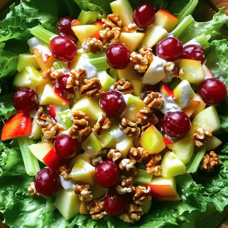 For a tasty Classic Waldorf Salad, gather these key items: - 2 cups diced apples (preferably Granny Smith) - 1 cup celery, thinly sliced - 1 cup red grapes, halved - 1 cup walnuts, roughly chopped - 1/2 cup plain Greek yogurt - 1/4 cup mayonnaise - 1 tablespoon lemon juice - 1 teaspoon honey - Salt and pepper to taste - Lettuce leaves for serving These simple ingredients mix well and create a refreshing dish. Apples add crunch and sweetness. Celery gives a nice crunch, while grapes add juiciness. Walnuts add a rich, nutty flavor. The Greek yogurt and mayonnaise make a creamy dressing that ties everything together. You can make your Waldorf Salad even better by adding some extras. Here are some fun ideas: - Dried cranberries for a sweet and tart touch - Raisins for added sweetness - Chopped fresh herbs like parsley or mint for a fresh flavor - Sliced almonds for extra crunch These add-ins offer different flavors and textures. Feel free to mix and match based on what you like. Choosing the right apple and nuts can make a big difference. For apples, I suggest: - Granny Smith for their tartness - Honeycrisp for sweetness and crunch - Fuji for a balanced flavor For nuts, walnuts are classic. However, you might also try: - Pecans for a sweeter taste - Almonds for a milder flavor These options enhance your salad's taste and texture. You can mix and match to find your favorite combination. If you're curious about the whole process, check the Full Recipe for more details. 1. Begin by preparing the apples. Dice them into small pieces and toss them in lemon juice to keep them fresh. 2. In a large bowl, combine the diced apples, sliced celery, halved grapes, and chopped walnuts. 3. In another bowl, mix the Greek yogurt, mayonnaise, honey, salt, and pepper until smooth. 4. Pour the dressing over the apple mix and gently fold everything together. 5. Taste the salad. Adjust seasoning if needed by adding salt, pepper, or honey. 6. Chill the salad in the fridge for at least 30 minutes. This helps the flavors blend. 7. Serve the salad on a bed of lettuce leaves for a nice crunch. - When dicing apples, use a sharp knife for clean cuts. This helps with even texture. - Use fresh celery for a crisp bite. Old celery can be limp and less tasty. - For the dressing, whisk it well. This ensures all flavors mix together nicely. - When folding the salad, be gentle. This keeps the apples and grapes intact. - Tasting is key! Adjust seasoning to your liking. Everyone's flavor preference is different. - Chilling is important. It not only blends flavors but also cools the salad for a refreshing bite. - Garnish with extra walnuts or grapes for a lovely finish. It adds visual appeal. - Serve the salad on individual plates for a nice touch. - You can also use a large bowl for sharing. It looks inviting on a table. - Garnish with fresh herbs like parsley or mint for added color. - Pair it with grilled chicken or fish for a complete meal. The flavors complement each other well. - You can also add a slice of whole-grain bread on the side. It makes for a great lunch option. For the full recipe, check out Classic Waldorf Salad. Enjoy making this fresh and flavorful dish! To make your Classic Waldorf Salad pop, focus on balancing the flavors. Start with fresh, crunchy apples. Granny Smith apples give a nice tartness. This pairs well with sweet grapes. Add a touch of lemon juice to keep apples bright. When making the dressing, use plain Greek yogurt for creaminess. It adds a nice tang. Mix in a bit of honey for sweetness. A pinch of salt can bring out all the flavors. Also, consider adding spices like cinnamon or nutmeg. Just a dash can add warmth. Be careful not to overdo it. Always taste as you mix. One common error is not prepping apples correctly. Always toss them in lemon juice right after cutting. This keeps them from browning. Another mistake is using old ingredients. Fresh celery and grapes are key. Check for firmness and crispness. Avoid over-mixing the salad once you add the dressing. Gently fold the ingredients to keep everything intact. If the salad gets mushy, it won’t be as enjoyable. Feel free to make this salad your own. Want to add more crunch? Try adding sliced almonds or sunflower seeds. If you like a sweeter taste, add dried cranberries or raisins. These add color and flavor. You can also swap out walnuts for pecans for a different twist. For dietary needs, if you want gluten-free, check your mayo. You can also make the salad vegan by using plant-based yogurt and mayo. Adjust the honey to maple syrup for a vegan option. {{image_2}} The classic Waldorf salad has a simple mix of apples, celery, walnuts, and a creamy dressing. This version shines with its fresh flavors. Modern takes often add new ingredients for extra flair. You might see grapes, cranberries, or even chicken in some recipes. These twists make the salad more filling or fun. Each style has its charm, but both celebrate the crunch of fresh produce. If you want to make your Waldorf salad gluten-free or vegan, it’s easy to swap ingredients. For a gluten-free version, ensure your mayonnaise is safe. You can use cashew yogurt instead of Greek yogurt for a vegan option. Nuts can be switched too. Try pecans or sunflower seeds for different flavors. If you like it sweeter, add honey or maple syrup. Making these swaps keeps the salad tasty and suits all diets. Serving your Waldorf salad can be as fun as making it. For a fancy touch, use individual cups or jars. Layer the ingredients for a colorful display. You can also serve it on a large platter with fresh herbs for a pop of color. If you want to make it a meal, add grilled chicken on top. Each way you present it can make the dish feel festive or casual. Explore your creativity and impress your guests! For the full recipe, refer to [Full Recipe]. To keep your Classic Waldorf Salad fresh, use an airtight container. Make sure to store it in the fridge. If possible, keep the dressing separate until you are ready to eat. This helps maintain the crispness of the apples and celery. You can also layer the solid ingredients at the bottom and place the dressing on top. This way, the salad stays fresh longer. When stored correctly, your salad will last about three days in the fridge. It’s best to eat it sooner for the best taste and texture. After three days, the apples may start to brown and the salad will lose its crunch. You might still eat it after that, but it won’t be as good. Waldorf Salad is best served cold, so avoid reheating it. If you want to refresh leftovers, add a squeeze of lemon juice and a little more yogurt or mayonnaise. This brightens the flavors and brings back some moisture. Serve it on fresh lettuce leaves for a nice crunch. You can find the full recipe to help make it fresh again! Waldorf Salad first appeared in 1896 at the Waldorf Astoria Hotel in New York. It was created by a chef named Oscar Tschirky. This dish combines fresh apples, celery, walnuts, and grapes. It became popular for its crunchy texture and sweet-tart flavor. The original recipe used a creamy dressing made from mayonnaise. Today, many people enjoy lighter versions with yogurt or sour cream. Waldorf Salad is a great dish for picnics or parties. It showcases how simple ingredients can create something special. Yes, you can make Waldorf Salad ahead of time, which is perfect for busy days. To prepare it in advance, follow these tips: - Chop ingredients: Dice the apples and slice the celery, but wait to mix them until serving. - Use lemon juice: Toss the apples in lemon juice to keep them fresh and bright. - Store separately: Keep the dressing and salad ingredients in separate containers. This prevents sogginess. - Chill: You can prepare the salad up to a day ahead. Just mix it before serving. This way, you save time and still enjoy the fresh taste of Waldorf Salad. Waldorf Salad pairs well with many dishes, making it versatile for meals. Here are some great ideas: - Grilled chicken: The salad complements the savory flavor of grilled chicken. - Pork chops: The crunch and sweetness balance nicely with pork. - Fish: A light fish, like salmon, works well with the salad’s refreshing taste. - Sandwiches: Serve it alongside your favorite sandwich for a nice lunch. These pairings enhance your meal, making every bite enjoyable. For the full recipe, check out the Classic Waldorf Salad section. Waldorf Salad is a delightful mix of apples, celery, nuts, and mayo. You learned how to prepare it step by step. Customizing it with add-ins like cranberries can boost its flavor. Avoid common mistakes to perfect your dish. This salad fits well with many meals and can be served in various fun ways. Store leftovers correctly to enjoy them later. With this guide, you can create a tasty, fresh salad any time. Enjoy exploring the flavors and finding your favorite twist!