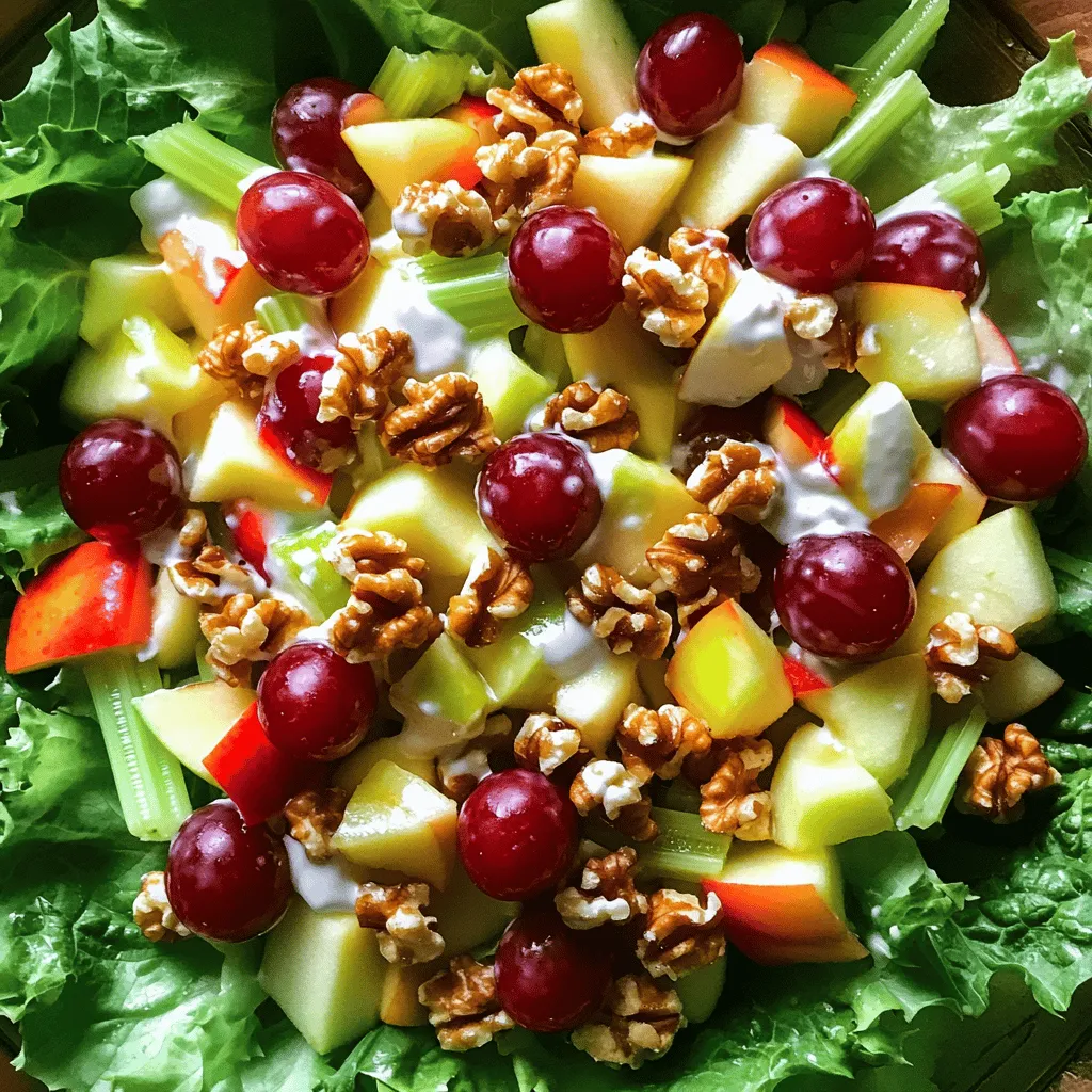 For a tasty Classic Waldorf Salad, gather these key items: - 2 cups diced apples (preferably Granny Smith) - 1 cup celery, thinly sliced - 1 cup red grapes, halved - 1 cup walnuts, roughly chopped - 1/2 cup plain Greek yogurt - 1/4 cup mayonnaise - 1 tablespoon lemon juice - 1 teaspoon honey - Salt and pepper to taste - Lettuce leaves for serving These simple ingredients mix well and create a refreshing dish. Apples add crunch and sweetness. Celery gives a nice crunch, while grapes add juiciness. Walnuts add a rich, nutty flavor. The Greek yogurt and mayonnaise make a creamy dressing that ties everything together. You can make your Waldorf Salad even better by adding some extras. Here are some fun ideas: - Dried cranberries for a sweet and tart touch - Raisins for added sweetness - Chopped fresh herbs like parsley or mint for a fresh flavor - Sliced almonds for extra crunch These add-ins offer different flavors and textures. Feel free to mix and match based on what you like. Choosing the right apple and nuts can make a big difference. For apples, I suggest: - Granny Smith for their tartness - Honeycrisp for sweetness and crunch - Fuji for a balanced flavor For nuts, walnuts are classic. However, you might also try: - Pecans for a sweeter taste - Almonds for a milder flavor These options enhance your salad's taste and texture. You can mix and match to find your favorite combination. If you're curious about the whole process, check the Full Recipe for more details. 1. Begin by preparing the apples. Dice them into small pieces and toss them in lemon juice to keep them fresh. 2. In a large bowl, combine the diced apples, sliced celery, halved grapes, and chopped walnuts. 3. In another bowl, mix the Greek yogurt, mayonnaise, honey, salt, and pepper until smooth. 4. Pour the dressing over the apple mix and gently fold everything together. 5. Taste the salad. Adjust seasoning if needed by adding salt, pepper, or honey. 6. Chill the salad in the fridge for at least 30 minutes. This helps the flavors blend. 7. Serve the salad on a bed of lettuce leaves for a nice crunch. - When dicing apples, use a sharp knife for clean cuts. This helps with even texture. - Use fresh celery for a crisp bite. Old celery can be limp and less tasty. - For the dressing, whisk it well. This ensures all flavors mix together nicely. - When folding the salad, be gentle. This keeps the apples and grapes intact. - Tasting is key! Adjust seasoning to your liking. Everyone's flavor preference is different. - Chilling is important. It not only blends flavors but also cools the salad for a refreshing bite. - Garnish with extra walnuts or grapes for a lovely finish. It adds visual appeal. - Serve the salad on individual plates for a nice touch. - You can also use a large bowl for sharing. It looks inviting on a table. - Garnish with fresh herbs like parsley or mint for added color. - Pair it with grilled chicken or fish for a complete meal. The flavors complement each other well. - You can also add a slice of whole-grain bread on the side. It makes for a great lunch option. For the full recipe, check out Classic Waldorf Salad. Enjoy making this fresh and flavorful dish! To make your Classic Waldorf Salad pop, focus on balancing the flavors. Start with fresh, crunchy apples. Granny Smith apples give a nice tartness. This pairs well with sweet grapes. Add a touch of lemon juice to keep apples bright. When making the dressing, use plain Greek yogurt for creaminess. It adds a nice tang. Mix in a bit of honey for sweetness. A pinch of salt can bring out all the flavors. Also, consider adding spices like cinnamon or nutmeg. Just a dash can add warmth. Be careful not to overdo it. Always taste as you mix. One common error is not prepping apples correctly. Always toss them in lemon juice right after cutting. This keeps them from browning. Another mistake is using old ingredients. Fresh celery and grapes are key. Check for firmness and crispness. Avoid over-mixing the salad once you add the dressing. Gently fold the ingredients to keep everything intact. If the salad gets mushy, it won’t be as enjoyable. Feel free to make this salad your own. Want to add more crunch? Try adding sliced almonds or sunflower seeds. If you like a sweeter taste, add dried cranberries or raisins. These add color and flavor. You can also swap out walnuts for pecans for a different twist. For dietary needs, if you want gluten-free, check your mayo. You can also make the salad vegan by using plant-based yogurt and mayo. Adjust the honey to maple syrup for a vegan option. {{image_2}} The classic Waldorf salad has a simple mix of apples, celery, walnuts, and a creamy dressing. This version shines with its fresh flavors. Modern takes often add new ingredients for extra flair. You might see grapes, cranberries, or even chicken in some recipes. These twists make the salad more filling or fun. Each style has its charm, but both celebrate the crunch of fresh produce. If you want to make your Waldorf salad gluten-free or vegan, it’s easy to swap ingredients. For a gluten-free version, ensure your mayonnaise is safe. You can use cashew yogurt instead of Greek yogurt for a vegan option. Nuts can be switched too. Try pecans or sunflower seeds for different flavors. If you like it sweeter, add honey or maple syrup. Making these swaps keeps the salad tasty and suits all diets. Serving your Waldorf salad can be as fun as making it. For a fancy touch, use individual cups or jars. Layer the ingredients for a colorful display. You can also serve it on a large platter with fresh herbs for a pop of color. If you want to make it a meal, add grilled chicken on top. Each way you present it can make the dish feel festive or casual. Explore your creativity and impress your guests! For the full recipe, refer to [Full Recipe]. To keep your Classic Waldorf Salad fresh, use an airtight container. Make sure to store it in the fridge. If possible, keep the dressing separate until you are ready to eat. This helps maintain the crispness of the apples and celery. You can also layer the solid ingredients at the bottom and place the dressing on top. This way, the salad stays fresh longer. When stored correctly, your salad will last about three days in the fridge. It’s best to eat it sooner for the best taste and texture. After three days, the apples may start to brown and the salad will lose its crunch. You might still eat it after that, but it won’t be as good. Waldorf Salad is best served cold, so avoid reheating it. If you want to refresh leftovers, add a squeeze of lemon juice and a little more yogurt or mayonnaise. This brightens the flavors and brings back some moisture. Serve it on fresh lettuce leaves for a nice crunch. You can find the full recipe to help make it fresh again! Waldorf Salad first appeared in 1896 at the Waldorf Astoria Hotel in New York. It was created by a chef named Oscar Tschirky. This dish combines fresh apples, celery, walnuts, and grapes. It became popular for its crunchy texture and sweet-tart flavor. The original recipe used a creamy dressing made from mayonnaise. Today, many people enjoy lighter versions with yogurt or sour cream. Waldorf Salad is a great dish for picnics or parties. It showcases how simple ingredients can create something special. Yes, you can make Waldorf Salad ahead of time, which is perfect for busy days. To prepare it in advance, follow these tips: - Chop ingredients: Dice the apples and slice the celery, but wait to mix them until serving. - Use lemon juice: Toss the apples in lemon juice to keep them fresh and bright. - Store separately: Keep the dressing and salad ingredients in separate containers. This prevents sogginess. - Chill: You can prepare the salad up to a day ahead. Just mix it before serving. This way, you save time and still enjoy the fresh taste of Waldorf Salad. Waldorf Salad pairs well with many dishes, making it versatile for meals. Here are some great ideas: - Grilled chicken: The salad complements the savory flavor of grilled chicken. - Pork chops: The crunch and sweetness balance nicely with pork. - Fish: A light fish, like salmon, works well with the salad’s refreshing taste. - Sandwiches: Serve it alongside your favorite sandwich for a nice lunch. These pairings enhance your meal, making every bite enjoyable. For the full recipe, check out the Classic Waldorf Salad section. Waldorf Salad is a delightful mix of apples, celery, nuts, and mayo. You learned how to prepare it step by step. Customizing it with add-ins like cranberries can boost its flavor. Avoid common mistakes to perfect your dish. This salad fits well with many meals and can be served in various fun ways. Store leftovers correctly to enjoy them later. With this guide, you can create a tasty, fresh salad any time. Enjoy exploring the flavors and finding your favorite twist!