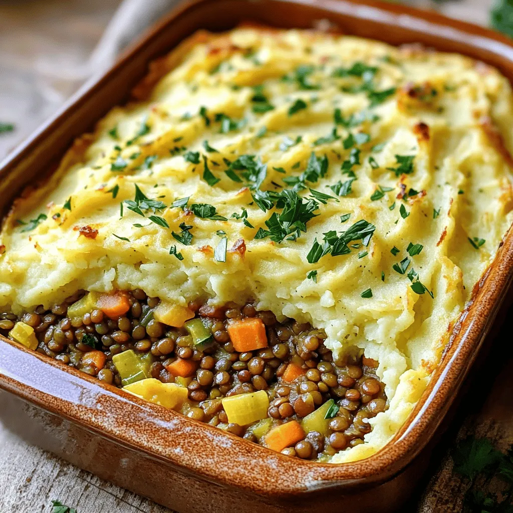 To make a Vegan Lentil Shepherd’s Pie, you will need: - 1 cup green or brown lentils, rinsed - 2 cups vegetable broth - 1 medium onion, diced - 2 carrots, diced - 2 celery stalks, diced - 3 cloves garlic, minced - 1 cup frozen peas - 1 tablespoon tomato paste - 1 teaspoon dried thyme - 1 teaspoon dried rosemary - 2 tablespoons soy sauce - 2 tablespoons olive oil - Salt and pepper to taste - 4 large potatoes, peeled and cubed - 1/4 cup coconut milk (or other non-dairy milk) - 2 tablespoons nutritional yeast (optional) - Fresh parsley for garnish You can easily swap some ingredients for others. If you don’t have lentils, try canned beans. Use any vegetable broth you like. For the veggies, feel free to add mushrooms or bell peppers. If you prefer, you can use sweet potatoes instead of regular potatoes. If you want a creamier mash, add more coconut milk or use cashew cream. Nutritional yeast can be skipped if you don’t have it. This Vegan Lentil Shepherd’s Pie is not just tasty; it’s also healthy. Each serving is packed with protein and fiber from lentils. You get vitamins from the mix of vegetables. The potatoes provide carbs to give you energy. With coconut milk, you add healthy fats too. On average, one serving has around 300 calories, making it a filling meal without being heavy. For the full recipe, check the link. Start by rinsing 1 cup of lentils. Place them in a medium pot. Add 2 cups of vegetable broth. Bring the pot to a boil. Once boiling, lower the heat and let it simmer. Cook for about 25 to 30 minutes. The lentils should be tender but not mushy. After they are done, drain any extra liquid. Set the lentils aside for now. In a large skillet, pour in 2 tablespoons of olive oil. Heat it over medium heat. Add 1 diced onion, 2 diced carrots, and 2 diced celery stalks. Sauté the mix for about 5 to 7 minutes. You want the veggies soft but not brown. Next, add 3 minced garlic cloves to the skillet. Cook for 1 more minute, stirring often. This step makes the flavors pop! Now it’s time to combine everything. Take the cooked lentils and add them to the skillet. Stir in 1 tablespoon of tomato paste, 1 teaspoon of dried thyme, and 1 teaspoon of dried rosemary. Pour in 2 tablespoons of soy sauce and add 1 cup of frozen peas. Season with salt and pepper to taste. Cook for another 5 minutes. This mix becomes the filling for your pie. For the mashed potatoes, boil 4 large cubed potatoes in salted water. Cook for about 15 to 20 minutes. Drain and return them to the pot. Add 1/4 cup of coconut milk and 2 tablespoons of nutritional yeast if you want a cheesy taste. Mash until smooth and creamy. Now, preheat your oven to 400°F (200°C). In a baking dish, spread the lentil and vegetable mix evenly. Top it with the creamy mashed potatoes. Make sure to cover the filling completely. This step-by-step guide will help you create a hearty and comforting dish. For the complete recipe, check out the Full Recipe section! To make great mashed potatoes, start with the right potatoes. Use starchy types like russet or Yukon gold. Peel and chop them into even pieces. This helps them cook evenly. Boil them in salted water until fork-tender. Drain them well to remove excess water. For creaminess, add coconut milk and mash until smooth. If you like, you can add nutritional yeast for a cheesy flavor. Seasoning is key to a tasty dish. Start with a little salt and pepper. Taste the filling before baking. You can always add more seasoning later. If you want a kick, try adding red pepper flakes or smoked paprika. Herbs like thyme and rosemary can boost the flavor too. Adjust to what you enjoy most. Gather these tools for easy cooking: - A medium pot for lentils - A large skillet for vegetables - A baking dish for the pie - A potato masher for the potatoes - A chopping board and knife for prep - Measuring cups and spoons for accuracy These tools will help you create a perfect Vegan Lentil Shepherd’s Pie. For the full recipe, check [Full Recipe]. {{image_2}} You can change up the veggies in this dish. Try adding mushrooms for a meaty flavor. Sweet potatoes add a nice sweetness and color. Bell peppers bring a crunch and bright taste. You can also use zucchini or green beans for added nutrition. Mix and match to suit your taste. Just chop them small for even cooking. Want to make your Vegan Lentil Shepherd’s Pie even heartier? Add tempeh or tofu. Tempeh gives a nutty flavor and extra protein. Crumble it into the lentil mix. Tofu can add creaminess. Use firm tofu and mash it before mixing. Both options make the dish more filling and nutritious. Herbs and spices take this pie to the next level. Add fresh parsley or cilantro for brightness. A pinch of smoked paprika gives a warm, smoky flavor. You can also try adding a dash of cumin for a savory kick. Don’t forget about nutritional yeast; it adds a cheesy taste. Experiment with these to find your perfect flavor mix. For the complete recipe, check out the Full Recipe link. After making Vegan Lentil Shepherd’s Pie, let it cool down. Place leftovers in an airtight container. Store in the fridge for up to five days. When ready to eat, check for any signs of spoilage. You can freeze Vegan Lentil Shepherd’s Pie for longer storage. First, let it cool completely. Cut it into portions for easy use later. Wrap each portion tightly in plastic wrap, then place in a freezer-safe bag. It can last for about three months in the freezer. Remember to label the bags with the date. To reheat, you can use the oven or the microwave. For the oven, preheat it to 350°F (175°C). Place the pie in an oven-safe dish and cover it with foil. Heat for about 20-25 minutes or until hot. For the microwave, place a portion on a microwave-safe plate. Heat for 2-3 minutes, checking every minute. Enjoy your warm, hearty meal again! For the full recipe, check out the original instructions above. Yes, you can make this recipe gluten-free. Just use gluten-free soy sauce or tamari. Both work well in place of regular soy sauce. This small change keeps the taste great while making it safe for gluten-free diets. To add heat to your Vegan Lentil Shepherd’s Pie, try adding red pepper flakes. Start with a pinch and taste it. You can also mix in diced jalapeños or a splash of hot sauce. These options let you control the spice level to suit your taste. Many sides complement this dish wonderfully. A simple green salad with a light dressing works well. Roasted vegetables also pair nicely, adding color and flavor. For a heartier meal, serve it with crusty bread or garlic bread. These sides enhance the comfort food vibe of the shepherd's pie. For the complete recipe and more details, check out the Full Recipe. In this blog post, we explored a delicious Vegan Lentil Shepherd’s Pie. We covered ingredients, cooking steps, and useful tips. You can adjust flavors and add veggies or proteins to fit your taste. Proper storage keeps leftovers fresh for later meals. Now you can whip up this dish and impress everyone. With simple changes, this recipe can suit any preference. Enjoy your cooking and share your results!