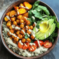 - 1 can (15 oz) chickpeas, drained and rinsed - 1 medium sweet potato, peeled and diced - 1 cup quinoa, rinsed - 2 tablespoons olive oil - 1 tablespoon smoked paprika - 1 teaspoon cumin - 1/2 teaspoon cayenne pepper (adjust for spiciness) - Salt and pepper to taste - 1/4 cup tahini - 2 tablespoons lemon juice - 1 avocado, sliced - 1 cup spinach, roughly chopped - 1/2 cup cherry tomatoes, halved - Fresh cilantro for garnish The main ingredients in this spicy chickpea Buddha bowl create a base full of flavor. Chickpeas are packed with protein and fiber. Sweet potatoes add natural sweetness and vibrant color. Quinoa is a great grain, full of nutrients and easy to cook. For seasoning, olive oil helps everything roast nicely. Smoked paprika gives a warm, smoky taste. Cumin adds earthiness, while cayenne pepper brings the heat. Adjust the cayenne based on your spice level. Salt and pepper enhance all the flavors. The dressing combines tahini and lemon juice for creaminess and tang. This adds a zesty touch to the bowl. You can add optional toppings to make it even better. Sliced avocado adds creaminess. Cherry tomatoes bring freshness. Fresh herbs like cilantro add a burst of flavor. This recipe is easy to follow with simple ingredients. You can find the full recipe above. Enjoy creating your own colorful and tasty Buddha bowl! First, preheat your oven to 400°F (200°C). In a mixing bowl, toss the drained chickpeas with: - 2 tablespoons olive oil - 1 tablespoon smoked paprika - 1 teaspoon cumin - 1/2 teaspoon cayenne pepper (adjust for spiciness) - Salt and pepper to taste Mix well until the chickpeas are evenly coated. Spread them out on a baking sheet. Roast for 20-25 minutes. They should be crispy and golden when done. Next, prepare your sweet potatoes. Peel and dice one medium sweet potato. Toss the diced sweet potato with a little olive oil, salt, and pepper on another baking sheet. Roast in the oven alongside the chickpeas for about 25-30 minutes. Stir halfway through to ensure even cooking. You want them to be soft and caramelized. While the chickpeas and sweet potatoes roast, you can cook the quinoa. Gather these ingredients: - 1 cup quinoa, rinsed - 2 cups vegetable broth (or water) In a medium pot, combine the rinsed quinoa and vegetable broth. Bring to a boil, then reduce to a simmer. Cover the pot and cook for about 15 minutes. The quinoa is ready when it is fluffy and the liquid is absorbed. Remove from heat and let it sit for 5 minutes. Fluff it with a fork afterward. Now, let’s make the dressing. You will need: - 1/4 cup tahini - 2 tablespoons lemon juice - Salt to taste In a small bowl, whisk together the tahini and lemon juice. Add a bit of water to reach your desired consistency. Make sure to season with salt to taste. It's time to assemble your Buddha bowl! Start by layering a scoop of quinoa in each bowl. Top it with: - Roasted sweet potatoes - Crispy chickpeas - Chopped spinach - Halved cherry tomatoes - Sliced avocado Finally, drizzle the tahini dressing over the top. To finish, sprinkle fresh cilantro over the bowl for extra flavor. Serve immediately and enjoy your colorful, nutritious meal. The combination of flavors will make this a favorite! To make your Spicy Chickpea Buddha Bowl even better, try adding more spices. Some good options are curry powder or garlic powder. These spices can change the taste and boost flavor. Fresh herbs also help. Add cilantro, parsley, or basil to give your bowl a fresh kick. You can easily switch up the veggies in your bowl. Try bell peppers, zucchini, or roasted Brussels sprouts. Each adds a new flavor and texture. If you want more protein, consider adding grilled chicken, tofu, or even a boiled egg. These add-ons make your meal heartier. To get crispy chickpeas, make sure they are dry before seasoning. Use a clean towel to pat them dry after rinsing. Spread them out on the baking sheet to avoid steaming. For perfectly cooked quinoa, rinse it well before cooking. Use two parts broth to one part quinoa for great results. Let it sit after cooking to fluff it up. For the full recipe, check out the Spicy Chickpea Buddha Bowl section earlier in this article. Enjoy your cooking! {{image_2}} You can easily adapt this spicy chickpea Buddha bowl to fit your diet. It is vegan and naturally gluten-free. For nut-free options, skip the tahini. Instead, try using sunflower seed butter. This keeps the creamy texture without allergens. Using seasonal vegetables makes this bowl even better. In spring, add fresh asparagus or peas for crispness. In summer, switch to grilled zucchini or bell peppers for a smoky flavor. In fall, roasted Brussels sprouts or carrots work great. Each season brings its own taste and color to the bowl. Dressings can change the vibe of your meal. Try a spicy sriracha dressing for heat or a mild yogurt dressing for creaminess. Making your own dressing is simple and fun. Just mix olive oil, vinegar, and herbs for a fresh taste. If you're short on time, store-bought dressings work well too. Just check the labels for added sugars or unwanted ingredients. For the full recipe, check out the recipe section. To keep your Spicy Chickpea Buddha Bowl fresh, store leftovers in an airtight container. This helps lock in flavors and prevent spoilage. Make sure to let the bowl cool down before putting it in the fridge. It’s best to use containers that are BPA-free and microwave-safe. Glass containers work great for this. When it’s time to enjoy your leftovers, reheating gently is key. Use the microwave for quick heating. Place the bowl in a microwave-safe dish and cover it with a damp paper towel. This keeps moisture in. Heat for 1-2 minutes, stirring halfway through. You can also reheat the bowl in the oven at 350°F. Just cover it with foil to avoid drying out. Preparing your Buddha bowl in advance can save time during the week. Cook and store each component separately. Keep chickpeas, quinoa, and veggies in their own containers. This way, you can mix and match as you like. When you’re ready to eat, just assemble your bowl quickly. This makes for a fun and easy meal prep option. For a full recipe, check out the Spicy Chickpea Buddha Bowl. A Buddha bowl is a colorful dish that brings together many flavors. It usually has a base of grains, like quinoa or rice. You then add veggies, proteins, and a tasty sauce. The goal is to create a balanced meal in one bowl. Yes, you can use canned chickpeas! They save time and are easy to use. Canned chickpeas are already cooked, so you just drain and rinse them. This makes meal prep faster. Dried chickpeas take longer to cook and need soaking. So, if you are in a rush, canned is the way to go! To add more heat, increase the cayenne pepper. You can also add crushed red pepper flakes for a different kick. If you like it really spicy, try some hot sauce in the dressing. Always taste as you go to find your perfect heat level. Yes, this recipe is healthy! Chickpeas provide protein and fiber. Sweet potatoes are full of vitamins and minerals. Quinoa is a great source of complete protein. The fresh veggies add nutrients and crunch. All these ingredients work together to give you a nutritious meal. Absolutely! You can prep the chickpeas and sweet potatoes ahead. Store them in the fridge for up to four days. Cook the quinoa and keep it in an airtight container. Assemble the bowl just before eating for the best taste. This is a great meal prep option! For the full recipe, check out the details above. This Buddha bowl recipe is a great way to eat healthy and tasty. We covered key ingredients like chickpeas, sweet potatoes, and quinoa. I shared tips on roasting, cooking, and making yummy dressings. You can customize your bowl with toppings and variations to fit your needs. Store leftovers wisely for quick meals later. Enjoy creating your own unique Buddha bowl filled with flavor and nutrients. This dish not only satisfies but also makes meal prep easy and fun. Dive into this wholesome, colorful meal that you can enjoy any day!