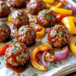 - 1 pound ground beef - 1/2 pound ground pork - 1 cup breadcrumbs - 1/4 cup grated Parmesan cheese - 1/4 cup chopped fresh parsley - 1 large egg - 2 cloves garlic, minced - 1 teaspoon onion powder - 1 teaspoon smoked paprika - 1/2 teaspoon black pepper - 1 teaspoon salt - 1 cup BBQ sauce (your favorite brand) - 1 red bell pepper, chopped - 1 yellow bell pepper, chopped - 1 red onion, chopped When I create my Sheet Pan BBQ Meatballs, I focus on fresh and simple ingredients. The mix of ground beef and pork makes these meatballs juicy and tasty. Breadcrumbs help hold everything together. I always add grated Parmesan for a rich flavor. Chopped parsley gives a nice touch of color and freshness. For the best taste, I use minced garlic, onion powder, and smoked paprika. These spices add depth and warmth. The salt and black pepper bring out the flavors of the meat and veggies. I love to toss in bright bell peppers and red onion. They add color and sweetness. Finally, I cover the meatballs with my favorite BBQ sauce. This sauce brings everything together with a sweet and smoky kick. You can find the Full Recipe for these meatballs above. Enjoy making this easy dish! - Preheat the oven to 400°F (200°C). - Prepare the sheet pan with parchment paper or foil. Start by preheating your oven. This step is key to getting nice, crispy meatballs. Next, grab a large sheet pan and line it with parchment paper or foil. This makes cleanup easy and keeps the meatballs from sticking. - Combine ground meats, breadcrumbs, cheese, and seasonings. - Form the meat mixture into meatballs. In a big mixing bowl, combine the ground beef and ground pork. Then, add the breadcrumbs, cheese, and seasonings. I like to use garlic, onion powder, smoked paprika, black pepper, and salt for flavor. Mix everything well until it holds together. Now, shape the mixture into meatballs about 1.5 inches wide. - Place meatballs on one side of the prepared sheet pan. - Toss vegetables in olive oil and seasonings, then spread on the other side. Place the formed meatballs on one side of the pan. This gives them space to cook evenly. For the veggies, toss the chopped bell peppers and red onion in olive oil and your favorite seasonings. Spread these on the other side of the pan. - Bake meatballs and veggies for 20 minutes. - Brush with BBQ sauce and return to oven for an additional 10 minutes. Bake the meatballs and veggies in the oven for 20 minutes. After that, pull them out and brush the meatballs with BBQ sauce. Then, put them back in the oven for another 10 minutes. This will make the meatballs sweet and sticky. For the full recipe, check out the details above. Enjoy the delicious taste of homemade BBQ meatballs! To make perfect meatballs, you need the right texture. Here are some tips to help you achieve it: - Use a mix of ground beef and ground pork for great taste. - Keep the meat mixture moist by adding breadcrumbs and egg. - Do not overmix; this keeps the meatballs tender. For best flavor, I recommend a 70/30 mix of beef to pork. The beef gives a rich taste, while pork adds juiciness. This combo is perfect for BBQ meatballs. Choosing the right BBQ sauce is key. Here are some great options to try: - Sweet BBQ Sauce: Adds a nice glaze and flavor. - Spicy BBQ Sauce: Gives a kick to your meatballs. - Smoky BBQ Sauce: Adds depth and richness. If you want to make homemade BBQ sauce, it’s easy! Combine ketchup, brown sugar, vinegar, and spices like garlic powder and onion powder. Adjust the sweetness and spice to your taste. For gatherings, presentation matters. Here are some tips to serve your meatballs: - Use a large platter for a beautiful display. - Drizzle extra BBQ sauce over the meatballs for a shiny look. - Garnish with chopped parsley to add color. For sides, consider serving with: - Coleslaw for crunch. - Cornbread for a sweet touch. - A refreshing salad to balance the meal. Pair your meatballs with drinks like iced tea or soda to keep it casual and fun. Check out the Full Recipe for more details on making these delicious meatballs! {{image_2}} You can change up the proteins in your meatballs. Ground turkey or chicken works great. You can also make vegetarian meatballs with beans or lentils. For a fun twist, try using different cheeses. Mozzarella or feta can really change the flavor. If you want a crunch, switch your breadcrumbs. Use panko for a lighter texture or crushed crackers for a unique taste. Want more spice? Add cayenne or red pepper flakes to your mix. These spices give the meatballs a nice kick. You can also choose your BBQ sauce wisely. A sweet sauce brings out the meat's flavor, while a spicy sauce adds heat. Try mixing sauces for a blend of flavors. This lets you customize your meal just the way you like it. Seasonal veggies bring freshness to your dish. In spring, add zucchini or asparagus. In fall, consider using squash or pumpkin. You can change your veggies based on what's in season. This not only enhances flavor but also supports local farms. Adjust your ingredients to fit the season. This keeps your meals exciting and fresh. To store leftover meatballs and veggies, let them cool first. Then, place them in airtight containers. This keeps them fresh and prevents odors. I recommend glass containers. They are durable and easy to clean. Label the containers with the date. This helps you keep track of how long they are stored. To freeze meatballs, first make sure they cool down completely. Then, place them in a single layer on a baking sheet. Freeze for about an hour. After they are frozen, transfer them to freezer bags. Remove as much air as possible. This keeps them safe from freezer burn. For reheating, simply thaw overnight in the fridge. Heat them in the oven or microwave until hot. In the fridge, meatballs can last about 3 to 4 days. If you freeze them, they are good for up to 3 months. Always check for signs of spoilage. Look for off smells or changes in color. If they seem different, it's best to throw them away. Enjoy your meal safely! To check if your meatballs are done, use a meat thermometer. Insert it into the center of a meatball. The safe internal temperature is 160°F (71°C). If it reaches this temperature, your meatballs are safe to eat. If not, bake them a little longer. This simple step helps you avoid undercooked meat. Yes, you can make these meatballs in advance! Prepare the meatball mixture and shape it into balls. Then, place them on a tray and freeze until solid. Once frozen, transfer them to a freezer bag. They will stay fresh for about three months. When you are ready to eat, bake them straight from the freezer. Just add a few extra minutes to the cooking time. These meatballs pair well with many sides. Here are some popular choices: - Rice or quinoa - Mashed potatoes - Coleslaw - Cornbread - Grilled vegetables Feel free to mix and match based on your taste. Each of these sides adds a nice touch to your meal. Yes, these meatballs freeze well. To freeze, let them cool completely after baking. Then, place them in an airtight container or freezer bag. They can last up to three months. To reheat, simply bake in the oven until warmed through. You can also microwave them if you need a quicker option. Enjoy your tasty meal anytime! In this post, we covered how to make delicious sheet pan BBQ meatballs. We looked at the main ingredients, from ground meats to seasonings and veggies. You learned step-by-step how to mix, bake, and serve them. We shared tips on making the best meatballs and suggested tasty variations. Lastly, we discussed storage and meal prep. Now, you’re ready to create your own tasty feast. Grab your ingredients, get cooking, and enjoy!