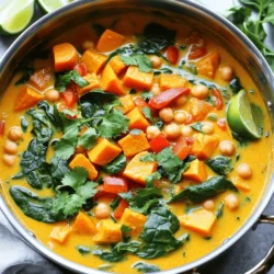 To make a tasty Vegan Sweet Potato Curry, gather these fresh ingredients: - 2 medium sweet potatoes, peeled and diced - 1 can (400ml) coconut milk - 1 can (400g) chickpeas, drained and rinsed - 1 medium onion, diced - 3 cloves garlic, minced - 1 inch piece of ginger, grated - 2 tablespoons red curry paste - 1 bell pepper (any color), chopped - 2 cups baby spinach - 1 tablespoon olive oil - Salt and pepper to taste - Fresh cilantro for garnish - Lime wedges for serving This vegan curry is not only delicious but also nutritious. Each serving offers a great balance of carbs, protein, and healthy fats. Sweet potatoes provide fiber and vitamins, while chickpeas add protein. Coconut milk gives a creamy texture and healthy fats. You get many nutrients in one bowl, making it a wholesome meal. When picking sweet potatoes, look for firm ones with no soft spots. Choose ones with smooth skin for the best flavor. For onions, go for ones that feel heavy for their size. Garlic should be firm and dry. When selecting bell peppers, pick ones that are bright in color and have a firm skin. For spinach, choose fresh leaves that are vibrant and crisp. Using fresh ingredients makes your curry taste even better! For the full recipe, check out the complete guide. First, start by gathering your ingredients. You need sweet potatoes, coconut milk, chickpeas, onion, garlic, ginger, red curry paste, bell pepper, baby spinach, olive oil, salt, and pepper. 1. In a large pot, heat the olive oil on medium heat. 2. Add your diced onion. Cook it for about 5 minutes until it turns clear. 3. Now, stir in the minced garlic and grated ginger. Cook for 1 minute until it smells great. 4. Add the red curry paste to the pot. Mix it well with the onion and cook for 2 more minutes. 5. Next, toss in the diced sweet potatoes and chopped bell pepper. Mix it well to coat them in the curry flavors. 6. Pour in the coconut milk and add the drained chickpeas. Stir everything together and bring it to a gentle simmer. 7. Lower the heat to low, cover the pot, and cook for 20 minutes. This makes the sweet potatoes soft. 8. Finally, fold in the baby spinach and let it wilt in for 2-3 minutes. 9. Season with salt and pepper to your taste. Adjust if needed. 10. Serve the curry hot, garnished with fresh cilantro and lime wedges for extra flavor. To make this vegan sweet potato curry, you will use a few key techniques. - Sautéing: This helps to build flavor by cooking onions, garlic, and ginger first. - Simmering: This allows the sweet potatoes to cook down and absorb the curry flavors. - Wilting: Adding spinach at the end makes it fresh and bright. These techniques make your curry tasty and enjoyable. This recipe is quick and easy. Here’s the time breakdown: - Prep Time: 10 minutes to chop and prepare. - Cooking Time: 20 minutes for simmering. - Total Time: 30 minutes from start to finish. You can find the full recipe linked above to guide you through the process! When making vegan sweet potato curry, avoid these common mistakes: - Not peeling the sweet potatoes: The skin can be tough and bitter. - Overcooking the garlic: Burnt garlic makes the dish taste bitter. - Skipping the seasoning: Salt and pepper enhance flavor. Don’t skip them! - Adding spinach too early: It wilts too much and loses its bright color. To make your curry pop, try these tips: - Use fresh spices: Freshly grated ginger and minced garlic add more depth. - Experiment with herbs: Add fresh basil or cilantro for a bright finish. - Add a splash of lime juice: This brightens up the whole dish. - Top with nuts or seeds: Cashews or pumpkin seeds add crunch and flavor. Serve your vegan sweet potato curry in these tasty ways: - With rice or quinoa: These grains soak up the curry sauce. - In a bowl with naan: Use naan to scoop up the curry. - With a side salad: A fresh salad balances the meal. - Garnished with cilantro: This adds a nice touch and color. For the complete recipe, check out the Full Recipe section. Enjoy your cooking! {{image_2}} This vegan sweet potato curry is naturally gluten-free. You can enjoy it without worry. Just make sure your red curry paste has no gluten. Many brands are gluten-free, so check the label. If you want a thicker curry, use more sweet potatoes or add a bit of cornstarch mixed with water. Chickpeas add great protein to this dish. If you want more, try adding lentils. They cook well and soak up flavor. You can also use tofu for a different texture. Simply cube it and add it with the sweet potatoes. It makes the curry even heartier. Using seasonal veggies can change the flavor of your curry. In spring, add asparagus or peas for freshness. In summer, try zucchini or eggplant for a twist. In fall, pumpkin or butternut squash can enhance sweetness. In winter, root vegetables like carrots or parsnips work well. These swaps keep your curry exciting all year long. For the full recipe, check back to the main section. Store your vegan sweet potato curry in an airtight container. Let it cool first. Place it in the fridge. It stays fresh for up to four days. Keep it away from strong odors. This helps maintain the curry's flavor. To reheat, pour the curry into a pot. Heat it on low heat. Stir it often to avoid sticking. You can also use the microwave. Heat it in short bursts, stirring in between. Ensure it's hot all the way through before serving. You can freeze the curry for later meals. Use a freezer-safe container. Leave some space at the top for expansion. It lasts up to three months in the freezer. When you're ready to eat, thaw it in the fridge overnight. Reheat it like mentioned above for best results. Enjoy your homemade comfort food anytime! For the full recipe, check out the details above. Yes, you can make the curry ahead of time. It tastes even better the next day! Just store it in an airtight container in the fridge. Reheat it on the stove or in the microwave before serving. The flavors meld and deepen, making each bite delightful. If you don't have coconut milk, you can use almond milk or soy milk. These options add a different taste but still keep the dish creamy. You can also use vegetable broth for a lighter version. Just remember, it may change the flavor a bit. This vegan sweet potato curry is perfect for meal prepping. It keeps well in the fridge for about four days. You can also freeze it for up to three months. Make a big batch, portion it out, and enjoy it throughout the week. Check out the Full Recipe for more tips! In this blog post, we explored a delicious vegan sweet potato curry. We covered ingredients, cooking steps, and helpful tips. You learned how to choose fresh ingredients and avoid common mistakes. I also shared various ways to enhance flavor and serving ideas. Enjoy making this curry your own with seasonal swaps and gluten-free options. Remember, you can store leftovers and even freeze extras for later. With all this information, you can make a tasty meal that satisfies your cravings. Cook with confidence and enjoy every bite!