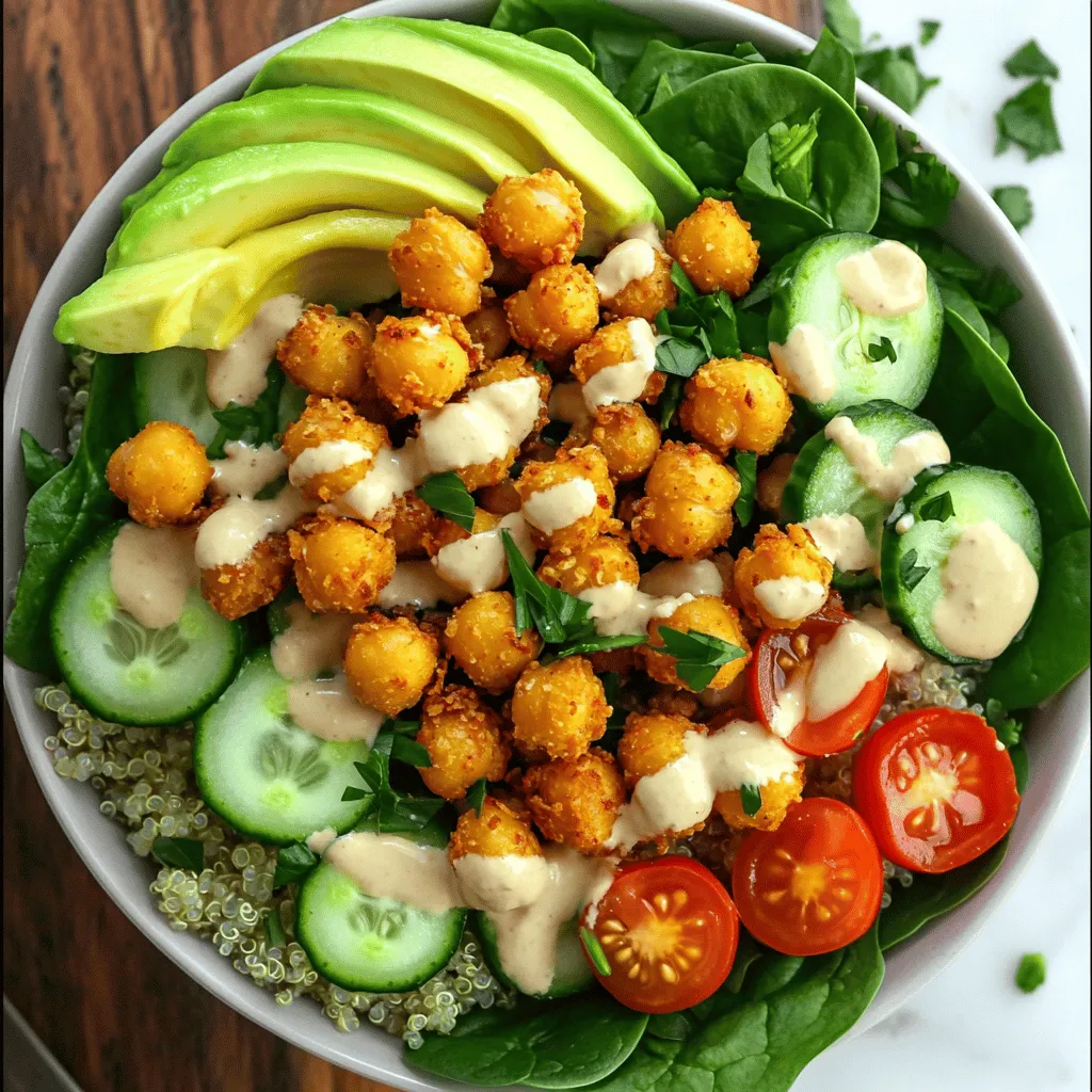To make a delicious Crispy Chickpea Buddha Bowl, you need a few key ingredients. Here’s what you will need: - Chickpeas and Seasonings - 1 can (15 oz) chickpeas, drained and rinsed - 2 tablespoons olive oil - 1 teaspoon smoked paprika - 1 teaspoon garlic powder - 1/2 teaspoon cumin - Salt and pepper to taste - Grains and Fresh Produce - 1 cup quinoa, rinsed - 2 cups vegetable broth - 1 cup cherry tomatoes, halved - 1 cucumber, diced - 1 avocado, sliced - 1 cup baby spinach - Dressing and Garnish - 1/4 cup tahini dressing (store-bought or homemade) - Fresh parsley, chopped for garnish Each ingredient plays a role in creating layers of flavor and texture. The chickpeas become crispy and flavorful with the right seasonings. Quinoa adds a nutty base, while the fresh veggies bring crunch and brightness. The tahini dressing ties everything together, adding creaminess and tang. You can find the full recipe [here](#). Preheating and Coating First, I preheat the oven to 400°F (200°C). This is key for crispy chickpeas. In a bowl, I toss the drained chickpeas with olive oil, smoked paprika, garlic powder, cumin, salt, and pepper. I make sure each chickpea gets a nice coat of seasoning. Baking Instructions Next, I spread the chickpeas on a baking sheet in a single layer. I roast them in the oven for 25 to 30 minutes. Halfway through, I shake the pan to help them cook evenly. The goal is to get them golden brown and crispy. Boiling the Vegetable Broth While the chickpeas are baking, I start cooking the quinoa. I bring 2 cups of vegetable broth to a boil in a saucepan. The broth adds great flavor to the quinoa. Simmering Instructions Once the broth boils, I add 1 cup of rinsed quinoa. I reduce the heat to low, cover the pot, and let it simmer for about 15 minutes. I want the quinoa to absorb all the liquid and become fluffy. Layering Ingredients After the quinoa is ready, I fluff it with a fork. In a large bowl, I start with a base of baby spinach. Then, I add a scoop of the fluffy quinoa. Next, I layer in halved cherry tomatoes, diced cucumber, and slices of avocado. Final Touches with Dressings To finish, I top the bowl with the crispy chickpeas. I drizzle tahini dressing on top and sprinkle chopped fresh parsley. This adds a burst of flavor and color. You can find the full recipe [Full Recipe]. To make crispy chickpeas, you need to focus on roasting. Start with draining and rinsing your chickpeas. Pat them dry with a towel. This step is key. The drier they are, the crispier they will get. - Use a hot oven. Preheat it to 400°F (200°C). - Spread the chickpeas on a baking sheet. Give them space. Crowding will make them steam, not roast. - Shake the pan halfway through. This helps ensure even cooking. For seasoning, I love using smoked paprika, garlic powder, and cumin. These spices add depth. You can also try cayenne for heat or rosemary for a fresh taste. Just remember to add salt. It brings out the flavors. You can cook quinoa in vegetable broth, but there are other options. Water works fine, but broth adds a lot of taste. You can also use chicken broth if you prefer that flavor. To enhance the flavor of your quinoa, try these tips: - Toast the quinoa before cooking. Heat it in a dry pan for a few minutes. It gives a nutty flavor. - Add a bay leaf or herbs to the broth. This can change the whole profile of the dish. A Buddha bowl should be colorful and inviting. Start by layering your ingredients. Place a bed of baby spinach at the bottom. Next, add a scoop of quinoa. Then, add your fresh veggies like cherry tomatoes and cucumber. To add a pop of color, use sliced avocado. Top it all with crispy chickpeas and a drizzle of tahini dressing. This not only adds flavor but also makes the bowl look stunning. Don’t forget to sprinkle fresh parsley on top for an extra touch. This makes your dish appealing and fun to eat. For more tips, check out the Full Recipe. {{image_2}} Protein Alternatives You can make this bowl your own by swapping chickpeas for other proteins. Try black beans or lentils for a different taste. If you want meat, grilled chicken or shrimp works well. Tofu is also a great option for a plant-based protein source. Seasonal Vegetables Use what’s fresh in your area. In summer, add zucchini or bell peppers. In fall, roasted sweet potatoes or Brussels sprouts are excellent choices. Seasonal veggies not only taste better but also add color and nutrition. Homemade Tahini Variations While the tahini dressing is a must, you can mix it up. Add lemon juice for brightness or a little honey for sweetness. If you enjoy spice, try adding a pinch of cayenne or sriracha. Other Dressing Options Don’t limit yourself to tahini. A simple olive oil and balsamic vinegar mix works well. You could also use a yogurt-based dressing for a creamy twist. Explore different flavors to keep each bowl exciting. Adjusting for Larger or Smaller Portions You can easily adjust the recipe for different serving sizes. If you’re cooking for one, halve the ingredients. For a crowd, double or triple the amounts. Just keep an eye on the cooking times for the chickpeas and quinoa. Meal Prep Tips This bowl is perfect for meal prep. Make a big batch of quinoa and roasted chickpeas. Store them separately in the fridge. This way, you can grab and mix your favorite veggies and dressings for quick lunches or dinners. For the full recipe, check out the Crispy Chickpea Buddha Bowl. To keep your Crispy Chickpea Buddha Bowl fresh, choose the right container. A glass or BPA-free plastic container works best. Make sure it has a tight seal. This helps avoid air exposure. When putting leftovers in the fridge, cool them down first. Place them in the fridge within two hours. This keeps bacteria from growing. Your bowl should stay fresh for up to three days. When reheating, keep your chickpeas crispy. Use the oven for best results. Preheat the oven to 375°F (190°C). Spread the chickpeas on a baking sheet. Heat for about 10 minutes. This keeps them crunchy. For your quinoa, use the microwave if you're in a hurry. Place the quinoa in a bowl with a splash of water. Cover it with a damp paper towel. Heat it for one minute, then stir and check. If it needs more time, heat in 30-second bursts. For meal prep, store each part separately. Keep the crispy chickpeas, quinoa, and veggies in different containers. This helps them stay fresh longer. You can mix them when ready to eat. If you want to freeze the ingredients, it’s a great option. Freeze chickpeas and quinoa in airtight bags. They can last up to three months. Just thaw them in the fridge overnight before using. For more details, you may refer to the Full Recipe. How to make chickpeas crispy? To make chickpeas crispy, start with rinsed and drained chickpeas. Toss them in olive oil and your favorite seasonings. Spread them on a baking sheet in a single layer. Bake at 400°F (200°C) for 25-30 minutes. Shake the pan halfway through for even crispiness. Can I use dried chickpeas? Yes, you can use dried chickpeas. Soak them overnight and then cook them until tender. After cooking, follow the same steps for seasoning and roasting. Dried chickpeas need more time but can be worth the effort. Health Advantages of Chickpeas Chickpeas are a great source of protein and fiber. They help you feel full and satisfied. Plus, they contain vitamins and minerals like folate and iron. Adding chickpeas to your diet supports heart health and aids digestion. Benefits of Quinoa and Vegetables Quinoa is a complete protein, containing all nine essential amino acids. It also offers fiber, magnesium, and antioxidants. Fresh vegetables like tomatoes, cucumbers, and spinach add vital nutrients. They bring flavor, color, and crunch to your bowl. Best Side Dishes to Pair A Buddha bowl is filling on its own, but you can add sides. Try a simple green salad or roasted sweet potatoes. Hummus with pita chips can be a great addition too. What to Serve with a Buddha Bowl? Serve your Buddha bowl with a tangy yogurt sauce or a zesty lemon wedge. You could also add a slice of whole-grain bread for a hearty meal. Enjoy it with a refreshing beverage, like iced tea or sparkling water. For a detailed guide, check out the Full Recipe for the Crispy Chickpea Buddha Bowl. This blog post covers the key steps to making a tasty Buddha Bowl. We explored the important ingredients, from chickpeas to grains and fresh produce. I shared helpful tips for cooking and presenting your dish. You also learned how to customize your bowl and store leftovers effectively. Now, it’s time to get creative in the kitchen. Enjoy building your own Buddha Bowl with fresh flavors and satisfying textures. Remember, each bowl can be unique, just like you!