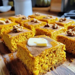 - 1 cup all-purpose flour - 1 cup cornmeal - 1 cup canned pumpkin puree - 1/2 cup packed brown sugar - 1/4 cup honey - 1/2 cup milk (or milk alternative) - 2 large eggs - 1/4 cup unsalted butter, melted - 1 tablespoon baking powder - 1 teaspoon cinnamon - 1/2 teaspoon nutmeg - 1/4 teaspoon allspice - 1/2 teaspoon salt - Optional: 1/2 cup chopped walnuts or pecans You can swap out flours if you want gluten-free options. Almond flour or oat flour works great. For sweeteners, try using maple syrup or agave nectar instead of honey. These options can change the taste slightly, but they add unique flavors. Adjust the amount to your liking. Using these tips, you can customize your pumpkin cornbread to suit your taste and dietary needs. If you want the full recipe, check out the Spiced Pumpkin Cornbread Delight. 1. Preheat your oven to 350°F (175°C). This ensures even baking. 2. Grease a 9x9 inch baking dish or use parchment paper. This makes it easy to remove later. 3. In a large bowl, mix the dry ingredients. Combine flour, cornmeal, baking powder, cinnamon, nutmeg, allspice, and salt. Stir until well mixed. 1. In another bowl, whisk the wet ingredients. Mix canned pumpkin, brown sugar, honey, milk, eggs, and melted butter until smooth. 2. Pour the wet mix into the dry mix. Stir gently to combine. A few lumps are fine; do not overmix. 3. If you want to add nuts, fold them in now. Chopped walnuts or pecans add great texture. 1. Pour the batter into your prepared baking dish. Spread it evenly across the dish. 2. Bake for 25-30 minutes. Check doneness by inserting a toothpick into the center. It should come out clean. 3. Once done, let the cornbread cool in the pan for about 10 minutes. Then, transfer it to a wire rack to cool completely. For the full recipe, check out the details mentioned earlier. Enjoy the fluffy, flavorful experience of this pumpkin cornbread! To make your pumpkin cornbread fluffy, focus on mixing. Combine wet and dry ingredients separately. When you mix them together, stir gently. Overmixing can make your cornbread dense. A few lumps are fine. Measuring your ingredients accurately is key. Use dry measuring cups for flour and cornmeal. Use liquid measuring cups for pumpkin and milk. Exact measurements lead to the best results. You can enhance flavor by adding spices. Ginger and cloves work wonderfully. They give warmth and depth to your cornbread. Don’t be afraid to experiment with the amounts. Adding texture can also boost flavor. Try mixing in nuts like walnuts or pecans. Dried fruits like cranberries or raisins add sweetness. They make each bite interesting and unique. Pair your cornbread with soups or salads. It complements hearty dishes well. You can also serve it warm with honey butter. Herb butter gives a fresh twist. For a fun touch, slice the cornbread into squares. Top with a pat of butter and a sprinkle of cinnamon. This makes for a lovely presentation. Don't forget to check out the Full Recipe for more tips! {{image_2}} You can add cheese to your pumpkin cornbread for a tasty twist. Cheddar or pepper jack works great. The cheese adds a rich flavor and a nice creamy texture. You’ll enjoy the warmth of the cheese melting into the cornbread. This change makes the bread savory and fun to eat. Each bite bursts with flavor and comfort. Want something sweeter? Try maple pumpkin cornbread. Just swap out some sugar for maple syrup. This change gives your cornbread a nice caramel flavor. You can also make chocolate chip pumpkin cornbread. Simply fold in chocolate chips into the batter. The sweet and rich chocolate pairs well with pumpkin flavors. Both options will delight anyone with a sweet tooth. If you prefer a kick, make jalapeño pumpkin cornbread. Chop fresh jalapeños and mix them into the batter. This adds a spicy surprise in each bite. You can also enhance the flavor by adding fresh herbs. Rosemary or thyme brings a fresh taste to the cornbread. These savory adaptations make your dish unique and exciting. Explore the Full Recipe for detailed steps to create these variations. To keep your pumpkin cornbread fresh, store it properly. First, let it cool completely. Then, wrap it tightly in plastic wrap or place it in an airtight container. This helps to lock in moisture. You can keep it in the fridge for up to one week. If you want to store it longer, freeze it. Slice the cornbread into portions. Wrap each slice in plastic wrap and place them in a freezer bag. This way, you can enjoy a slice whenever you crave it. Frozen pumpkin cornbread will stay good for about three months. When it’s time to enjoy your leftovers, reheating is key. The best method to reheat pumpkin cornbread is in the oven. Preheat your oven to 350°F (175°C). Place the cornbread on a baking sheet. Cover it with foil to keep it moist. Heat for about 10-15 minutes. If you prefer the microwave, use it too. Place a slice on a microwave-safe plate and cover it with a damp paper towel. Heat for about 20-30 seconds. This method helps to avoid dryness and keeps the flavor intact. Enjoy your warm, fluffy cornbread! You can use gluten-free flour blends. Look for a mix that has a good texture. I recommend using: - 1 cup almond flour - 1 cup gluten-free all-purpose flour - 1 cup cornmeal Make sure your baking powder is gluten-free too. This will keep your cornbread light and fluffy. Yes, you can! Fresh pumpkin gives a great taste. Here are steps to cook fresh pumpkin: 1. Cut the pumpkin in half and remove seeds. 2. Place the halves, cut side down, on a baking sheet. 3. Roast at 400°F (200°C) for about 45 minutes until soft. 4. Scoop out the flesh and blend it until smooth. This will give you about 1 cup of fresh pumpkin puree. Check your cornbread for these signs: - A toothpick inserted in the center comes out clean. - The edges pull away slightly from the pan. - The top is golden brown. Let it bake a little longer if it’s not ready. Absolutely! Mix-ins add fun flavors. Here are some ideas: - Fruits: Dried cranberries or chopped apples. - Nuts: Chopped walnuts or pecans for crunch. - Spices: Add nutmeg or ginger for more warmth. Feel free to get creative! These will make your cornbread even tastier. For the full recipe, check out the detailed instructions. You now have a clear guide for making delicious pumpkin cornbread. We explored the ingredients needed, with notes on substitutions. You learned step-by-step how to mix, bake, and perfect your cornbread. Don't forget the tips for enhancing flavor and serving. You can even try fun variations. Storing and reheating tips ensure your cornbread stays fresh. Keep experimenting, and enjoy sharing this treat with friends and family. Making pumpkin cornbread can be fun and rewarding!