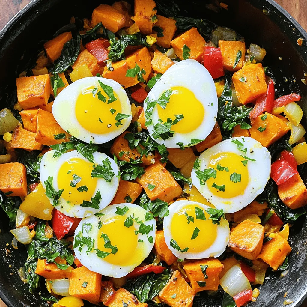 To make a delicious sweet potato breakfast hash, gather these ingredients: - 2 medium sweet potatoes, peeled and diced - 1 red bell pepper, diced - 1 small yellow onion, chopped - 2 cloves garlic, minced - 1 cup spinach, chopped - 4 large eggs - 2 tablespoons olive oil - 1 teaspoon smoked paprika - ½ teaspoon cumin - Salt and pepper to taste - Fresh parsley, chopped (for garnish) You will need a few simple tools to make this dish: - A large skillet - A sharp knife for chopping - A cutting board - A spatula for stirring - A lid to cover the skillet Sweet potatoes are rich in vitamins A and C. They boost your immune system and help your skin. The red bell pepper adds vitamin C and fiber. Onions have antioxidants and may help your heart. Garlic can improve your immune health. Spinach is low in calories but high in iron and calcium. Eggs provide protein and healthy fats, keeping you full longer. This dish combines nutrients for a balanced meal. You get energy and important vitamins in one tasty plate. Enjoy this healthy breakfast delight! Start by peeling and dicing the sweet potatoes. Use medium-sized sweet potatoes for even cooking. Dice them into small cubes, about half an inch. This size helps them cook faster and get tender. Next, heat two tablespoons of olive oil in a large skillet over medium heat. Add the sweet potatoes to the skillet. Season them with salt, pepper, smoked paprika, and cumin. Stir well to coat the sweet potatoes. Sauté for about 10-12 minutes. Stir occasionally to avoid sticking. You want them fork-tender and slightly crispy on the outside. Once the sweet potatoes are tender, it’s time to add more flavor. Add the chopped onion and red bell pepper to the skillet. Cook these for about five minutes. You want them soft and fragrant. Then, add minced garlic and chopped spinach. Stir everything together and cook for another 2-3 minutes. The spinach should wilt nicely, and the garlic will give off a great aroma. Make sure all the veggies mix well with the sweet potatoes. This combination creates a colorful and tasty base for your hash. Now comes the best part: the eggs! Create four small wells in the hash mixture. Crack an egg into each well. Cover the skillet with a lid. Cook for 5-8 minutes. This time will depend on how you like your eggs. I prefer them with runny yolks, but you can cook them longer if you want firmer eggs. Once done, remove the skillet from heat and sprinkle with fresh parsley. This extra touch adds color and freshness. Now, your sweet potato breakfast hash is ready to serve! For the full recipe, check the details provided earlier. To get eggs just right, start with fresh ones. Crack each egg gently into the wells. Cover the skillet with a lid. This keeps steam in, cooking the eggs evenly. Check them after 5 minutes. If you like runny yolks, take them out sooner. For firm yolks, let them cook a bit longer. Practice makes perfect, so don’t worry if it’s not right the first time. Seasoning makes this dish pop! I love using smoked paprika and cumin. They add warmth and depth. Don’t forget salt and pepper. You can also try garlic powder or onion powder. Fresh herbs like thyme or basil work great too. Experiment with flavors you enjoy. This will make your sweet potato breakfast hash uniquely yours. Prepping is key for busy mornings. You can peel and dice sweet potatoes the night before. Store them in water in the fridge to keep them fresh. Chop your veggies ahead, too. This saves time in the morning. You can even cook the hash in advance and reheat it. Just warm it up in a pan or microwave. This way, a delicious breakfast is always ready! {{image_2}} You can easily boost the protein in your sweet potato breakfast hash. Adding sausage gives it a hearty flavor. Choose your favorite type, like spicy or mild. Just cook the sausage first, then add the sweet potatoes. If you prefer a meatless option, tofu works great too. Cube firm tofu and sauté it with the veggies. This keeps the dish light and healthy. Making this dish vegetarian or vegan is simple. To keep it vegetarian, just skip the meat and add extra veggies. You can use mushrooms, zucchini, or kale for more texture. For a vegan twist, remove the eggs and replace them with chickpeas. They add a nice protein boost and a unique flavor. You can also use a vegan egg substitute for a similar taste. Feel free to mix in other vegetables for variety. Try adding broccoli, carrots, or even sweet corn. Each vegetable adds its own taste and crunch. You can switch up the bell peppers too; green or yellow ones work well. This way, you can create a new dish every time. The options are endless, making breakfast fun and exciting. For the complete recipe, check out the Full Recipe. To keep your sweet potato breakfast hash fresh, let it cool first. Use an airtight container to store leftovers. This way, the flavors stay strong. Place it in the fridge right away. You can also divide the hash into single servings. This makes it easy to grab for breakfast later. When you want to enjoy the hash again, reheat it on the stove. Add a splash of water or olive oil to prevent sticking. Heat over medium heat for about 5 minutes. You can also use a microwave. Place a portion in a microwave-safe bowl and cover it. Heat for 1-2 minutes, stirring halfway through. Your leftovers can last in the fridge for up to 4 days. If you want to keep it longer, freeze it. In the freezer, it stays good for about 2-3 months. Just make sure to pack it well to avoid freezer burn. For best results, eat it fresh, but these tips help you enjoy it longer! Yes, you can use regular potatoes or even Yukon gold. Each type gives a different taste. Regular potatoes may be less sweet, while Yukon golds add creaminess. Experiment to find your favorite! This recipe is naturally gluten-free. Just ensure any toppings or sides you choose are gluten-free as well. Always read labels on packaged foods carefully. Most ingredients, like sweet potatoes and eggs, are safe and delicious! Top your hash with fresh herbs like cilantro or parsley. Avocado slices add creaminess. Crumbled feta or goat cheese brings a tangy taste. Hot sauce can spice things up. Try different toppings to make it your own! For the full recipe, check out the Sweet Potato Breakfast Hash section. This blog post covered the key ingredients and cooking tools for a delicious sweet potato breakfast hash. I shared step-by-step instructions to make it easy for you. I also offered tips for perfect eggs and suggestions for variations to fit your taste. Plus, I provided smart storage tips to keep leftovers fresh. Enjoy trying out this tasty dish for breakfast. It’s simple, healthy, and very adaptable. Cooking can be fun and fulfilling!