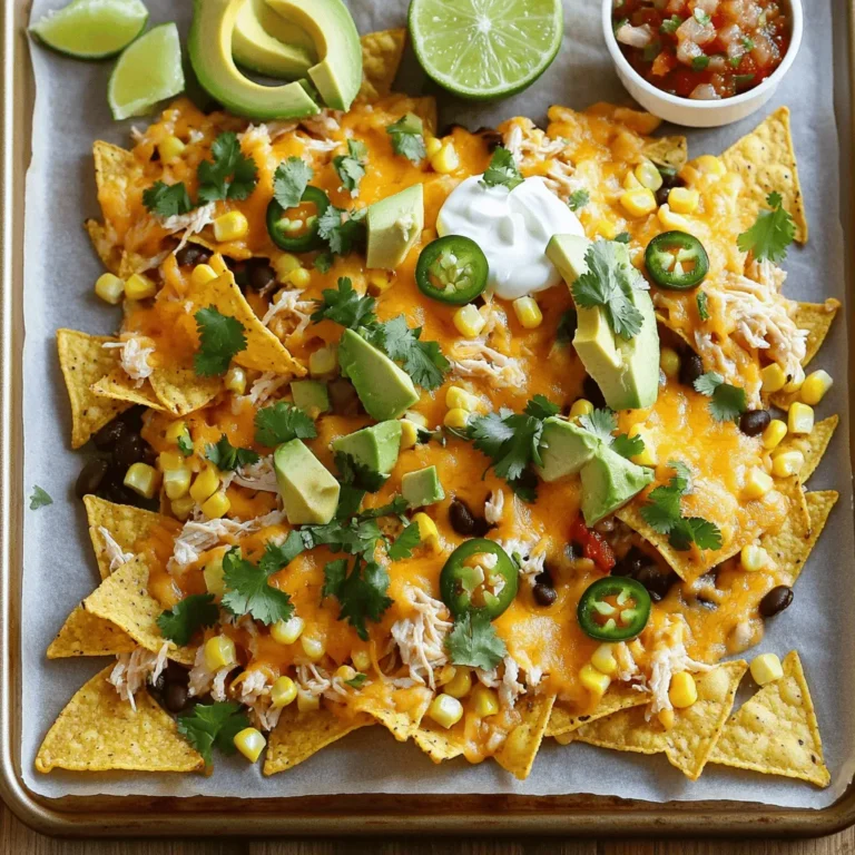 To make Easy Sheet Pan Nachos, you need some key ingredients. Here’s what you will need: - 1 bag (12 oz) tortilla chips - 1 cup cooked chicken, shredded - 1 cup black beans, rinsed and drained - 1 cup corn kernels, frozen or fresh - 1 1/2 cups shredded cheddar cheese - 1 cup sliced jalapeños (pickled or fresh) - 1 avocado, diced - 1/4 cup fresh cilantro, chopped - 1/4 cup sour cream - 1/4 cup salsa - Lime wedges, for serving - Salt and pepper to taste These ingredients work well together. The chips give a nice crunch. The chicken adds protein. The beans and corn bring fiber and flavor. You can customize your nachos with extra toppings. Here are some fun ideas: - Chopped tomatoes - Green onions, sliced - Olives, sliced - Spicy salsa or hot sauce - Queso cheese for extra creaminess Feel free to mix and match. This makes your dish unique and fun. Using good quality ingredients matters. Fresh tortilla chips hold up better. They won’t get soggy. Good cheese melts nicely and adds rich flavor. For the best taste, use organic or locally sourced products. They can make a big difference in how your nachos turn out. Trust me, your taste buds will thank you! For the complete guide, check out the Full Recipe for Easy Sheet Pan Nachos. Before you start, gather all your ingredients. Having everything ready helps a lot. I like to preheat my oven to 375°F (190°C). This way, the nachos bake evenly. Line a large baking sheet with parchment paper. This makes cleanup super easy. 1. Spread the tortilla chips across the baking sheet. Overlap them slightly if needed. 2. In a big bowl, mix the shredded chicken, black beans, and corn. Add salt and pepper to taste. 3. Pour this mixture evenly over the chips. 4. Next, sprinkle the cheddar cheese all over. Make sure it covers everything. 5. Add jalapeño slices on top for some heat. 6. Bake in the preheated oven for 10-15 minutes. Watch for the cheese to melt and bubble. 7. When done, let the nachos cool for a couple of minutes. 8. Finally, add diced avocado, chopped cilantro, and drops of sour cream and salsa. This recipe is simple, and you can find the Full Recipe online for more tips! For the best cheese melt, use good-quality cheddar cheese. Shred it fresh for better results. Spread the cheese evenly without piling it too high. This helps it melt quickly and evenly. Baking at the right temperature is key. Check your nachos often towards the end of baking. You want it bubbly and slightly golden, not burnt. When making nachos, layer smartly. Start with a base of tortilla chips. Spread them evenly across your sheet pan. Avoid stacking them too high; this keeps all chips crispy. Next, add your toppings in layers. Mix the chicken, black beans, and corn. Spread this mix over the chips. Then, sprinkle cheese generously on top. This way, every bite has flavor. To get that perfect crunch, preheat your oven to 375°F (190°C). Bake the nachos for 10 to 15 minutes. Keep an eye on them. You want the cheese to melt and bubble, not burn. If you notice the edges browning too fast, cover them with foil. This helps keep your nachos golden and crispy. Storing nachos can be tricky. Place leftover nachos in an airtight container. Do this only if they are cool. Make sure to separate chips from toppings. This keeps the chips crunchy. You can reheat them in the oven for a quick snack. Just warm them at 350°F (175°C) until hot. Enjoy your nachos again with the same great taste! For the full recipe, check out the Easy Sheet Pan Nachos section above. {{image_2}} You can easily make nachos vegetarian or vegan. Start with the base of tortilla chips. For a filling veggie mix, use black beans, corn, and bell peppers. Swap cheese for vegan cheese or skip it altogether. Top with fresh avocado and salsa for great taste. Use a dollop of vegan sour cream to finish. If you want to switch up the protein, there are many choices. Ground beef or turkey works well. Shredded pork adds a rich flavor. You can also try diced tofu or tempeh for a plant-based option. Mix in cooked beans for extra protein; they are tasty and healthy. Get creative with your flavor choices. Add pineapple for a sweet twist or roasted red peppers for a smoky taste. A drizzle of hot sauce can bring the heat. Experiment with different cheeses like pepper jack for spice. You can also add fresh herbs like basil or thyme for a unique touch. Each mix can turn your nachos into something special. For the full recipe, check out the Easy Sheet Pan Nachos. Dipping sauces make nachos even more fun. I love using sour cream and salsa. You can also try guacamole for a creamy touch. A spicy cheese sauce is great if you like heat. Each dip adds a new flavor. Mix and match to find your favorite combo. Choosing the right drink can elevate your nacho game. I recommend light beers or margaritas for a festive vibe. For a non-alcoholic option, try sparkling water with lime. These drinks balance the flavors of the nachos. They make each bite even better. When serving nachos at a party, think about your guests. A good rule is to plan for about 1 cup of nachos per person. This means two bags of chips for a group of eight. If you have many toppings, consider smaller portions. Guests can take what they want and go back for more. To make nachos in the oven, start by preheating it to 375°F (190°C). Line a baking sheet with parchment paper. Spread tortilla chips evenly across the sheet. In a bowl, mix cooked chicken, black beans, and corn. Season this mix with salt and pepper. Pour this mixture over the chips. Sprinkle shredded cheese on top. Add jalapeños if you like some heat. Bake for 10-15 minutes until the cheese melts. Let it cool for a bit, then add avocado, cilantro, sour cream, and salsa. Enjoy your nachos! Yes, you can use different types of cheese for nachos. Cheddar is great, but you can add Monterey Jack for creaminess or pepper jack for spice. Mozzarella can give a nice stretch, while a sprinkle of feta adds a tangy twist. Mix and match cheeses to find your favorite combo! The best toppings for sheet pan nachos include: - Diced avocado - Fresh cilantro - Sliced jalapeños - Sour cream - Salsa - Chopped green onions - Black olives - Diced tomatoes Feel free to get creative! You can even add cooked ground beef or pulled pork for more flavor. You can store leftover nachos in an airtight container for up to 2 days. The chips may get soggy, so it's best to eat them fresh. If you want to save the toppings, separate them from the chips. Reheat them in the oven to get the cheese melty again. Some great side dishes to serve with nachos include: - Guacamole - Refried beans - Mexican street corn - Rice and beans - A fresh salad These sides balance out the meal and add more flavor. Enjoy your nacho feast! In this post, we covered how to make easy sheet pan nachos. You learned about the best ingredients, cooking steps, and tips for a great crunch. We also explored variations and serving ideas. Remember, high-quality ingredients make a big difference. Get creative with your toppings and adapt recipes to fit your taste. Nachos are fun and easy to customize for any event. Enjoy making and sharing this dish with friends and family!