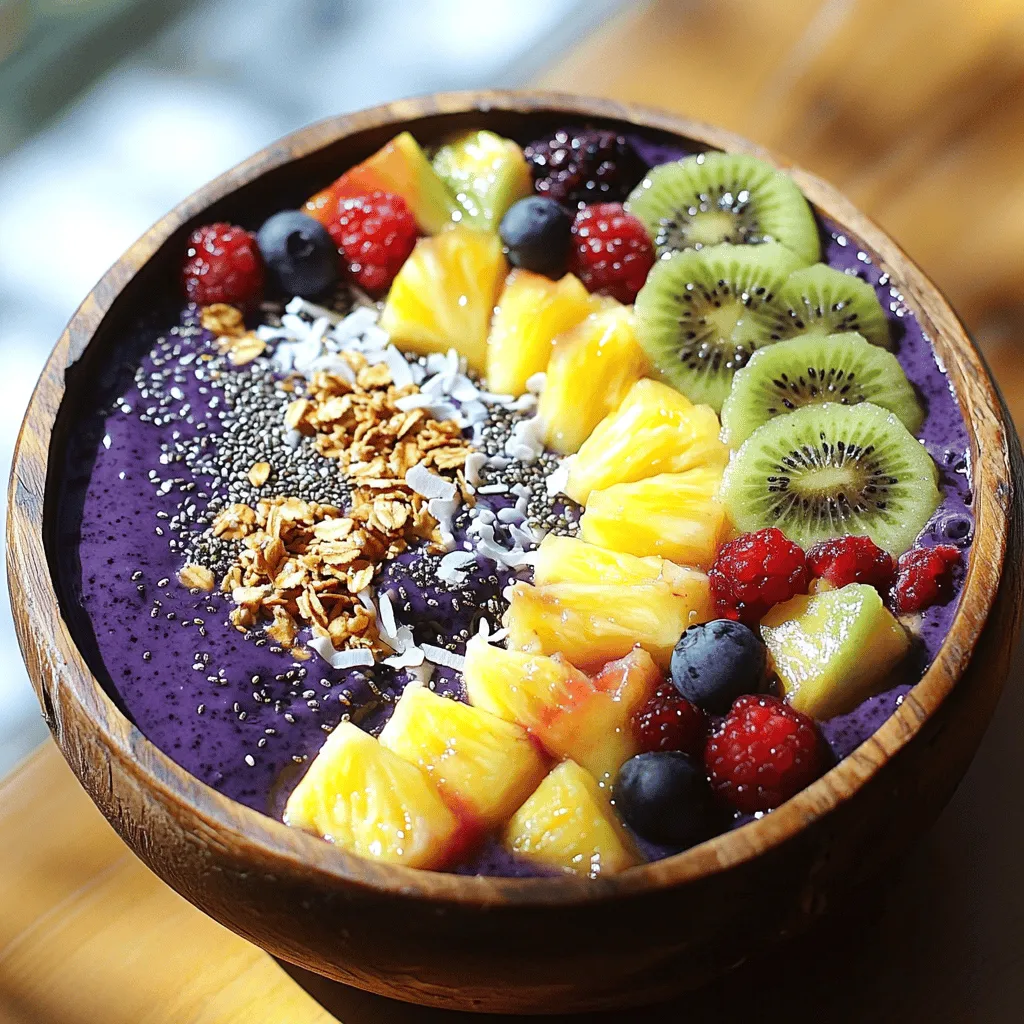 To make a great Tropical Acai Bowl, you need fresh and tasty ingredients. Here’s what you will need: - 2 packets of frozen acai puree - 1 ripe banana, sliced - 1 cup fresh pineapple chunks - 1/2 cup coconut milk (or almond milk) - 1 tablespoon honey or agave syrup - 1/4 cup granola - 2 tablespoons shredded coconut - Fresh fruit (kiwi, berries, or any seasonal fruit of your choice) for topping - Chia seeds or hemp seeds (optional, for added nutrition) When choosing fruits, pick ones that are ripe and bright. Ripe fruits taste better and add sweetness. For bananas, look for yellow ones with a few brown spots. For pineapples, choose ones that smell sweet at the base. Not all ingredients may be easy to find. If you can't find acai puree, you can use acai powder. Just mix it with a little bit of water to get a similar texture. If you want a dairy-free option, almond milk works well. Choosing the right fruits is key for a great acai bowl. Look for fresh and colorful fruits. They should feel firm but slightly soft when you press them. This shows they are ripe and full of flavor. Check out the Full Recipe to see how to blend these ingredients into a delicious bowl! To make a Tropical Acai Bowl, start with the right blend. First, gather all your ingredients. You will need: - 2 packets of frozen acai puree - 1 ripe banana, sliced - 1 cup fresh pineapple chunks - 1/2 cup coconut milk (or almond milk) - 1 tablespoon honey or agave syrup Now, add the frozen acai, banana, pineapple, coconut milk, and honey to your blender. The order matters! Start with the liquid first. This helps the blender work better and mix evenly. Blend on high speed until smooth. You want a creamy texture, not too thick or too runny. If it’s too thick, add more coconut milk. Keep blending until you reach the perfect consistency. Next, it’s time to plate your bowl. Pour the acai mixture into a bowl. Use a spoon to smooth the top for a nice finish. For a beautiful look, sprinkle granola over the acai base. Then, add fresh fruit slices on top. You can use kiwi, berries, or any fruit you like. A little shredded coconut adds a nice touch. To make it even better, sprinkle chia seeds or hemp seeds on top. Serve your bowl right away for the best taste and texture. Enjoy the vibrant colors and fresh flavors! To make a great acai bowl, avoid common blending mistakes. Make sure your blender is powerful. This helps blend frozen fruit smoothly. If your mixture is too thick, add more coconut milk. This will make it easier to blend. Adjust the sweetness to fit your taste. You can use honey, agave syrup, or even maple syrup. Start with a little and add more if you want it sweeter. Taste as you go. This way, you get it just right. You can enhance the flavor profile with a splash of vanilla or a pinch of salt. Both add depth to your bowl. Also, consider mixing in some spinach or kale for extra nutrition without changing the taste. For the best results, you need the right blender for acai bowls. Look for a high-speed blender that can handle frozen ingredients. Brands like Vitamix or Ninja work well. They crush ice and blend fruits smoothly. You also need some essential tools for serving and plating. A good bowl is key for a nice presentation. Use a wide, shallow bowl to show off your toppings. A spoon with a long handle helps you serve it easily. When it comes to storage tips for leftovers, use airtight containers. This keeps your acai base fresh. You can store it in the fridge for up to two days. Toppings like granola and fresh fruit should be added right before serving. This keeps them crunchy and bright. You can find the full recipe for the Tropical Acai Bowl to get started right away. {{image_2}} You can change your Tropical Acai Bowl with different fruits. Try mango, papaya, or passion fruit. These fruits offer unique tastes and textures. You can mix and match as you like. Adding superfoods boosts nutrition. Consider chia seeds, flax seeds, or spirulina. These ingredients pack a punch of vitamins and minerals. They blend well and add a nice crunch too. Seasonal fruits make your bowl special. In summer, use fresh berries. In the fall, try sliced apples or pears. Each season brings new flavors, keeping your bowl exciting. Making your bowl vegan is easy. Use coconut or almond milk instead of dairy milk. You can also skip honey and use agave syrup for sweetness. If you want gluten-free options, look for gluten-free granola. Many brands offer tasty blends that fit this need. Always check the label to be sure. For a low-sugar bowl, use ripe fruits for natural sweetness. You can choose fruits like bananas or ripe mangoes. This keeps the taste sweet without added sugar. Don't forget to check the [Full Recipe] for more details! To keep your acai bowl fresh, store the acai base in an airtight container. It can last up to two days in the fridge. When you make the acai base, let it cool first. This helps keep it fresh longer. For toppings, keep them in separate containers. This helps prevent them from getting soggy. Use small glass jars or plastic containers with lids. They work well to keep everything fresh. If you have leftovers, enjoy them chilled. Just take the acai base out of the fridge. You can add fresh fruit and granola right before you eat. To maintain the flavor and texture, don’t heat the acai base. Heating can change its taste and make it watery. Instead, enjoy it cold for the best experience. For the full recipe, check out the Tropical Acai Bowl section above. An acai bowl is a smoothie served in a bowl. It uses acai berries, which are small, dark purple fruits. You blend these berries with other fruits, like bananas and pineapple. After blending, you top it with items like granola and fresh fruit. This creates a tasty and fun dish to eat. A tropical acai bowl is very nutritious. It has healthy fats from coconut milk and fiber from fruits. Acai berries are rich in antioxidants, which help your body fight free radicals. Plus, the banana and pineapple add vitamins and minerals. This bowl gives you energy and keeps you full. Yes, you can make acai bowls in advance. Blend your acai mix and store it in the fridge. It’s best to eat it within one day. For toppings, add them just before serving. This keeps them fresh and crunchy. To find the best tropical acai bowls, check local cafes or smoothie bars. Look for places that use fresh, organic ingredients. You can also read reviews online. Websites like Yelp or Google Maps can help you find top-rated spots near you. You can use many toppings for acai bowls. Here are a few ideas: - Fresh berries (strawberries, blueberries, raspberries) - Sliced kiwi - Nuts (almonds, walnuts) - Seeds (chia seeds, hemp seeds) - Nut butter (peanut butter, almond butter) - Dark chocolate shavings Mix and match to create your perfect bowl! For the full recipe of a tropical acai bowl, check out the Tropical Acai Bowl section above. In this guide, I covered how to make an amazing tropical acai bowl. I shared the best ingredients, preparation tips, and serving ideas. You can now create beautiful and tasty bowls that suit your style. Remember, you can play with flavors and adjust sweetness to fit your taste. With the right tools and a bit of creativity, you'll enjoy delicious acai bowls anytime. Keep your toppings fresh, and don't hesitate to explore new variations. I hope you feel ready to dive into this fruity delight!