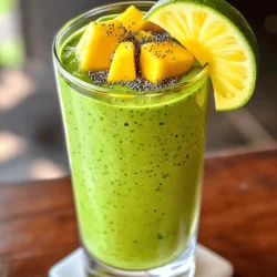 - 1 cup fresh spinach - 1 ripe banana - 1/2 cup frozen mango chunks - 1/2 cup frozen pineapple chunks - 1/2 avocado - 1 cup coconut water - 1 tablespoon chia seeds - 1 tablespoon honey or agave syrup (optional) - A squeeze of lime juice The Tropical Green Smoothie offers a bright blend of flavors and nutrition. Each ingredient plays a key role. - Calories per serving: About 180 calories. - Macronutrient breakdown: Roughly 3g protein, 5g fat, 36g carbs. - Vitamins and minerals: High in vitamins A, C, K, and potassium. This smoothie fuels your day with energy. The fresh spinach provides iron. The tropical fruits add vitamins and natural sweetness. - Advantages of spinach in smoothies: Spinach is rich in iron and helps build strong blood. It also offers fiber for digestion. - Benefits of tropical fruits: Mango and pineapple provide antioxidants. They support your immune system and promote healthy skin. - Superfoods included in the recipe: Avocado adds healthy fats, while chia seeds offer omega-3s for heart health. Overall, this smoothie is a powerhouse of nutrients. It's a fun way to enjoy a healthy treat. Check the Full Recipe for easy instructions! - First, wash one cup of fresh spinach. Make sure to remove any dirt. - Next, cut and measure your other ingredients: one ripe banana, half a cup of frozen mango, half a cup of frozen pineapple, and half an avocado. - Don’t forget to prepare one cup of coconut water and one tablespoon of chia seeds. If you like sweetness, have one tablespoon of honey or agave syrup ready. Finally, get a lime for a squeeze of juice. - In a blender, combine all your ingredients. Start with the spinach, then add the banana, mango, pineapple, and avocado. - Pour in the coconut water next. This creates a nice base for your smoothie. - Add chia seeds, honey (if using), and a squeeze of lime juice for flavor. - Blend on high until the mixture is smooth and creamy. Check to see if all the bits are gone. - If your smoothie is too thick, add a bit more coconut water. Blend again until you reach your desired consistency. - Once blended, pour the smoothie into a tall glass or bowl. Use a steady hand for a clean pour. - For a pretty look, garnish with a slice of lime on the rim. Top with a sprinkle of chia seeds for texture. - Add a colorful straw to make it fun and inviting. Enjoy your Tropical Green Smoothie! To get the right thickness, start with the right balance of liquid and solid. If your smoothie is too thick, add more coconut water. If it’s too thin, add more fruits or greens. A high-speed blender works best. It blends everything smoothly and quickly. You can adjust the sweetness to fit your taste. If you want more sweetness, add a bit more honey or agave syrup. For extra flavor, consider adding a pinch of ginger or a few mint leaves. These can enhance the tropical vibe. Prep your ingredients ahead of time. You can wash and chop the fruits and spinach in advance. Store them in the fridge for easy access. To speed up blending, cut your fruits into smaller pieces. This helps the blender work faster and smoother. {{image_2}} You might want to swap some ingredients in this tropical green smoothie. If you don’t have spinach, try kale or Swiss chard. Both add great nutrients and flavor. You can also use baby greens for a milder taste. For sweeteners, honey works well, but you can use maple syrup or agave syrup. These alternatives add sweetness without extra fuss. To boost nutrition, I suggest adding superfoods. A scoop of protein powder can make your smoothie more filling. You can choose plant-based or whey protein based on your needs. Adding a tablespoon of nut butter gives a creamy texture and healthy fats. You can also mix in other fruits, like berries or peaches, to change up flavors. More greens like parsley or mint can add freshness, too. Using seasonal fruits makes this smoothie even better. In summer, try ripe mangos or juicy peaches. In winter, use frozen tropical fruits for a bright, sunny taste. You can incorporate local greens like collard or mustard greens, which can be found at farmers' markets. These variations help keep your smoothie exciting and aligned with what’s fresh. For the full recipe, check out the Tropical Green Smoothie section. To keep your Tropical Green Smoothie fresh, store any leftovers in a sealed container. Glass jars work well. They do not absorb smells and are easy to clean. Make sure to fill the jar to the top to reduce air exposure. If you don't have a jar, a BPA-free plastic container is a good choice too. Always store the smoothie in the fridge. It stays fresh for up to 24 hours. If you want to save your smoothie for later, freeze it. Pour the smoothie into ice cube trays or silicone molds. This method makes it easy to blend a quick drink later. You can also freeze smoothie packs. Place all ingredients in a freezer bag. When ready to enjoy, just add the contents to the blender with coconut water. Smoothies can last up to three months in the freezer. To thaw a frozen smoothie, place it in the fridge overnight. You can also use the microwave for a quick thaw. Heat in short bursts, about 20 seconds at a time. Stir between intervals. This helps keep the taste and texture. Always blend the smoothie again after thawing. This ensures it returns to that creamy consistency we love. Enjoy your refreshing Tropical Green Smoothie! Yes, you can use fresh fruits. Fresh fruits add bright flavor. However, frozen fruits give a thicker texture. If you use fresh fruits, add ice to chill. This keeps your smoothie cool and refreshing. Fresh fruits may also have different sweetness levels. You might need to adjust the honey or agave syrup. To make this smoothie vegan, skip the honey. Use agave syrup instead. Agave syrup is a great plant-based sweetener. You can also opt for maple syrup. Both will add sweetness without animal products. Just be careful with the amount, as it may change the flavor. Cleaning your blender is easy. First, add warm water and a drop of dish soap. Blend on high for a few seconds. This helps remove stuck-on residue. Rinse it out with water. For tough stains, use baking soda and water. Let it soak for a bit, then scrub gently. Yes, this smoothie is great for meal prep. Portion it into jars or containers. Store in the fridge for up to two days. For longer storage, freeze it. Just remember to leave space for expansion. Thaw overnight in the fridge before enjoying. This keeps your smoothie fresh and tasty. This blog post provides a simple and tasty smoothie recipe. You learned about fresh ingredients and their health benefits. We discussed how to prepare, blend, and serve your smoothie. Tips for storage and variations help keep things interesting. In summary, smoothies can be delicious, healthy, and easy to make. Enjoy trying out different fruits and flavors to find your favorite blend. Happy blending!
