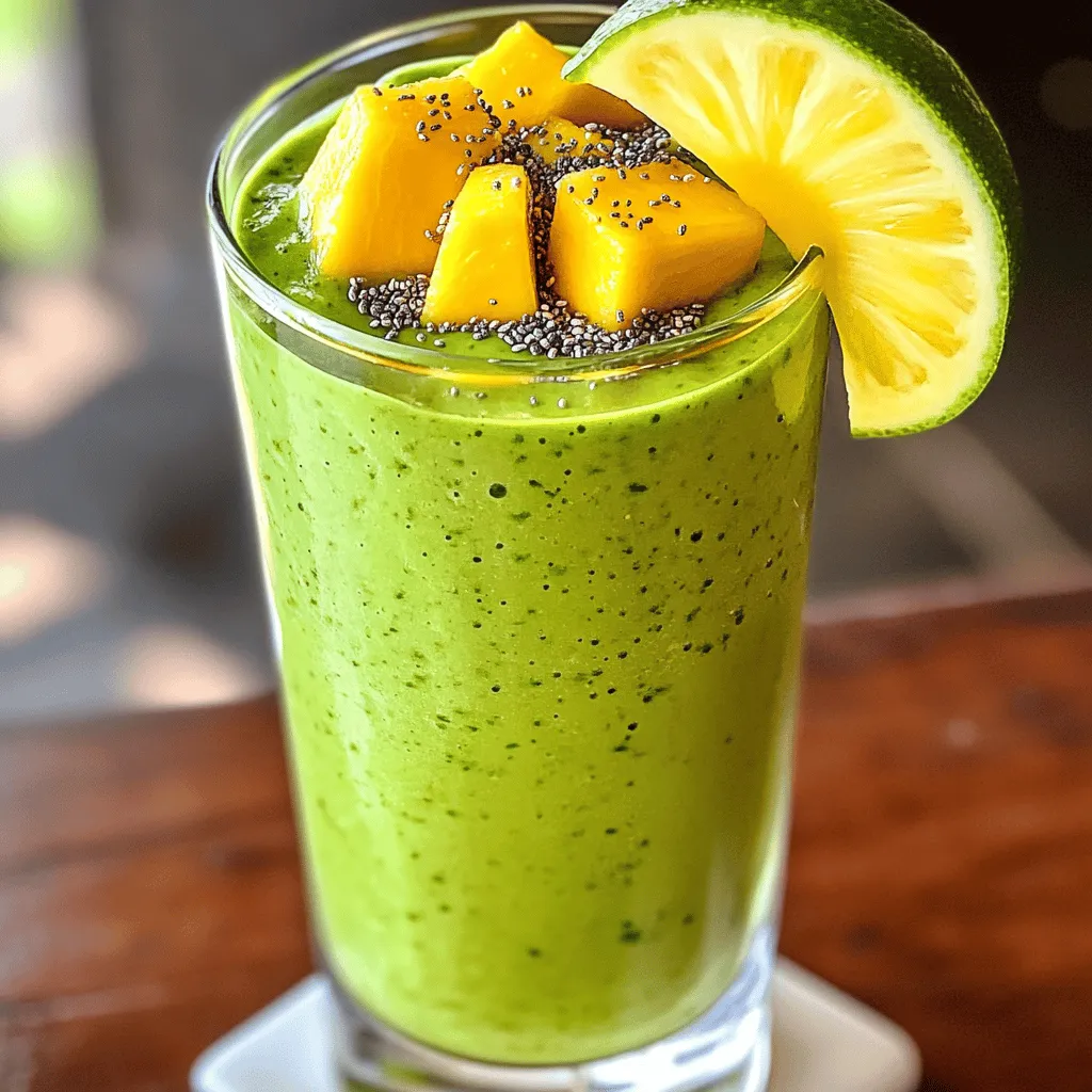 - 1 cup fresh spinach - 1 ripe banana - 1/2 cup frozen mango chunks - 1/2 cup frozen pineapple chunks - 1/2 avocado - 1 cup coconut water - 1 tablespoon chia seeds - 1 tablespoon honey or agave syrup (optional) - A squeeze of lime juice The Tropical Green Smoothie offers a bright blend of flavors and nutrition. Each ingredient plays a key role. - Calories per serving: About 180 calories. - Macronutrient breakdown: Roughly 3g protein, 5g fat, 36g carbs. - Vitamins and minerals: High in vitamins A, C, K, and potassium. This smoothie fuels your day with energy. The fresh spinach provides iron. The tropical fruits add vitamins and natural sweetness. - Advantages of spinach in smoothies: Spinach is rich in iron and helps build strong blood. It also offers fiber for digestion. - Benefits of tropical fruits: Mango and pineapple provide antioxidants. They support your immune system and promote healthy skin. - Superfoods included in the recipe: Avocado adds healthy fats, while chia seeds offer omega-3s for heart health. Overall, this smoothie is a powerhouse of nutrients. It's a fun way to enjoy a healthy treat. Check the Full Recipe for easy instructions! - First, wash one cup of fresh spinach. Make sure to remove any dirt. - Next, cut and measure your other ingredients: one ripe banana, half a cup of frozen mango, half a cup of frozen pineapple, and half an avocado. - Don’t forget to prepare one cup of coconut water and one tablespoon of chia seeds. If you like sweetness, have one tablespoon of honey or agave syrup ready. Finally, get a lime for a squeeze of juice. - In a blender, combine all your ingredients. Start with the spinach, then add the banana, mango, pineapple, and avocado. - Pour in the coconut water next. This creates a nice base for your smoothie. - Add chia seeds, honey (if using), and a squeeze of lime juice for flavor. - Blend on high until the mixture is smooth and creamy. Check to see if all the bits are gone. - If your smoothie is too thick, add a bit more coconut water. Blend again until you reach your desired consistency. - Once blended, pour the smoothie into a tall glass or bowl. Use a steady hand for a clean pour. - For a pretty look, garnish with a slice of lime on the rim. Top with a sprinkle of chia seeds for texture. - Add a colorful straw to make it fun and inviting. Enjoy your Tropical Green Smoothie! To get the right thickness, start with the right balance of liquid and solid. If your smoothie is too thick, add more coconut water. If it’s too thin, add more fruits or greens. A high-speed blender works best. It blends everything smoothly and quickly. You can adjust the sweetness to fit your taste. If you want more sweetness, add a bit more honey or agave syrup. For extra flavor, consider adding a pinch of ginger or a few mint leaves. These can enhance the tropical vibe. Prep your ingredients ahead of time. You can wash and chop the fruits and spinach in advance. Store them in the fridge for easy access. To speed up blending, cut your fruits into smaller pieces. This helps the blender work faster and smoother. {{image_2}} You might want to swap some ingredients in this tropical green smoothie. If you don’t have spinach, try kale or Swiss chard. Both add great nutrients and flavor. You can also use baby greens for a milder taste. For sweeteners, honey works well, but you can use maple syrup or agave syrup. These alternatives add sweetness without extra fuss. To boost nutrition, I suggest adding superfoods. A scoop of protein powder can make your smoothie more filling. You can choose plant-based or whey protein based on your needs. Adding a tablespoon of nut butter gives a creamy texture and healthy fats. You can also mix in other fruits, like berries or peaches, to change up flavors. More greens like parsley or mint can add freshness, too. Using seasonal fruits makes this smoothie even better. In summer, try ripe mangos or juicy peaches. In winter, use frozen tropical fruits for a bright, sunny taste. You can incorporate local greens like collard or mustard greens, which can be found at farmers' markets. These variations help keep your smoothie exciting and aligned with what’s fresh. For the full recipe, check out the Tropical Green Smoothie section. To keep your Tropical Green Smoothie fresh, store any leftovers in a sealed container. Glass jars work well. They do not absorb smells and are easy to clean. Make sure to fill the jar to the top to reduce air exposure. If you don't have a jar, a BPA-free plastic container is a good choice too. Always store the smoothie in the fridge. It stays fresh for up to 24 hours. If you want to save your smoothie for later, freeze it. Pour the smoothie into ice cube trays or silicone molds. This method makes it easy to blend a quick drink later. You can also freeze smoothie packs. Place all ingredients in a freezer bag. When ready to enjoy, just add the contents to the blender with coconut water. Smoothies can last up to three months in the freezer. To thaw a frozen smoothie, place it in the fridge overnight. You can also use the microwave for a quick thaw. Heat in short bursts, about 20 seconds at a time. Stir between intervals. This helps keep the taste and texture. Always blend the smoothie again after thawing. This ensures it returns to that creamy consistency we love. Enjoy your refreshing Tropical Green Smoothie! Yes, you can use fresh fruits. Fresh fruits add bright flavor. However, frozen fruits give a thicker texture. If you use fresh fruits, add ice to chill. This keeps your smoothie cool and refreshing. Fresh fruits may also have different sweetness levels. You might need to adjust the honey or agave syrup. To make this smoothie vegan, skip the honey. Use agave syrup instead. Agave syrup is a great plant-based sweetener. You can also opt for maple syrup. Both will add sweetness without animal products. Just be careful with the amount, as it may change the flavor. Cleaning your blender is easy. First, add warm water and a drop of dish soap. Blend on high for a few seconds. This helps remove stuck-on residue. Rinse it out with water. For tough stains, use baking soda and water. Let it soak for a bit, then scrub gently. Yes, this smoothie is great for meal prep. Portion it into jars or containers. Store in the fridge for up to two days. For longer storage, freeze it. Just remember to leave space for expansion. Thaw overnight in the fridge before enjoying. This keeps your smoothie fresh and tasty. This blog post provides a simple and tasty smoothie recipe. You learned about fresh ingredients and their health benefits. We discussed how to prepare, blend, and serve your smoothie. Tips for storage and variations help keep things interesting. In summary, smoothies can be delicious, healthy, and easy to make. Enjoy trying out different fruits and flavors to find your favorite blend. Happy blending!