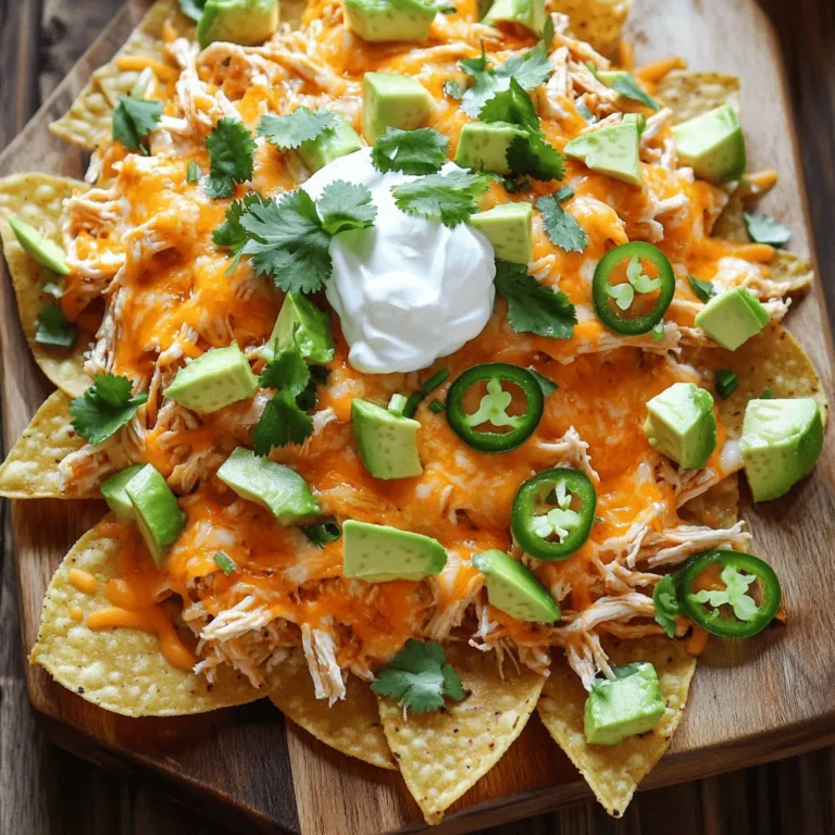 - 2 cups cooked chicken, shredded - ½ cup buffalo sauce - 1 bag (13 oz) tortilla chips I love using shredded chicken for this dish. It absorbs the buffalo sauce well. You can use rotisserie chicken or cook your own. Just make sure it is tender and easy to shred. The buffalo sauce adds that spicy kick. You can choose mild or hot sauce based on your taste. Fresh tortilla chips are a must. They hold the toppings well and give that satisfying crunch. - 1 cup shredded cheddar cheese - 1 cup shredded Monterey Jack cheese - ½ cup sliced jalapeños (fresh or pickled) - ½ cup sour cream - ½ cup green onions, chopped - 1 avocado, diced - Fresh cilantro for garnish Layering the cheeses makes the nachos rich and gooey. Cheddar gives a sharp taste, while Monterey Jack adds creaminess. Jalapeños bring heat and flavor. You can use fresh or pickled ones based on your preference. Sour cream helps cool down the spiciness. Diced avocado adds creaminess too. Green onions and cilantro bring freshness to each bite. - Additional spices or sauces - Alternative cheeses - Accompaniments (like extra buffalo sauce) For a flavor boost, try adding spices like garlic powder or chili powder. You can switch up the cheeses too. Pepper Jack or Gouda are great options for a fun twist. If you want more heat, serve extra buffalo sauce on the side. These little changes make your nachos even more special. For the full recipe, check out the details I shared earlier. 1. Preheating the oven Start by preheating your oven to 350°F (175°C). This step is key for getting the cheese nice and gooey. 2. Preparing the buffalo chicken mixture In a mixing bowl, combine 2 cups of shredded chicken with ½ cup of buffalo sauce. Mix well until the chicken is fully coated. This mixture gives the nachos that bold, spicy kick we love. 1. Layering tortilla chips Take a large baking sheet and spread out one bag of tortilla chips. Make sure they form an even layer. This helps every chip get topped. 2. Distributing toppings Evenly distribute the buffalo chicken mixture over the chips. Next, sprinkle 1 cup each of shredded cheddar and Monterey Jack cheese on top. Finally, add ½ cup of sliced jalapeños. This layering adds flavor and texture. 1. Time and temperature recommendations Place the baking sheet in your preheated oven. Bake for 15-20 minutes. Keep an eye on the cheese; it should melt and bubble nicely. 2. Checking for doneness When you see the cheese melted, take the nachos out. Let them cool for a few minutes. Then, drizzle ½ cup of sour cream over the top. Add diced avocado and chopped green onions for extra flavor. Finish with fresh cilantro for garnish. Enjoy this tasty treat! For the complete recipe, check the [Full Recipe]. To make the best nachos, you must melt the cheese right. Use a mix of cheeses for a rich flavor. Cheddar and Monterey Jack melt well together. Spread the cheese evenly to ensure every chip gets that gooey goodness. Layering is key. Start with a base of tortilla chips. Then add your buffalo chicken mix. Don’t forget to sprinkle cheese and jalapeños on top. This way, everything melts together nicely. One common mistake is overloading the chips. Too many toppings can make the chips soggy. Stick to a balance. Choosing the right chicken is also important. Use cooked chicken that is moist and flavorful. Shredded chicken works best. It absorbs the buffalo sauce well, giving each bite a kick. Want to kick up the heat? Add some cayenne pepper or a pinch of chili powder. These spices add depth and warmth. To balance the heat, use creamy elements like sour cream. Avocado also adds a nice touch. It cools the spice and gives a creamy texture. Use these tips to create a flavor experience with your nachos. For the full recipe, check out the Loaded Buffalo Chicken Nachos recipe! {{image_2}} You can switch up the protein in your nachos to keep things fresh. Pulled pork adds a sweet and smoky taste. It pairs well with the buffalo sauce. You can use shredded beef for a heartier option. This gives the dish a rich flavor that many love. If you want to go meatless, try using black beans or lentils. Both add protein and fiber. These options keep the dish filling and tasty. You can even mix in some grilled veggies for extra crunch and flavor. Want to try something new? BBQ chicken nachos are a fun twist. Just swap out the buffalo sauce for your favorite BBQ sauce. The sweet and tangy flavor works great with cheese and chips. Another option is Greek-style nachos. Use feta cheese, olives, and fresh veggies like tomatoes and cucumbers. Drizzle with a bit of olive oil and lemon juice. This gives a fresh taste that is different from the usual nacho flavors. For those needing gluten-free options, look for gluten-free tortilla chips. Many brands offer tasty choices that don’t have gluten. This way, everyone can enjoy the dish. If you want to make it vegan, replace the chicken with jackfruit or chickpeas. You can also use vegan cheese and sour cream. These swaps keep the nachos creamy and delicious while fitting your dietary needs. With these variations, you can make loaded buffalo chicken nachos to suit any taste. Check out the Full Recipe to get started on your nacho adventure! To keep your Loaded Buffalo Chicken Nachos fresh, store leftovers in an airtight container. Make sure to let them cool to room temperature first. This helps avoid moisture build-up, which can make the chips soggy. Place the nachos in the fridge right away. They will stay fresh for about three days this way. When it comes to reheating, you have two main options: microwave or oven. The microwave is quick, but it can make the chips chewy. To use the microwave, place nachos on a plate and heat for about one to two minutes. If you want crispy chips, the oven is best. Preheat your oven to 350°F (175°C). Place nachos on a baking sheet and heat for about 10 minutes. This keeps the chips crispy and the cheese melty. Leftover nachos can last for up to three days in the fridge. After that, they start to lose their flavor and texture. If you want to save them longer, consider freezing them. However, the chips may not stay crispy after thawing. For best taste, enjoy your nachos fresh or within a few days. For more details on preparing these delicious nachos, check the Full Recipe. Yes, you can prep some parts ahead. Cook and shred the chicken in advance. Mix it with buffalo sauce and store it in the fridge. You can also slice your jalapeños and chop the green onions ahead. When you are ready to eat, just layer the chips and toppings. Bake them for about 15 to 20 minutes right before serving. This keeps them fresh and crispy. These nachos are great on their own, but side dishes can add fun. Try serving them with a fresh salad. A simple green salad with a light dressing works well. You could also pair them with a cool drink. A cold soda or iced tea can balance the spicy flavor. For a twist, serve them with ranch dressing for dipping. Want more heat? Start by using hotter buffalo sauce. You can also add diced fresh jalapeños on top. For an extra kick, sprinkle some crushed red pepper flakes. If you like it super hot, try adding sliced habaneros. Just remember, a little goes a long way! Loaded Buffalo Chicken Nachos are a tasty treat. We discussed key ingredients like chicken, buffalo sauce, and chips. Toppings add flavor, and optional enhancements boost the taste. I shared simple steps for prep, assembly, and baking. Plus, I gave tips to avoid common mistakes. You can even mix things up with different proteins and flavors. Whether you store leftovers or reheat, they still taste great. Enjoy serving these nachos to friends and family for game days or parties!
