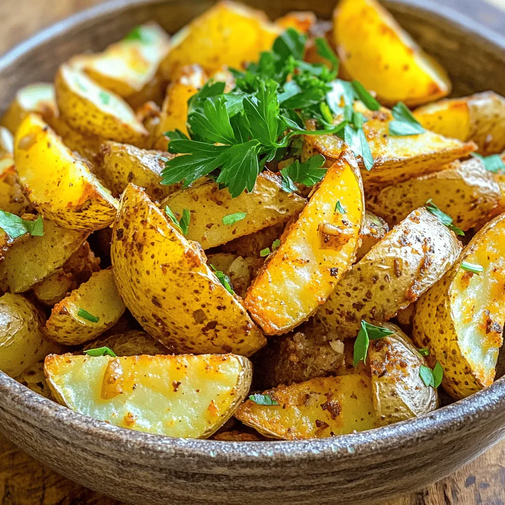 To make crispy air fryer potato wedges, you need a few simple items. Here’s the full list of ingredients: - 4 large russet potatoes - 3 tablespoons olive oil - 1 teaspoon garlic powder - 1 teaspoon onion powder - 1 teaspoon smoked paprika - 1 teaspoon dried oregano - Salt and black pepper to taste - Fresh parsley for garnish (optional) Using russet potatoes works best for this recipe. Their starchy texture makes them crispy on the outside and fluffy on the inside. Olive oil adds flavor while helping the spices stick. Garlic powder and onion powder bring depth to the taste, while smoked paprika gives a nice kick. You can adjust the salt and pepper to your liking. If you want to add a pop of color, fresh parsley makes a great garnish. This simple list keeps cooking fun and easy, so you can enjoy your crispy potato wedges without stress. Start by scrubbing and washing the russet potatoes. This step helps remove dirt and any unwanted bits. Next, cut each potato into wedges. Aim for about eight wedges per potato. Keeping the skin on adds flavor and texture. In a large bowl, combine the olive oil with your spices. Use garlic powder, onion powder, smoked paprika, dried oregano, salt, and black pepper. Mix well for an even coating. This mixture will give your wedges a tasty kick. Preheat the air fryer to 400°F (200°C) for about five minutes. This step ensures even cooking. Carefully place the seasoned potato wedges in the air fryer basket. Make sure they are in a single layer. You may need to cook in batches if your air fryer is small. Air fry the wedges for 15 to 20 minutes. Shake the basket halfway through. This action helps them cook evenly. When they turn golden brown and crispy, they are ready to enjoy. To get the best crunch, space the potato wedges well in the air fryer. If they crowd together, they won't cook evenly. I recommend leaving a little room between each wedge. This allows hot air to circulate and crisp them up. Shaking the basket during cooking is key. Halfway through, pull out the basket and give it a good shake. This helps the wedges cook on all sides, making them golden and crispy. Always taste your potato wedges after cooking. If they need a little more flavor, sprinkle on some salt or herbs. You can also add extra spices like chili powder or cumin for a kick. Experiment until you find the taste you love. For air frying, russet potatoes are the best choice. They have a high starch content, which gives you that fluffy inside and crispy outside. Other potatoes, like red or yellow, can work but may not be as crispy. Stick with russets for the best results. You can follow the [Full Recipe] to make your crispy air fryer potato wedges today! {{image_2}} You can change up the flavor of your crispy air fryer potato wedges in fun ways. If you want to add cheese, sprinkle some grated cheddar or Parmesan on top right before they finish cooking. The cheese will melt, making the wedges extra tasty and rich. You can also add fresh herbs like rosemary or thyme for a nice touch. For a spicy kick, try mixing in chili powder. Start with a small amount, then taste as you go. You can even use cayenne pepper for more heat. These options make each batch unique and exciting. If you're looking for vegetarian or vegan options, swap out olive oil for other oils. Avocado oil or coconut oil can work well. They add their own unique flavors and keep the wedges crisp. You might also try different vegetables. Sweet potatoes offer a sweet taste and bright color. Zucchini or carrots cut into wedges can add variety too. Mix and match to find your favorite combination. These potato wedges pair well with many dips. Classic choices include ketchup, ranch, or garlic aioli. For a more gourmet touch, serve them with a homemade herb dip or chimichurri. You can also use the wedges as a side dish. They go great with grilled chicken, burgers, or even a hearty salad. Think about how these crispy wedges can complement your meal. For the full recipe, check the earlier section on ingredients and step-by-step instructions to make these delicious crispy air fryer potato wedges! After cooking, let the potato wedges cool to room temperature. Store them in an airtight container. This keeps them fresh for up to three days in the fridge. When you want to reheat the wedges, the air fryer works best. Set your air fryer to 350°F (175°C) and cook for about 5-7 minutes. This helps them regain their crispiness. You can also use the oven. Just spread them on a baking sheet and heat at 375°F (190°C) for about 10 minutes. You can freeze potato wedges either before or after cooking. If you freeze them before cooking, place the seasoned wedges on a baking sheet. Freeze them for about an hour until firm, then transfer them to a freezer bag. They can stay fresh for up to three months. If you want to freeze cooked wedges, let them cool completely first. Then, place them in an airtight container or freezer bag. They will also keep for up to three months. To use frozen wedges, simply air fry them straight from the freezer. Cook for 15-20 minutes at 400°F (200°C). This way, you can enjoy crispy potato wedges any time! You can find the full recipe above. Yes, you can make potato wedges in the oven. The air fryer gives a crispier result. When you bake, you need a higher heat and longer time. For the oven method, preheat to 425°F (220°C). Spread the wedges on a baking sheet in a single layer. Bake for about 30-35 minutes, flipping halfway. Check for a golden-brown color. The edges should be crispy. You can also use a fork to test. If it slides in easily, they are done. Always rely on your eyes and taste. Yes, you can use other potatoes. Sweet potatoes work well too. They will change the flavor and texture. Yukon Gold potatoes give a creamier inside but may not be as crispy. Stick with russets for the best crunch. These wedges pair well with many dishes. Try them with burgers or grilled chicken. They also go great with dips like ketchup or ranch. You can serve them as a side for salads or even by themselves as a snack. We explored how to make crispy air fryer potato wedges using simple ingredients. Starting from scrubbing russet potatoes to seasoning and cooking them, each step ensures great flavor and texture. With tips on achieving maximum crispiness and variations for more excitement, you can customize these wedges. Remember, storing leftovers properly will keep them tasty. Now you have all the tools to enjoy this easy dish, impress friends, and savor delicious flavors. Enjoy your cooking adventure with crispy potato wedges; they are sure to be a hit!