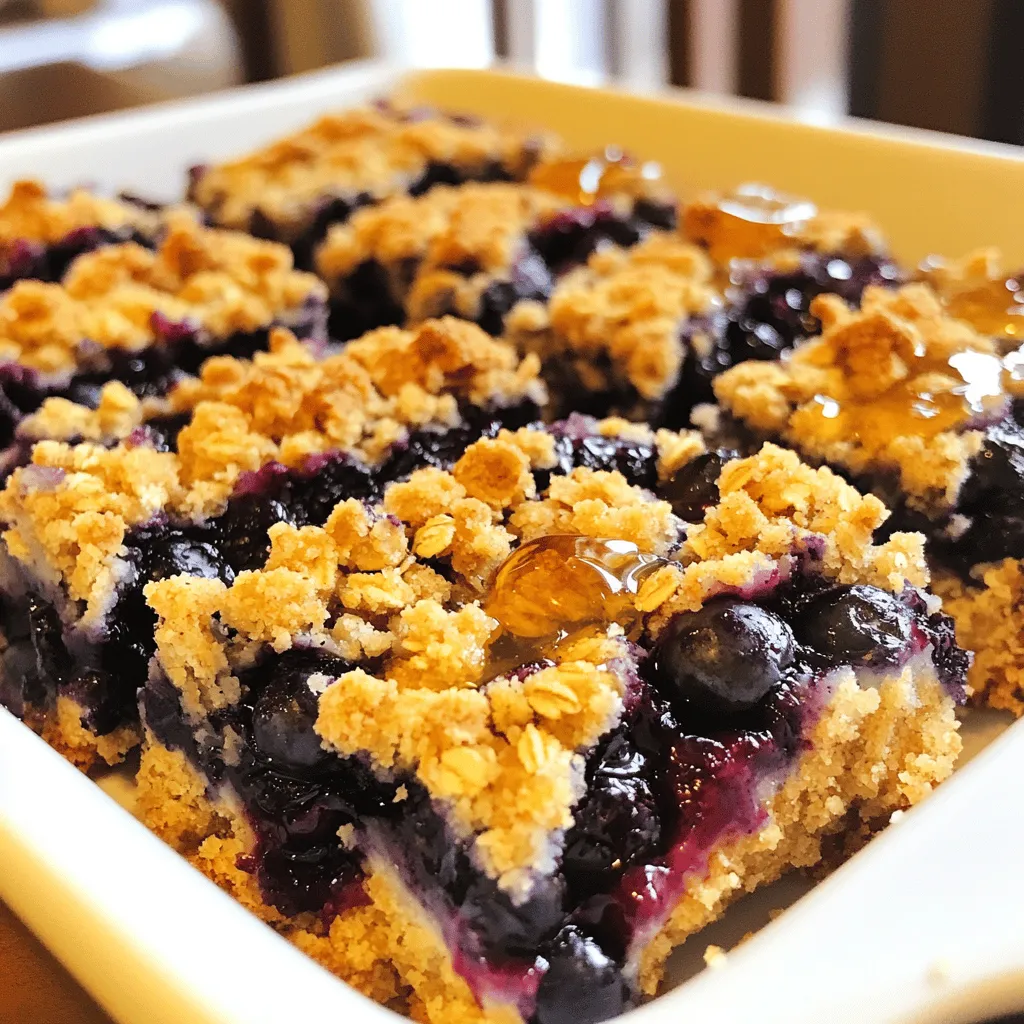 To make Blueberry Crumble Breakfast Bars, you will need: - 2 cups rolled oats - 1 cup whole wheat flour - 1/2 cup brown sugar, packed - 1/4 cup coconut oil, melted - 1/2 teaspoon salt - 1 teaspoon cinnamon - 1/2 teaspoon baking powder - 1 teaspoon vanilla extract - 1 1/2 cups fresh blueberries (or frozen, thawed and drained) - 1/4 cup honey or maple syrup - 1 tablespoon lemon juice You can adjust the measurements if needed. For a gluten-free option, use gluten-free oats and flour. If you want a nut-free recipe, swap coconut oil with canola oil. You can also use agave syrup instead of honey for a vegan version. Remember, these swaps may change the taste slightly, but they will still be delicious. Each serving of Blueberry Crumble Breakfast Bars offers a good mix of nutrients. Here’s a quick look: - Calories: 150 - Protein: 3g - Carbohydrates: 25g - Dietary Fiber: 3g - Sugars: 6g - Fat: 5g These bars provide energy and are rich in fiber. They are perfect for a busy morning or a snack. Enjoy making these tasty bars with the full recipe! First, gather your ingredients. You will need: - 2 cups rolled oats - 1 cup whole wheat flour - 1/2 cup brown sugar, packed - 1/4 cup coconut oil, melted - 1/2 teaspoon salt - 1 teaspoon cinnamon - 1/2 teaspoon baking powder - 1 teaspoon vanilla extract - 1 1/2 cups fresh blueberries - 1/4 cup honey or maple syrup - 1 tablespoon lemon juice Now, preheat your oven to 350°F (175°C). Line an 8x8 inch baking pan with parchment paper. Let some paper hang over the edges. This makes it easy to lift the bars out later. Next, take a big bowl and mix the rolled oats, whole wheat flour, brown sugar, melted coconut oil, salt, cinnamon, and baking powder. Stir until everything is mixed well. Set aside 1 cup of this mixture for the crumble topping. In the rest of the mixture, add vanilla, honey or maple syrup, and lemon juice. Mix well until you have a crumbly dough. Press the dough evenly into the bottom of your prepared pan. Make sure it covers the whole bottom. This creates a solid base for your bars. In a separate bowl, gently fold the blueberries into the reserved crumble mixture. Sprinkle this blueberry-oat mixture over the pressed dough. Now, put the pan in your preheated oven. Bake for 25-30 minutes. You want the edges to turn golden brown, and the blueberry filling should bubble a bit. When the bars are done, carefully remove them from the oven. Let them cool in the pan for about 10 minutes. Then, use the parchment paper to lift them out. Let the bars cool completely on a wire rack. Once cooled, cut them into squares or rectangles. Now, you can enjoy your tasty Blueberry Crumble Breakfast Bars! For the full recipe, check out the detailed instructions above. To make the perfect crumble, focus on the texture. Your oat mixture should feel sandy, not wet. Use cold coconut oil for a flakier crumble. Mix in the oil until the oats are coated. This will help each bite be crisp and tasty. Don't overmix when adding the blueberries. Gently fold them in to keep their shape. A key mistake is pressing the dough too hard. You want it firm but not dense. This can make your bars tough. Also, don't skip the parchment paper. It helps lift the bars out easily. Overbaking is another common error. Keep an eye on the edges. They should be golden brown, but not too dark. If you need substitutes, there are great options. For whole wheat flour, use almond flour for a nutty taste. You can also swap honey for agave syrup. If you want a nut-free option, coconut oil works well. For oats, quick oats can replace rolled oats, but the texture will change slightly. Always remember to adjust baking time based on your changes. For more details, check out the Full Recipe. {{image_2}} You can boost the taste of your Blueberry Crumble Breakfast Bars in fun ways. Try adding chopped nuts like almonds or walnuts for crunch. You can also mix in some shredded coconut for a tropical twist. A sprinkle of chia seeds adds fiber and texture, too. For a sweet touch, consider drizzling a bit of honey or maple syrup on top before baking. While blueberries shine in this recipe, many fruits work well. Raspberries, strawberries, or chopped peaches can be great substitutes. You can even use a mix of your favorite fruits. Just make sure to adjust the sweetness based on how tart or sweet the fruit is. To make these bars vegan, replace honey with maple syrup. You can also use a flaxseed egg instead of a traditional egg if the recipe called for one. For gluten-free options, swap whole wheat flour with almond flour or gluten-free oats. Be sure to check that your baking powder is gluten-free as well. These small changes let everyone enjoy these tasty bars! To keep your Blueberry Crumble Breakfast Bars fresh, store them in an airtight container. This helps lock in moisture and flavor. You can place a piece of parchment paper between layers to prevent sticking. Avoid storing them in direct sunlight or near heat sources. When stored correctly at room temperature, these bars last about 3 to 5 days. If you want them to last longer, place them in the fridge. In the fridge, they can stay fresh for up to a week. For even more longevity, freeze them. They can last up to 3 months in the freezer. If you want to enjoy your bars warm, reheating is easy. Simply place a bar in the microwave for 15 to 20 seconds. You can also use the oven. Preheat it to 350°F (175°C), then warm the bars for about 5 to 10 minutes. This makes them taste fresh again! Yes, you can use frozen blueberries. Just make sure to thaw and drain them first. This keeps the bars from getting too watery. Frozen blueberries work well and still taste great in these bars. To make these bars vegan, swap the honey for maple syrup. You can also use a plant-based butter instead of coconut oil. These simple swaps keep the flavor while making them vegan-friendly. If you don’t have coconut oil, you can use vegetable oil or unsalted butter. Both options work well and won’t change the taste too much. Choose what you have on hand for a quick fix. Yes, you can easily double the recipe to make larger batches. Just use a bigger baking pan, like a 9x13 inch one. This way, you’ll have more bars to enjoy or share! You can tell the bars are done when the edges are golden brown. The blueberry filling should be bubbling a bit. If you poke a toothpick in the center and it comes out clean, they are ready to cool. You learned about the key ingredients for Blueberry Crumble Breakfast Bars and how to measure them. We covered the steps to prepare, bake, cool, and serve this tasty treat. You also discovered useful tips for perfecting your bars and common mistakes to avoid. Plus, we explored tasty variations and how to store your bars for freshness. In closing, you now have all the tools to make and enjoy these delicious bars anytime. So, get baking and experiment with your own flavors!
