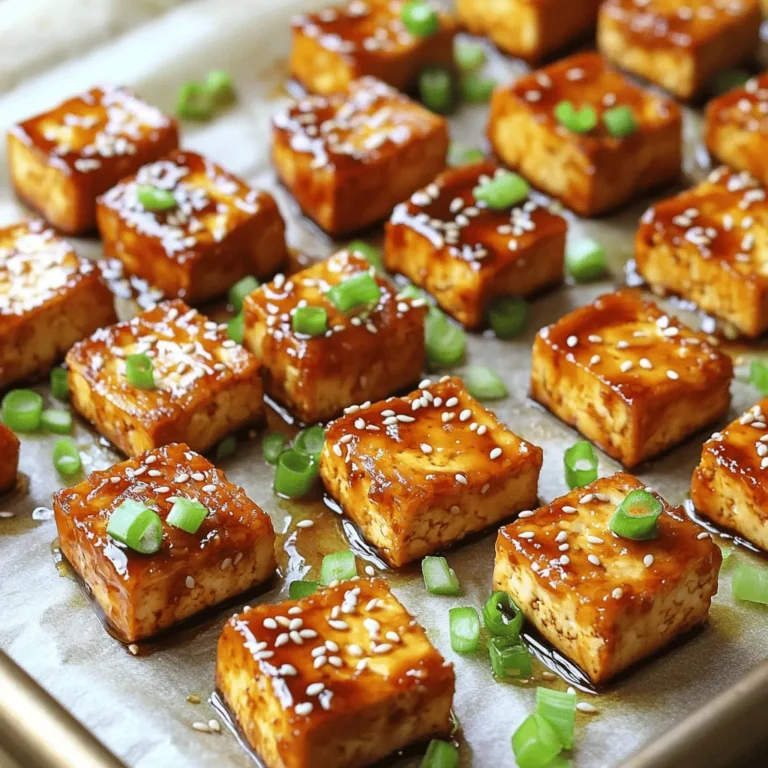 To make this dish, you will need a few key items. Here’s the list: - 1 block (15 oz) firm tofu, pressed and cubed - ½ cup soy sauce (or tamari for gluten-free) - ¼ cup maple syrup - 2 tablespoons rice vinegar - 2 tablespoons sesame oil - 3 cloves garlic, minced - 1 tablespoon freshly grated ginger - 2 tablespoons cornstarch - 1 tablespoon sesame seeds (for garnish) - 3 green onions, sliced (for garnish) Each ingredient plays a big role. The tofu gives the dish its protein and texture. The soy sauce and maple syrup create that sweet and salty flavor. The garlic and ginger add a nice zing. While the main ingredients are perfect, you can add some extras for more taste. Here are a few ideas: - Red pepper flakes for heat - Broccoli or bell peppers for more veggies - Peanuts or cashews for crunch - A splash of lime juice for brightness Feel free to mix and match. These additions make your meal unique and fun. This dish not only tastes great but is also good for you. Here’s what you get per serving: - Calories: 240 - Protein: 12g - Carbohydrates: 25g - Fat: 12g Baked teriyaki tofu is a balanced meal. It offers protein, healthy fats, and carbs. Enjoying this dish can help you stay healthy without losing flavor. To start, you need firm tofu. Take one block and press it. This removes water. Less water means better flavor. Once pressed, cut the tofu into cubes. Aim for bite-sized pieces. This helps them cook evenly. Now, let's make the teriyaki sauce. In a medium bowl, mix soy sauce and maple syrup. Add rice vinegar, sesame oil, minced garlic, and grated ginger. Whisk until smooth. This sauce brings the sweet and salty flavor to your dish. Next, coat your tofu with cornstarch. Toss the cubes gently until they are covered. This helps create that crispy texture. Arrange the tofu on a lined baking sheet. Drizzle half of the teriyaki sauce on top. Bake in a preheated oven at 400°F (200°C) for 25-30 minutes. Turn the tofu halfway through for even cooking. After baking, drizzle the rest of the sauce over the tofu. Bake for an extra 5-10 minutes. This makes the tofu sticky and caramelized. Finally, garnish with sesame seeds and green onions before serving. Enjoy your Baked Teriyaki Tofu Delight! For the full recipe, check out the recipe section. Tofu holds a lot of water. Pressing it helps to make it firm. Use a clean kitchen towel or paper towels. Wrap the tofu block in the towel. Place a heavy pan on top for about 15-20 minutes. This step gets rid of excess moisture. You’ll end up with better texture when baking. Crispy tofu is key for great flavor. After pressing, toss cubed tofu in cornstarch. This will create a crunchy outer layer. Make sure to coat each piece evenly. Bake at 400°F (200°C) to get that golden brown color. Turn the tofu halfway through cooking for even crispiness. One common mistake is not pressing the tofu. This can lead to soggy pieces. Another issue is overcrowding the baking sheet. Leave space between tofu cubes to allow air to circulate. Lastly, don’t skip the extra drizzle of teriyaki sauce at the end. It adds flavor and helps caramelize the tofu perfectly. For the full recipe, check out the Baked Teriyaki Tofu Delight. {{image_2}} You can easily make this dish gluten-free. Use tamari instead of soy sauce. Tamari has a similar flavor without gluten. This small swap keeps the taste intact and makes it safe for gluten-free eaters. Adding veggies boosts the health of your meal. Try bell peppers, broccoli, or snap peas. These veggies add color and crunch. You can toss them in with the tofu for the last 10 minutes of baking. This gives them a tender crisp that pairs well with the teriyaki sauce. Want to mix it up? You can create different marinades. Try adding orange juice for a citrus twist. Or use sriracha for some heat. These options add new flavors while keeping the dish fun. You can explore your taste buds and find your favorite! For the full recipe, check out Baked Teriyaki Tofu Delight. To store leftover baked teriyaki tofu, let it cool first. Place it in an airtight container. Keep it in the fridge for up to 4 days. If you want to keep it longer, consider freezing it. For best taste, use it within a week. To reheat, preheat your oven to 350°F (175°C). Spread the tofu on a baking sheet. Heat for about 10-15 minutes or until warm. You can also microwave it. Just heat in short bursts for 1-2 minutes. Stir in between to avoid sogginess. For longer storage, you can freeze the tofu. Place it in a freezer-safe bag or container. Make sure to remove as much air as possible. You can freeze it for up to 3 months. When ready to eat, thaw it in the fridge overnight before reheating. For a quick meal, try the Full Recipe. To make a simple homemade teriyaki sauce, you'll need some key ingredients. Mix together: - ½ cup soy sauce (or tamari) - ¼ cup maple syrup - 2 tablespoons rice vinegar - 2 tablespoons sesame oil - 3 cloves garlic, minced - 1 tablespoon freshly grated ginger Whisk these ingredients until well combined. This sauce gives your dish a sweet and salty flavor. Yes, you can use other proteins like chicken, beef, or shrimp. Each protein will have a different cooking time. For chicken or beef, cut into bite-sized pieces. For shrimp, make sure they are peeled and deveined. Adjust the cooking time to ensure they are cooked through. Baked teriyaki tofu can be very healthy. Tofu is a great source of protein and low in calories. When baked, it has less oil than fried versions. The sauce adds flavor without many extra calories if you control the amount used. Pair it with veggies for a balanced meal. You can find the full recipe for Baked Teriyaki Tofu in the earlier sections. Enjoy your cooking! Baked teriyaki tofu is easy and tasty. We covered the key ingredients for flavor. I shared how to prepare, bake, and store your tofu properly. Remember the tips to avoid common mistakes. Think about adding your favorite veggies for more nutrition. This dish fits many diets and is fun to make. With practice, you can serve up a great meal full of taste. Enjoy your cooking journey!