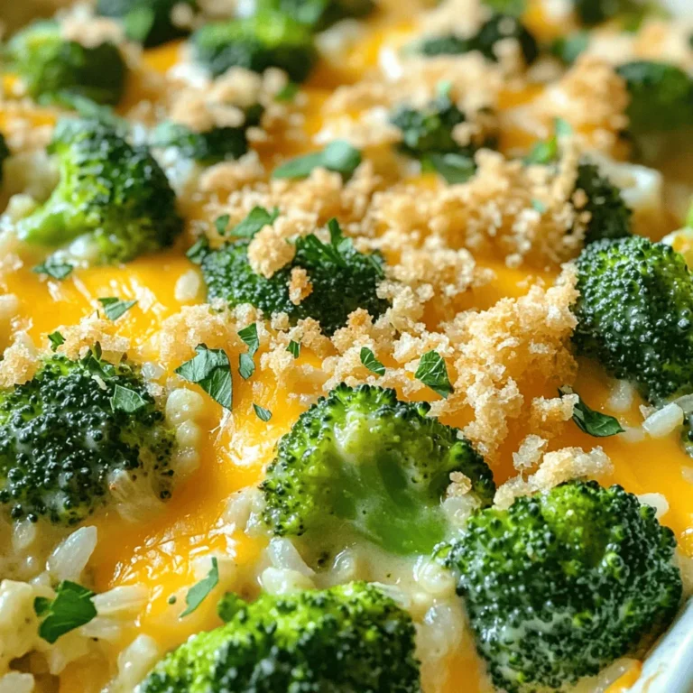 To make Cheesy Broccoli Rice Casserole, gather these simple ingredients: - 1 cup uncooked brown rice - 2 cups vegetable broth - 2 cups fresh broccoli florets - 1 cup shredded cheddar cheese - 1 cup cream of mushroom soup - 1/2 cup milk - 1/2 teaspoon garlic powder - 1/2 teaspoon onion powder - 1/4 teaspoon black pepper - 1/2 teaspoon salt - 1/2 cup breadcrumbs - 2 tablespoons olive oil - 1 tablespoon fresh parsley, chopped (for garnish) You can swap some items if needed: - Use white rice instead of brown rice for a quicker cook time. - Swap vegetable broth for chicken broth for more flavor. - If you don't have cream of mushroom soup, use cream of chicken or a homemade version. - Almond milk or oat milk can replace regular milk for a dairy-free option. - Try different cheese, like Monterey Jack or mozzarella, for a unique taste. Choose fresh, vibrant broccoli for the best taste. Look for firm florets and bright green color. Store any leftovers in an airtight container in the fridge for up to three days. Keep the uncooked rice in a cool, dry place. Use it within a year for the best flavor. If you want to make this dish ahead, you can prepare it and store it in the fridge before baking. Just remember to bake it fresh for that warm, cheesy goodness. For the full recipe, check out the details above! First, I bring the vegetable broth to a boil in a large saucepan. Then, I add 1 cup of uncooked brown rice to the pot. I cover it and lower the heat. I let it cook for about 45 minutes. The rice needs to be tender and fluffy. While the rice cooks, I steam 2 cups of fresh broccoli florets. I put them in a pot with a bit of water. After 4 to 5 minutes, they should be bright green and tender. Once done, I drain the broccoli and set it aside. In a large mixing bowl, I combine the cooked rice and steamed broccoli. Next, I add 1 cup of cream of mushroom soup and 1/2 cup of milk. I also add 1/2 cup of shredded cheddar cheese, 1/2 teaspoon of garlic powder, 1/2 teaspoon of onion powder, black pepper, and salt. I stir everything together until well mixed. The mixture should look creamy and colorful. Then, I transfer it into a greased 9x13 inch baking dish, spreading it evenly. In a small bowl, I mix 1/2 cup of breadcrumbs with 2 tablespoons of olive oil. I sprinkle this mixture over the casserole. Next, I top it with the remaining 1/2 cup of shredded cheddar cheese. Now, I bake the dish in a preheated oven at 350°F (175°C) for 25 to 30 minutes. I watch for it to get bubbly and the top to turn golden brown. Once it is done, I take it out and let it cool for a few minutes. For a nice touch, I garnish it with fresh parsley. You can find the full recipe above for all the delicious details. To make your Cheesy Broccoli Rice Casserole just right, focus on the rice. Use brown rice for a nutty taste and chewy texture. Cook it fully in vegetable broth for added flavor. This will keep the rice moist and flavorful. When you steam the broccoli, don't overcook it. You want it bright green and still crisp. This will help it hold its shape in the casserole. To boost the flavor, season well. Add garlic powder and onion powder for depth. You can also mix in some fresh herbs like thyme or basil for a fresh touch. If you like a little heat, sprinkle in some red pepper flakes. The cream of mushroom soup brings richness, but feel free to add a splash of soy sauce for an umami kick. This casserole is a meal on its own, but you can serve it with a side salad. A simple green salad with lemon vinaigrette balances the rich flavors. For a heartier meal, pair it with grilled chicken or fish. If you're having guests, consider serving it with crusty bread to soak up all the cheesy goodness. For quick ideas, you can also add some roasted nuts on top for crunch. Check out the Full Recipe for more details! {{image_2}} You can easily add protein to your Cheesy Broccoli Rice Casserole. Chicken, turkey, or even tofu works well. Just cook your protein first, then mix it in with the rice and broccoli. This adds flavor and makes the dish more filling. If you choose chicken, shred it for a nice texture. You can also use cooked sausage for a hearty twist. For a vegan version, swap the cheese and cream of mushroom soup. Use cashew cream or coconut milk instead. Nutritional yeast can mimic cheese flavor, adding a cheesy taste. For gluten-free options, ensure the breadcrumbs are gluten-free. This dish is flexible, so feel free to experiment with different plant-based ingredients. Cheese is a star in this casserole. While cheddar is classic, you can mix it up. Try mozzarella for a stretchy, gooey texture. Pepper jack adds a spicy kick. Use a blend of your favorites for more depth. Just remember to keep the total amount the same as in the recipe for the best results. You can find the Full Recipe above for all the details on making this dish. Once you finish your Cheesy Broccoli Rice Casserole, let it cool. Then, place it in an airtight container. Store it in the fridge for up to three days. If you want to keep it longer, consider freezing it. To reheat, take the casserole out of the fridge. Preheat your oven to 350°F (175°C). Place the casserole in the oven and cover it with foil. Heat for about 20-25 minutes. This keeps it moist and warm. You can also use the microwave. Heat it in short bursts, stirring in between, until it’s hot. If you want to freeze the casserole, wrap it tightly in plastic wrap. Then, place it in a freezer-safe container or bag. It can last up to three months in the freezer. When you’re ready to eat, thaw it in the fridge overnight before reheating. This keeps the flavors fresh and tasty. You can prepare Cheesy Broccoli Rice Casserole in advance. Start by cooking the rice and broccoli as usual. Mix all the ingredients together, but don’t bake it yet. Cover the dish and store it in the fridge. You can do this a day ahead. When you're ready to eat, just pop it in the oven. Bake as directed until hot and bubbly. This makes it easy for busy days. Yes, you can use frozen broccoli for this dish. Frozen broccoli is already blanched, so it cooks faster. Just thaw it and drain excess water before adding it to the mix. This saves time and still gives you that great taste. The texture may be a bit softer, but it works well in this casserole. Cheddar cheese is my go-to for this recipe. It melts well and has a great flavor. You can also try other cheeses like Monterey Jack or Gouda for a twist. Mixing different cheeses can add depth to the flavor. Just remember to use good quality cheese for the best results. You can find the full recipe to explore different cheese options and combinations. This blog post covered everything you need for Cheesy Broccoli Rice Casserole. We discussed the ingredients, how to prepare them, and step-by-step cooking tips. You learned about ingredient quality and storage methods too. Consider trying the variations for a personal touch. My final thought is to experiment with your flavors and enjoy the process. This dish is about comfort and creativity. Happy cooking!