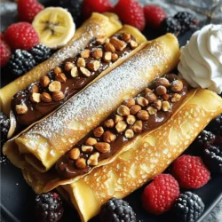 - 1 cup all-purpose flour - 2 large eggs - 1 1/2 cups milk - 2 tablespoons melted butter - 1 tablespoon sugar - 1/2 teaspoon vanilla extract - 1/4 teaspoon salt - 1/2 cup chocolate hazelnut spread - 1/4 cup chopped hazelnuts (toasted) - Powdered sugar (for dusting) - Fresh fruit (berries or banana slices for serving) - Whipped cream (optional, for serving) These simple ingredients create a rich and delightful treat. The all-purpose flour gives the crepes their structure. Eggs add richness and help bind the batter. Milk ensures the crepes are soft and tender. The melted butter adds flavor and keeps the crepes from sticking. Sugar balances the flavors, while vanilla extract gives a nice hint of sweetness. Salt enhances all the flavors and makes every bite better. The chocolate hazelnut spread is the star of the show. It provides a creamy, sweet filling that pairs perfectly with the crunchy, toasted hazelnuts. Dusting with powdered sugar adds a touch of elegance. Fresh fruit adds color and freshness, while whipped cream makes it feel extra special. For the full recipe, check out the details above. This list sets you up for a delicious experience! Start by mixing the dry ingredients. In a large bowl, whisk 1 cup of all-purpose flour, 1 tablespoon of sugar, and 1/4 teaspoon of salt. This step is key because it helps blend all the dry parts well. Next, add the wet ingredients. In another bowl, whisk 2 large eggs. Then mix in 1 1/2 cups of milk, 2 tablespoons of melted butter, and 1/2 teaspoon of vanilla extract. Gradually pour this mix into the dry mixture. Stir until smooth with no lumps. Resting the batter is important. Let it sit for at least 30 minutes. This helps the gluten relax, making your crepes tender and easy to cook. Now it’s time to heat the skillet. Use a non-stick skillet over medium heat. Lightly grease it with butter to prevent sticking. Pouring and cooking the batter is next. Use about 1/4 cup of the batter for each crepe. Pour it into the pan and swirl the batter to coat the bottom evenly. Cook for 1-2 minutes. Watch for the edges to lift and the bottom to turn golden. Flip it and cook for another minute. Stacking the cooked crepes is simple. Place them on a plate as you finish each one. This keeps them warm and ready for filling. Start by spreading the filling. Take a cooked crepe and spread 1 tablespoon of chocolate hazelnut spread on one half. This spread adds that rich, sweet flavor we love. Next, add hazelnuts. Sprinkle 1/4 cup of chopped, toasted hazelnuts on top of the spread. This gives a lovely crunch to every bite. Folding techniques are key to a neat presentation. Fold the crepe in half over the filling, then fold it in half again to shape a triangle. Place it on a serving plate. For the full recipe, check out the complete guide and enjoy making these delightful treats! To make great crepes, start with the right batter. The batter should be smooth and pourable. If it is too thick, add a bit more milk to thin it out. Letting it rest for 30 minutes helps improve texture. When it comes to flipping, practice makes perfect. Use a non-stick pan for easy cooking. Gently lift the edges with a spatula. Then, quickly flip the crepe using your wrist. If it tears, don’t worry! You can always use it for taste testing. Fruits make a great addition to your crepes. Fresh berries or banana slices are perfect. They add color and taste. You can also sprinkle more toasted hazelnuts on top. For drinks, try pairing with hot chocolate or coffee. Their rich flavors complement the crepes well. Presentation is key for impressing your guests. Plate the crepes neatly, overlapping them slightly. To make them look fancy, use a squeeze bottle for chocolate drizzle. It creates a lovely design on the plate. For garnishing, a dusting of powdered sugar adds a nice touch. You can also add a few fresh berries on the side. This makes your dish look even more delightful. Explore the [Full Recipe] for more ideas and details! {{image_2}} You can switch up the flavors in your crepes easily. Instead of chocolate hazelnut spread, try peanut butter. It adds a nice twist. You can also use fruit preserves like strawberry or raspberry. These spreads give a sweet, fruity kick. Adding spices can change the game too. A sprinkle of cinnamon gives warmth. Nutmeg can add a unique flavor. Just a pinch goes a long way, and it makes your crepes special. If you need a gluten-free option, swap the all-purpose flour. Use a gluten-free flour blend instead. These blends work well in crepes, so don’t worry about texture. For a vegan version, replace the eggs and milk. Use flax eggs and almond milk. You can also use a plant-based butter. These swaps keep the crepes tasty while fitting your diet. Seasonal fruits can enhance your crepes. In spring and summer, add fresh berries. Blueberries, strawberries, or raspberries work great. In fall, try sliced apples or pears. They add a nice crunch. You can also create holiday-themed variations. For Halloween, add orange zest and chocolate. For Christmas, use peppermint extract in your filling. These ideas bring fun and festivity to your crepes. For the complete recipe, check the Full Recipe. To keep your leftover crepes fresh, stack them with parchment paper between each one. This method prevents sticking. Place the stack in an airtight container or wrap it tightly with plastic wrap. - Fridge: Store crepes in the fridge for up to 3 days. - Freezer: For longer storage, freeze crepes for up to 2 months. Just make sure they are well-wrapped to avoid freezer burn. When it’s time to enjoy your crepes again, reheating them properly is key to keeping their texture. - Oven: Preheat your oven to 350°F (175°C). Place the crepes on a baking sheet and cover them with foil. Heat for about 10 minutes or until warm. - Microwave: Place a crepe on a microwave-safe plate. Cover it with a damp paper towel. Heat for 15-20 seconds. Check to see if it’s warm enough. - Skillet: Heat a non-stick skillet over low heat. Add the crepe and warm it for about 30 seconds on each side. This method keeps the outside nice and soft. Enjoy your Chocolate Hazelnut Stuffed Crepes warm, just like when you first made them! For more details, check out the Full Recipe. To keep crepes from sticking, pan temperature is key. Start with a medium heat. If the pan is too hot, crepes will burn. If it's too cool, they will stick. A non-stick skillet works best. Next, use the right amount of grease. I recommend a light coat of butter or oil. Use a paper towel to spread it evenly. Add grease before cooking each crepe. This will help them slide right off. Yes, you can make crepe batter ahead of time. Store it in the fridge for up to 24 hours. Just cover the bowl with plastic wrap or a lid. This lets the flavors blend. Make sure to stir it well before cooking. If you want to store it longer, freeze the batter. Pour it into a freezer-safe container and label it. It can last for about two months. When you’re ready, thaw it in the fridge overnight. If you want a different taste, there are many options. For a fruity flavor, try fruit preserves or jams. Creamy peanut butter is also a great choice. You can mix in some cocoa powder for a chocolate twist. For a healthier option, use almond butter. Each filling gives a unique taste to your crepes. Get creative and find your favorite! For the full recipe, check out Chocolate Hazelnut Stuffed Crepes. You learned how to make delicious crepes from scratch. We covered key ingredients, step-by-step instructions, and tips for perfecting them. Don’t forget the fun of variations and creative presentations. Crepes are versatile and can suit any taste. Feel free to experiment with flavors, ingredients, and toppings. With practice, you'll impress everyone at the table. Enjoy your crepes, whether for breakfast or dessert!