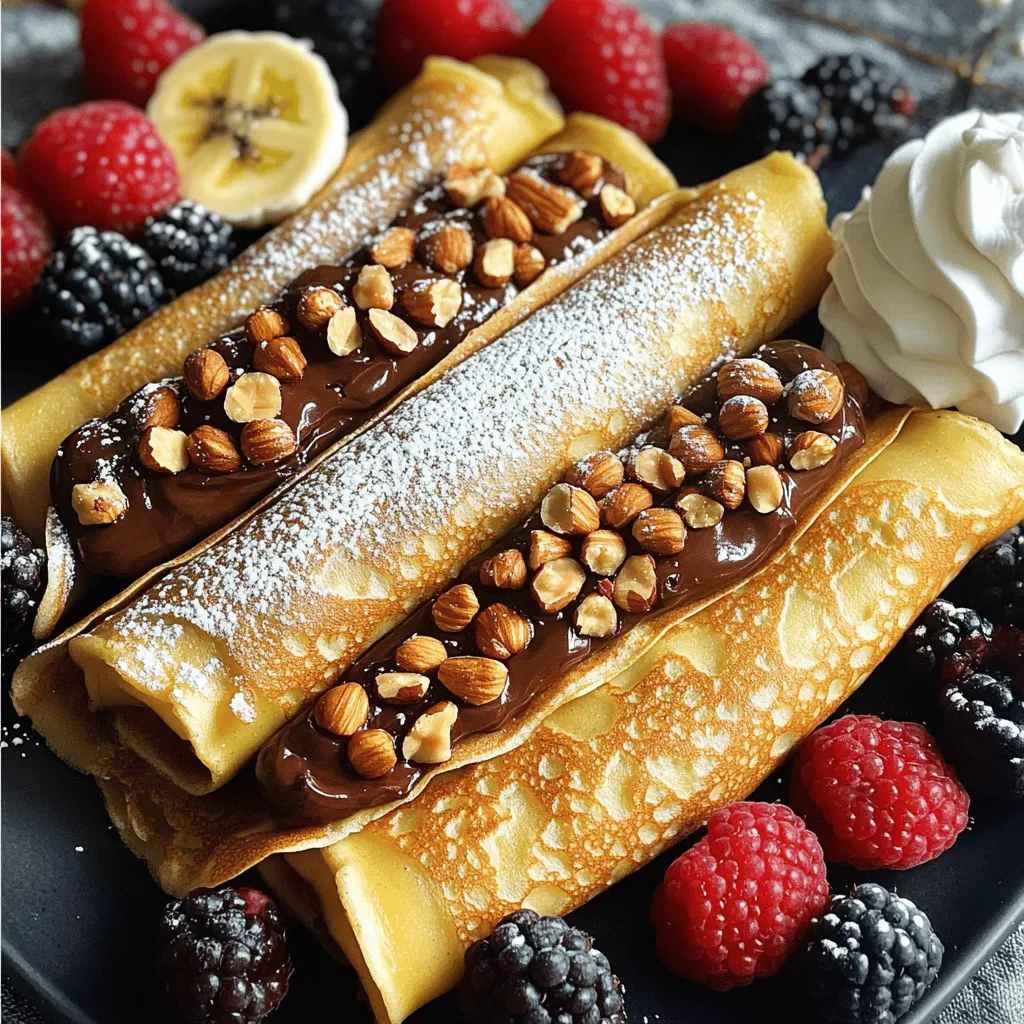 - 1 cup all-purpose flour - 2 large eggs - 1 1/2 cups milk - 2 tablespoons melted butter - 1 tablespoon sugar - 1/2 teaspoon vanilla extract - 1/4 teaspoon salt - 1/2 cup chocolate hazelnut spread - 1/4 cup chopped hazelnuts (toasted) - Powdered sugar (for dusting) - Fresh fruit (berries or banana slices for serving) - Whipped cream (optional, for serving) These simple ingredients create a rich and delightful treat. The all-purpose flour gives the crepes their structure. Eggs add richness and help bind the batter. Milk ensures the crepes are soft and tender. The melted butter adds flavor and keeps the crepes from sticking. Sugar balances the flavors, while vanilla extract gives a nice hint of sweetness. Salt enhances all the flavors and makes every bite better. The chocolate hazelnut spread is the star of the show. It provides a creamy, sweet filling that pairs perfectly with the crunchy, toasted hazelnuts. Dusting with powdered sugar adds a touch of elegance. Fresh fruit adds color and freshness, while whipped cream makes it feel extra special. For the full recipe, check out the details above. This list sets you up for a delicious experience! Start by mixing the dry ingredients. In a large bowl, whisk 1 cup of all-purpose flour, 1 tablespoon of sugar, and 1/4 teaspoon of salt. This step is key because it helps blend all the dry parts well. Next, add the wet ingredients. In another bowl, whisk 2 large eggs. Then mix in 1 1/2 cups of milk, 2 tablespoons of melted butter, and 1/2 teaspoon of vanilla extract. Gradually pour this mix into the dry mixture. Stir until smooth with no lumps. Resting the batter is important. Let it sit for at least 30 minutes. This helps the gluten relax, making your crepes tender and easy to cook. Now it’s time to heat the skillet. Use a non-stick skillet over medium heat. Lightly grease it with butter to prevent sticking. Pouring and cooking the batter is next. Use about 1/4 cup of the batter for each crepe. Pour it into the pan and swirl the batter to coat the bottom evenly. Cook for 1-2 minutes. Watch for the edges to lift and the bottom to turn golden. Flip it and cook for another minute. Stacking the cooked crepes is simple. Place them on a plate as you finish each one. This keeps them warm and ready for filling. Start by spreading the filling. Take a cooked crepe and spread 1 tablespoon of chocolate hazelnut spread on one half. This spread adds that rich, sweet flavor we love. Next, add hazelnuts. Sprinkle 1/4 cup of chopped, toasted hazelnuts on top of the spread. This gives a lovely crunch to every bite. Folding techniques are key to a neat presentation. Fold the crepe in half over the filling, then fold it in half again to shape a triangle. Place it on a serving plate. For the full recipe, check out the complete guide and enjoy making these delightful treats! To make great crepes, start with the right batter. The batter should be smooth and pourable. If it is too thick, add a bit more milk to thin it out. Letting it rest for 30 minutes helps improve texture. When it comes to flipping, practice makes perfect. Use a non-stick pan for easy cooking. Gently lift the edges with a spatula. Then, quickly flip the crepe using your wrist. If it tears, don’t worry! You can always use it for taste testing. Fruits make a great addition to your crepes. Fresh berries or banana slices are perfect. They add color and taste. You can also sprinkle more toasted hazelnuts on top. For drinks, try pairing with hot chocolate or coffee. Their rich flavors complement the crepes well. Presentation is key for impressing your guests. Plate the crepes neatly, overlapping them slightly. To make them look fancy, use a squeeze bottle for chocolate drizzle. It creates a lovely design on the plate. For garnishing, a dusting of powdered sugar adds a nice touch. You can also add a few fresh berries on the side. This makes your dish look even more delightful. Explore the [Full Recipe] for more ideas and details! {{image_2}} You can switch up the flavors in your crepes easily. Instead of chocolate hazelnut spread, try peanut butter. It adds a nice twist. You can also use fruit preserves like strawberry or raspberry. These spreads give a sweet, fruity kick. Adding spices can change the game too. A sprinkle of cinnamon gives warmth. Nutmeg can add a unique flavor. Just a pinch goes a long way, and it makes your crepes special. If you need a gluten-free option, swap the all-purpose flour. Use a gluten-free flour blend instead. These blends work well in crepes, so don’t worry about texture. For a vegan version, replace the eggs and milk. Use flax eggs and almond milk. You can also use a plant-based butter. These swaps keep the crepes tasty while fitting your diet. Seasonal fruits can enhance your crepes. In spring and summer, add fresh berries. Blueberries, strawberries, or raspberries work great. In fall, try sliced apples or pears. They add a nice crunch. You can also create holiday-themed variations. For Halloween, add orange zest and chocolate. For Christmas, use peppermint extract in your filling. These ideas bring fun and festivity to your crepes. For the complete recipe, check the Full Recipe. To keep your leftover crepes fresh, stack them with parchment paper between each one. This method prevents sticking. Place the stack in an airtight container or wrap it tightly with plastic wrap. - Fridge: Store crepes in the fridge for up to 3 days. - Freezer: For longer storage, freeze crepes for up to 2 months. Just make sure they are well-wrapped to avoid freezer burn. When it’s time to enjoy your crepes again, reheating them properly is key to keeping their texture. - Oven: Preheat your oven to 350°F (175°C). Place the crepes on a baking sheet and cover them with foil. Heat for about 10 minutes or until warm. - Microwave: Place a crepe on a microwave-safe plate. Cover it with a damp paper towel. Heat for 15-20 seconds. Check to see if it’s warm enough. - Skillet: Heat a non-stick skillet over low heat. Add the crepe and warm it for about 30 seconds on each side. This method keeps the outside nice and soft. Enjoy your Chocolate Hazelnut Stuffed Crepes warm, just like when you first made them! For more details, check out the Full Recipe. To keep crepes from sticking, pan temperature is key. Start with a medium heat. If the pan is too hot, crepes will burn. If it's too cool, they will stick. A non-stick skillet works best. Next, use the right amount of grease. I recommend a light coat of butter or oil. Use a paper towel to spread it evenly. Add grease before cooking each crepe. This will help them slide right off. Yes, you can make crepe batter ahead of time. Store it in the fridge for up to 24 hours. Just cover the bowl with plastic wrap or a lid. This lets the flavors blend. Make sure to stir it well before cooking. If you want to store it longer, freeze the batter. Pour it into a freezer-safe container and label it. It can last for about two months. When you’re ready, thaw it in the fridge overnight. If you want a different taste, there are many options. For a fruity flavor, try fruit preserves or jams. Creamy peanut butter is also a great choice. You can mix in some cocoa powder for a chocolate twist. For a healthier option, use almond butter. Each filling gives a unique taste to your crepes. Get creative and find your favorite! For the full recipe, check out Chocolate Hazelnut Stuffed Crepes. You learned how to make delicious crepes from scratch. We covered key ingredients, step-by-step instructions, and tips for perfecting them. Don’t forget the fun of variations and creative presentations. Crepes are versatile and can suit any taste. Feel free to experiment with flavors, ingredients, and toppings. With practice, you'll impress everyone at the table. Enjoy your crepes, whether for breakfast or dessert!