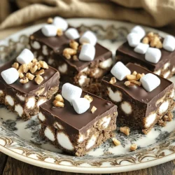 To make Chocolate Marshmallow Rocky Road, you'll need these simple ingredients: - 200g dark chocolate, chopped - 100g milk chocolate, chopped - 100g unsalted butter - 150g digestive biscuits, crushed - 100g mini marshmallows - 50g nuts (such as walnuts or almonds), roughly chopped - 2 tablespoons golden syrup or honey - A pinch of sea salt Each ingredient adds a unique flavor and texture. The dark and milk chocolate gives a rich taste. The butter helps create a smooth mixture. Crushed digestive biscuits add crunch. Mini marshmallows are soft and sweet. Nuts give a nice bite. Golden syrup or honey adds sweetness and helps bind everything together. The sea salt enhances all the flavors. You can switch some ingredients if needed. Here are a few ideas: - Use semi-sweet chocolate instead of dark chocolate for a milder flavor. - Swap milk chocolate for white chocolate if you like it sweeter. - For a gluten-free version, replace digestive biscuits with gluten-free cookies. - Instead of nuts, you can use seeds like pumpkin or sunflower for a nut-free treat. - Maple syrup can replace golden syrup or honey for a different sweetness. These swaps keep the recipe fun while tailoring it to your taste. You don't need fancy tools to make this treat. Here’s what you’ll need: - A 9-inch square baking pan - Parchment paper for easy removal - Microwave-safe bowl for melting chocolate - Mixing bowls for blending ingredients - A spatula for folding and mixing - A sharp knife for cutting the squares Having these tools ready will make your cooking experience smooth and enjoyable. Start by greasing a 9-inch square baking pan with butter. Line it with parchment paper, leaving some paper hanging over the edges. This helps when you remove the rocky road later. In a microwave-safe bowl, add the dark chocolate, milk chocolate, and unsalted butter. Microwave it in short bursts of 20 seconds. Stir after each time until everything melts and mixes well. This step is key to getting a smooth chocolate mix. In a large mixing bowl, combine the crushed digestive biscuits, mini marshmallows, and chopped nuts. The biscuits add crunch, while marshmallows bring fluffiness. Nuts add a nice texture and flavor. Make sure to mix them well so every piece is ready for the chocolate. Once the chocolate is smooth, stir in the golden syrup or honey. Pour this melted mix over the dry ingredients. Use a spatula to gently fold everything together until all pieces are coated in chocolate. You should see no dry bits. Add a pinch of sea salt for extra flavor, and then mix again. Transfer this mixture into the prepared baking pan. Spread it out evenly, pressing it down lightly. This helps it set better. Put the pan in the fridge for at least 2-3 hours. Once it’s firm, lift it out using the parchment paper. Cut it into squares or bars. Enjoy your homemade chocolate marshmallow rocky road treat! For full instructions, see the Full Recipe. To get the right texture for your chocolate marshmallow rocky road, focus on melting the chocolate correctly. Use a microwave, but heat it in short bursts. Stir after each 20 seconds. This helps prevent burning. When you mix the dry ingredients, don’t crush the biscuits too fine. You need some chunks for a nice crunch. Fold the melted chocolate with care. Don’t stir too hard; this keeps air in the mix. This air makes the rocky road light and fluffy. One big mistake is not greasing the pan. If you skip this step, your rocky road will stick. Another error is overcooking the chocolate. This can make it grainy. Always stir gently and watch closely. Don’t forget the salt! A pinch adds depth to the flavor. Also, don’t skimp on the cooling time. If you cut it too soon, it will fall apart. Patience is key for a great treat. For a stunning finish, serve your chocolate rocky road on a colorful platter. Add some extra mini marshmallows and nuts on top. This makes it look festive and inviting. Cut the rocky road into even squares for a nice look. You can also wrap the squares in clear bags tied with a ribbon. This turns them into sweet gifts. For more ideas, check the Full Recipe for creative serving suggestions. {{image_2}} You can make chocolate marshmallow rocky road even better by adding flavors. Peanut butter adds a rich, nutty taste. Just swirl in some creamy peanut butter after melting the chocolate. Mint extract gives a fresh twist. Use about a teaspoon for a light minty flavor. Experiment with these ideas until you find your favorite. Mix-ins can change the whole taste of your treat. Try adding dried fruits like cranberries or cherries. They bring a sweet and tangy flavor. Different nuts, like pecans or hazelnuts, add crunch and flavor. You can also use seeds like sunflower or pumpkin for a nut-free option. Choose what you love! You can make this recipe gluten-free by using gluten-free biscuits. Look for brands that fit your diet. For a vegan version, swap butter for coconut oil and use dairy-free chocolate. Make sure your marshmallows are vegan too. These swaps keep the delicious taste while fitting different diets. Enjoy your chocolate marshmallow rocky road in any way you like! To keep your chocolate marshmallow rocky road fresh, store it in an airtight container. You can keep it at room temperature for up to a week. If you live in a warm area, it’s best to store it in the fridge. This helps the chocolate stay firm and tasty. You can freeze rocky road if you want to save some for later. Cut it into squares first. Then, wrap each square in plastic wrap. Place the wrapped pieces in a freezer-safe bag or container. Rocky road can stay fresh in the freezer for up to three months. Just thaw it in the fridge before enjoying. To keep rocky road fresh, avoid exposing it to heat or moisture. Keep it away from sunlight and warm places. If you notice any signs of melting, place it in the fridge right away. For the best flavor and texture, enjoy your rocky road within one week of making it. Rocky Road began in Australia during the Great Depression. Bakers wanted to create a sweet treat. They combined chocolate with nuts and marshmallows. This mix made a fun dessert that was easy to share. The name "Rocky Road" reflects its bumpy texture, like a rough road. It became popular in many places, especially in America. Yes, you can make this recipe ahead of time. Prepare the rocky road and let it set in the fridge. You can store it for up to a week. This makes it perfect for parties or family treats. Just remember to keep it in an airtight container. That way, it stays fresh and tasty. Rocky Road stays good for about one week at room temperature. If you keep it in the fridge, it lasts longer. You can also freeze it for up to three months. Make sure to wrap it tightly to avoid freezer burn. When you're ready to eat it, just let it thaw at room temperature. Absolutely! You can mix different types of chocolate. Try using white chocolate for a sweeter taste. You can also use milk chocolate for creaminess or dark chocolate for a richer flavor. Feel free to experiment with your favorite chocolates. This will make your Rocky Road even more special! For the full recipe, check out the earlier section. This guide covers everything you need for making Rocky Road treats. We listed the key ingredients and substitutions, plus the tools you'll need. Next, I shared step-by-step instructions to help you prepare and perfect your mix. I added tips for getting the best texture and avoiding common mistakes. Explore fun ways to change up the flavors and ingredients too. Finally, I explained how to store your treats, keeping them fresh. By following these tips, you can enjoy delicious Rocky Road any time!