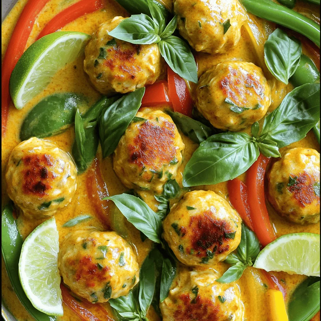 To make Thai Coconut Curry Meatballs, gather these main ingredients: - 1 lb ground chicken (or turkey) - 1/2 cup breadcrumbs - 1 egg - 2 cloves garlic, minced - 1 tablespoon ginger, grated - 1 tablespoon cilantro, chopped - Salt and pepper to taste - 2 tablespoons olive oil - 1 can (13.5 oz) coconut milk - 2 tablespoons red curry paste - 1 tablespoon fish sauce (or soy sauce for a vegetarian version) - 1 tablespoon brown sugar - 1 bell pepper, sliced - 1 cup sugar snap peas or green beans These ingredients come together to create a rich and flavorful dish. You can adjust the protein based on your preference. You might already have some of these staples in your pantry: - Olive oil - Salt - Pepper - Brown sugar These basic items make preparing the dish easy and convenient. They enhance flavors and help create the perfect balance in your curry. Want to take your dish up a notch? Consider these optional garnishes and add-ins: - Fresh basil leaves for garnish - Lime wedges for serving These add freshness and brightness to your meal. You can also add more veggies like carrots or zucchini to make it even heartier. For a personal touch, try mixing in some chopped nuts for a crunch. For the full recipe, check out the complete instructions! Start by taking a large bowl. Add the ground chicken, breadcrumbs, and egg. Next, mix in the minced garlic and grated ginger. Don't forget the chopped cilantro. Season with salt and pepper. Use your hands to combine everything well. Once mixed, form the mixture into small meatballs. Aim for about 1 inch in diameter. You should have around 24 meatballs. Heat olive oil in a large skillet over medium heat. Once hot, add the meatballs carefully. Cook them for about 5 to 7 minutes. Turn them occasionally so they brown on all sides. Once browned, remove them from the skillet and set them aside on a plate. In the same skillet, pour in the coconut milk. Add the red curry paste and fish sauce. If you want a vegetarian version, use soy sauce instead. Stir well to combine all the ingredients and bring the sauce to a simmer. Then, add the sliced bell pepper and sugar snap peas. Cook for about 3 to 4 minutes. You want the veggies to be tender but still crisp. Gently return the meatballs to the skillet. Spoon the sauce over them carefully. Cover the skillet and let it simmer for another 10 minutes. This allows the flavors to blend nicely. Before serving, taste the sauce and adjust the seasoning if needed. Serve the meatballs over jasmine rice. Garnish with fresh basil leaves and lime wedges for added flavor. For the full recipe, check out the details above. Enjoy your meal! To make great meatballs, use fresh ingredients. Ground chicken or turkey works best. Mix the meat with breadcrumbs, garlic, ginger, and cilantro. Keep your hands wet to shape the meatballs easily. Aim for uniform size, about one inch round. This helps them cook evenly. Cook them until they’re golden brown on all sides for a nice texture. Thai food thrives on balance. The coconut milk adds creaminess. Red curry paste gives heat and depth. Fish sauce adds umami. Brown sugar brings sweetness. Taste the sauce as you cook. Adjust the flavors to your liking. If it’s too spicy, add more coconut milk. If it’s too bland, a little more fish sauce can help. Serve your meatballs over jasmine rice for a classic touch. The rice soaks up the sauce well. Garnish with fresh basil leaves for color and flavor. Lime wedges add a zesty kick. You can also pair them with a side salad for crunch. For extra fun, serve with naan or rice noodles. Try the Full Recipe to see how it all comes together! {{image_2}} You can easily make this dish vegetarian or vegan. To do this, swap the ground chicken for a mix of cooked lentils, chickpeas, or plant-based meat. Use breadcrumbs made from gluten-free bread if needed. Instead of an egg, use a flax egg. Just mix one tablespoon of ground flaxseed with three tablespoons of water. Let it sit until it thickens. For the sauce, replace fish sauce with soy sauce or tamari. This keeps the rich, savory flavor. If you like spice, add more red curry paste. You can also include fresh chili peppers. For a milder taste, reduce the amount of red curry paste. Start with one teaspoon and taste as you go. You can also add coconut sugar or honey to balance out any heat. This way, you can create a flavor that suits your taste perfectly. You have many options for protein. Ground turkey or beef works well if you want meat. For a leaner choice, use ground chicken or turkey. If you prefer seafood, shrimp makes a great addition. Simply adjust the cooking time as shrimp cooks faster than meatballs. You can also use tofu, crumbled for a vegan variant, or tempeh for an extra protein kick. This flexibility helps you enjoy these meatballs in many tasty ways. For the full recipe, check out the complete guide to making Thai Coconut Curry Meatballs. Store your leftover Thai Coconut Curry Meatballs in an airtight container. Keep them in the fridge. They will stay fresh for up to three days. Make sure to let them cool down before sealing the container. To reheat, place the meatballs in a skillet. Add a splash of water or coconut milk to keep them moist. Heat over medium-low heat until warm. You can also use a microwave. Just cover the meatballs and heat them in short bursts. Stir occasionally to ensure even heating. If you have more meatballs than you can eat, freezing is a great option. Place the meatballs in a single layer on a baking tray. Freeze them for about an hour. Once frozen, transfer them to a freezer-safe bag. They will last for up to three months. To use, thaw overnight in the fridge before reheating. For more details, check out the Full Recipe. You can use almond milk or soy milk for a lighter option. If you want a richer taste, try heavy cream or a mix of half and half. You can also blend silken tofu with water for a creamy texture. Each substitute will change the flavor slightly, so pick what you like best. Yes, you can make these meatballs ahead of time. Form the meatballs and store them in an airtight container. Keep them in the fridge for up to a day. You can also freeze them for up to three months. Just thaw them before cooking. This saves time and makes meal prep easier. To make this recipe gluten-free, swap regular breadcrumbs for gluten-free ones. Check your curry paste and fish sauce for gluten-free labels. Most brands are safe, but it’s good to confirm. With these simple swaps, you can enjoy the dish without gluten. Serve these meatballs with jasmine rice for a classic choice. You can also try quinoa for a healthy twist. A fresh cucumber salad adds a nice crunch. Steamed broccoli or green beans work well too. These sides enhance the meal and make it even more delicious. For the full recipe, check out the section above! Thai Coconut Curry Meatballs are a delicious dish. We explored the key ingredients needed, like meat and spices. Then, I shared steps to make juicy meatballs and rich sauce. Tips helped ensure great taste, while variations offered exciting options. Storage advice means your leftovers stay fresh. Remember, this dish is versatile and easy to adapt. Enjoy making and sharing it with friends and family. Dive into this tasty adventure and impress your loved ones with your cooking skills.