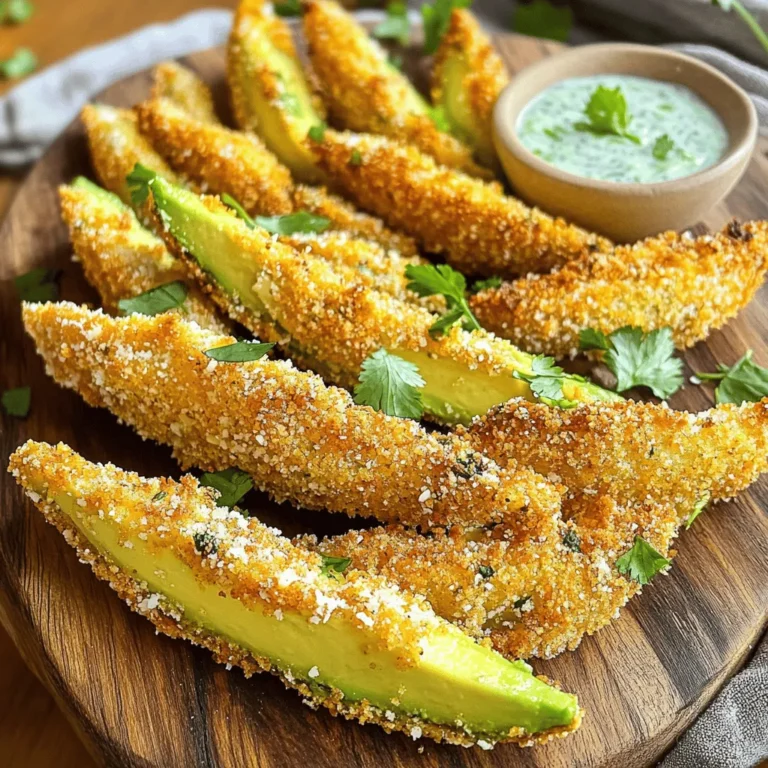 To make the best air fryer avocado fries, gather these simple ingredients: - 2 ripe avocados, sliced into wedges - 1 cup breadcrumbs (preferably panko) - 1/2 cup grated Parmesan cheese (or nutritional yeast) - 1 teaspoon garlic powder - 1 teaspoon onion powder - 1 teaspoon paprika - Salt and pepper to taste - 2 large eggs, beaten (or a vegan alternative) - Cooking spray or olive oil spray These ingredients come together to create a crunchy, tasty snack. The avocados give a creamy texture, while the panko adds a satisfying crunch. Using Parmesan cheese or nutritional yeast adds a nice cheesy flavor. You can easily swap the eggs for a vegan option if needed. Once you have all the ingredients ready, you can follow the full recipe to whip up this delightful dish. Enjoy the process of making something delicious and healthy! Preheat your air fryer to 400°F (200°C) for about 5 minutes. Preheating is key for getting that crispy texture. It helps the fries cook evenly so they turn golden brown. In a shallow bowl, mix together the breadcrumbs, grated Parmesan cheese, garlic powder, onion powder, paprika, salt, and pepper. This mix gives a great flavor. In another bowl, beat the eggs or prepare your vegan alternative. This will help the coating stick. Take your avocado wedges and dip each one into the egg mixture first. Let any extra egg drip off. Then, coat the wedge with the breadcrumb mix. Press gently to make sure the crumbs stick well. This step is important for even coating. Place the breaded avocado wedges in a single layer in the air fryer basket. Cook them at 400°F for 10-12 minutes. Flip them halfway through to ensure both sides get crispy. This tip will help you achieve the perfect crunch. To get crispy avocado fries, you need to use a good cooking spray. I suggest using olive oil spray. This helps the fries crisp up well. If you find your fries are soggy, try using less egg. Make sure to coat them evenly with breadcrumbs. You can even add more breadcrumbs for extra crunch. For great taste, add spices like chili powder or cumin to your breadcrumb mix. This gives the fries a nice kick. You can also mix in some lime zest for a fresh twist. When it comes to dipping sauces, try a spicy mayo or a tangy ranch. These pair well with the creamy avocado. When serving, use a nice platter. A rustic wooden board works great. Arrange the fries in a fan shape for a fun look. You can garnish with fresh herbs like cilantro or parsley. Pair these fries with a crisp salad or some fresh salsa for a tasty meal. For the full recipe, check out the details above. {{image_2}} For a vegan twist on avocado fries, you can swap eggs. Use aquafaba, the liquid from canned chickpeas, or a flax egg made with ground flaxseed and water. Both options bind well. You can also play with spices. Try adding nutritional yeast for a cheesy flavor or cayenne for some kick. To heat things up, add chili powder or cayenne pepper to your breadcrumb mix. You can sprinkle some chopped jalapeños on top before cooking. For extra spice, serve with sriracha or a spicy aioli. These toppings make your fries a hit for spice lovers. For cheesy avocado fries, try different cheeses. Mozzarella adds a stretch, while cheddar gives a sharp taste. You can mix cheeses, like Parmesan with Gouda, for depth of flavor. The blend can take your avocado fries to the next level. These variations help you enjoy avocado fries in many tasty ways. Try the full recipe to explore all the flavors! To keep your cooked avocado fries fresh, place them in a shallow container. Use an airtight container to prevent air from getting in. You can also line the container with paper towels to absorb moisture. This helps keep them crispy. Store them in the fridge for up to three days. When you want to enjoy your leftover fries, the air fryer is your best friend. Preheat it to 350°F (180°C). Place the fries in the basket in a single layer. Heat for about 5 to 7 minutes. Check them often to avoid burning. This method keeps the fries nice and crispy. Avoid using the microwave, as that can make them soggy. To keep avocados fresh, use these tips: - Choose ripe avocados: Pick ones that yield slightly to pressure. - Use lemon juice: Squeeze lemon juice on the cut surfaces. This slows browning. - Cover tightly: Wrap them in plastic wrap or place in an airtight container. These methods help keep your avocados green and fresh until cooking. Yes, you can prepare the fries in advance. Here’s how: - Refrigerate before cooking: Bread the avocado wedges, then cover and chill. - Storage: Keep them in an airtight container. - Reheating: When ready, air fry them at 400°F for about 8-10 minutes. This brings back the crispiness. Enjoy them warm! The right sauce can make your avocado fries even better. Here are some great options: - Cilantro lime yogurt: This adds a fresh, tangy flavor. - Spicy sriracha mayo: Perfect for those who love heat. - Garlic aioli: A creamy option that pairs well. Try different sauces to find your favorite! Yes! You can easily make this recipe gluten-free. Here are some swaps: - Use gluten-free breadcrumbs: Look for brands that fit your needs. - Check ingredients: Ensure all other components are gluten-free. These adjustments keep your avocado fries crispy and delicious for everyone. You learned how to make crispy air fryer avocado fries from scratch. We covered ingredients, step-by-step instructions, and helpful tips. Remember to preheat your air fryer for the best texture. Experiment with flavors to customize your fries and enjoy them fresh. Store leftovers properly to keep them tasty. This dish is not only delicious but also versatile and easy to make. Now you can impress your friends and family with this fun recipe. Enjoy your cooking!