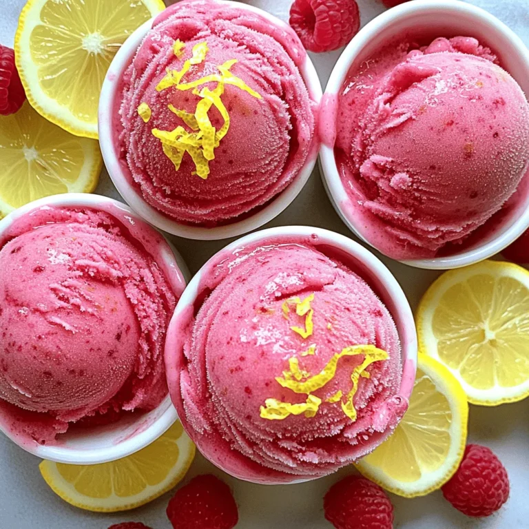- 2 cups fresh raspberries - 1 cup freshly squeezed lemon juice (about 4-5 lemons) Fresh ingredients bring life to your Raspberry Lemonade Sorbet. Using ripe, sweet raspberries makes this treat fruity and bright. The lemon juice adds zing and balance to the sorbet. When you squeeze your lemons, make sure to do it right before using them. Fresh juice tastes better and keeps the flavor strong. - 1 cup granulated sugar - 1 cup water - Zest of 2 lemons - Pinch of salt In every kitchen, you find pantry staples. Sugar and water come together to make a simple syrup. This syrup sweetens the sorbet and helps it freeze smoothly. The lemon zest adds a burst of flavor and aroma. A pinch of salt enhances all the flavors, making them pop. For the [Full Recipe], follow the steps closely to create a refreshing summer treat. Enjoy the process and share your sorbet with friends and family! To make the simple syrup, I start by combining water and sugar in a saucepan. I heat it over medium heat until the sugar dissolves completely. This step is quick and easy. Once that happens, I remove the pan from the heat and let it cool. This syrup adds sweetness to our sorbet. Next, I prepare the raspberry mixture. I combine fresh raspberries, freshly squeezed lemon juice, lemon zest, and a pinch of salt in a blender. Blending this mixture until smooth is key. The salt enhances the flavor and brings out the tartness of the lemon. After blending, I strain the raspberry mixture through a fine-mesh sieve into a large bowl. This step removes the seeds, giving our sorbet a smooth texture. Then, I add the cooled simple syrup to the strained raspberry mixture. I stir until everything is well combined. Now, it's time to freeze! I have two options; I can either pour the sorbet mixture into a shallow dish or use an ice cream maker. If I use a shallow dish, I freeze it for about one hour, then stir to break up ice crystals. I repeat this every 30 minutes for about 3-4 hours. If I use an ice cream maker, I churn it according to the manufacturer’s instructions until it reaches a soft-serve consistency. After that, I transfer it to a freezer-safe container and freeze until firm for about 2 hours. And just like that, I have a refreshing raspberry lemonade sorbet! For the full recipe, check the section above. Straining the mixture is key for a smooth sorbet. Seeds can make the texture gritty. By using a fine-mesh sieve, you remove those seeds. This leaves a silky mix that feels great in your mouth. To break up ice crystals, stir the sorbet every 30 minutes while it freezes. This helps keep the texture light and fluffy. If you use an ice cream maker, it will churn the mixture for you. This churning also helps create that perfect texture we all love. You can make your sorbet even better by adding herbs. Mint adds a fresh taste, while basil gives a unique twist. Just chop up a few leaves and mix them in. Fruits can mix well with raspberries too. Try adding strawberries for a sweeter touch or blueberries for a pop of color. You can also swap in other citrus like lime or orange for a fun change. Each addition can give your sorbet a new personality. For the full recipe, check out the details above! {{image_2}} You can make this raspberry lemonade sorbet even better by adding more fruit. Try mixing in strawberries or blueberries. They add color and flavor. Just blend them with the raspberries for a fruity twist. You can also explore other citrus fruits. Lime and orange bring their own zest to the sorbet. Lime adds a tangy kick, while orange gives a sweet touch. Adjust the lemon juice to keep the balance. You’ll end up with a colorful and tasty sorbet. If you want a healthier version, swap the sugar for honey or agave syrup. These natural sweeteners add a unique flavor. They also help cut down on refined sugar. You can also look for lower-calorie options. Use a sugar substitute or cut the sugar in half. This way, you enjoy a refreshing dessert without the guilt. Whatever you choose, you can still have a delicious raspberry lemonade sorbet that fits your needs. Look up the Full Recipe to get started! To keep your raspberry lemonade sorbet fresh, use freezer-safe containers. Glass jars or plastic tubs work well. Make sure to leave some space at the top. This space lets the sorbet expand when it freezes. You want the lid to fit tightly to avoid freezer burn. For the best taste and texture, enjoy your sorbet within two weeks. After that, it may lose some flavor. If your sorbet thaws, don’t worry! You can refreeze it. First, stir it well to mix any melted parts. This helps keep the texture smooth. Avoid letting it sit out too long, as this makes it icy. When you refreeze, use a shallow dish. This method helps it freeze faster and stay fluffy. If you notice ice crystals forming, just stir it every hour to break them up. Homemade raspberry lemonade sorbet lasts about 1 to 2 weeks in the freezer. After this time, it may lose its flavor and texture. To keep it fresh, store it in an airtight container. This helps prevent ice crystals from forming. Yes, you can use frozen raspberries for this recipe. They work well, but the texture may change. Frozen berries can make the sorbet a bit icier. To balance this, blend them quickly and add a touch more sugar. The flavor will still be bright and delicious. Absolutely! You can make raspberry lemonade sorbet without an ice cream maker. Pour the mixture into a shallow dish and freeze it. After one hour, stir it to break up ice crystals. Repeat this every 30 minutes for about 3 to 4 hours. This method gives you a nice texture, though it may need some effort. You now know how to make refreshing raspberry lemonade sorbet. Use fresh ingredients for the best flavor. Follow the steps carefully to prepare and freeze your treat. Don’t forget to try variations and tips for enhancing the taste. Store it right to keep it fresh. Enjoy the cold treat knowing you made it yourself. Your journey to a delicious sorbet starts today!