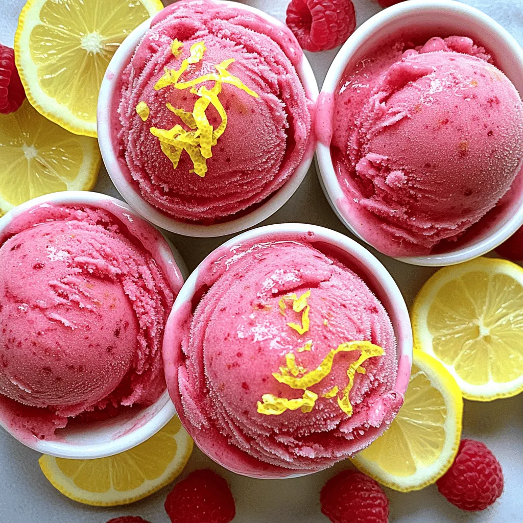 - 2 cups fresh raspberries - 1 cup freshly squeezed lemon juice (about 4-5 lemons) Fresh ingredients bring life to your Raspberry Lemonade Sorbet. Using ripe, sweet raspberries makes this treat fruity and bright. The lemon juice adds zing and balance to the sorbet. When you squeeze your lemons, make sure to do it right before using them. Fresh juice tastes better and keeps the flavor strong. - 1 cup granulated sugar - 1 cup water - Zest of 2 lemons - Pinch of salt In every kitchen, you find pantry staples. Sugar and water come together to make a simple syrup. This syrup sweetens the sorbet and helps it freeze smoothly. The lemon zest adds a burst of flavor and aroma. A pinch of salt enhances all the flavors, making them pop. For the [Full Recipe], follow the steps closely to create a refreshing summer treat. Enjoy the process and share your sorbet with friends and family! To make the simple syrup, I start by combining water and sugar in a saucepan. I heat it over medium heat until the sugar dissolves completely. This step is quick and easy. Once that happens, I remove the pan from the heat and let it cool. This syrup adds sweetness to our sorbet. Next, I prepare the raspberry mixture. I combine fresh raspberries, freshly squeezed lemon juice, lemon zest, and a pinch of salt in a blender. Blending this mixture until smooth is key. The salt enhances the flavor and brings out the tartness of the lemon. After blending, I strain the raspberry mixture through a fine-mesh sieve into a large bowl. This step removes the seeds, giving our sorbet a smooth texture. Then, I add the cooled simple syrup to the strained raspberry mixture. I stir until everything is well combined. Now, it's time to freeze! I have two options; I can either pour the sorbet mixture into a shallow dish or use an ice cream maker. If I use a shallow dish, I freeze it for about one hour, then stir to break up ice crystals. I repeat this every 30 minutes for about 3-4 hours. If I use an ice cream maker, I churn it according to the manufacturer’s instructions until it reaches a soft-serve consistency. After that, I transfer it to a freezer-safe container and freeze until firm for about 2 hours. And just like that, I have a refreshing raspberry lemonade sorbet! For the full recipe, check the section above. Straining the mixture is key for a smooth sorbet. Seeds can make the texture gritty. By using a fine-mesh sieve, you remove those seeds. This leaves a silky mix that feels great in your mouth. To break up ice crystals, stir the sorbet every 30 minutes while it freezes. This helps keep the texture light and fluffy. If you use an ice cream maker, it will churn the mixture for you. This churning also helps create that perfect texture we all love. You can make your sorbet even better by adding herbs. Mint adds a fresh taste, while basil gives a unique twist. Just chop up a few leaves and mix them in. Fruits can mix well with raspberries too. Try adding strawberries for a sweeter touch or blueberries for a pop of color. You can also swap in other citrus like lime or orange for a fun change. Each addition can give your sorbet a new personality. For the full recipe, check out the details above! {{image_2}} You can make this raspberry lemonade sorbet even better by adding more fruit. Try mixing in strawberries or blueberries. They add color and flavor. Just blend them with the raspberries for a fruity twist. You can also explore other citrus fruits. Lime and orange bring their own zest to the sorbet. Lime adds a tangy kick, while orange gives a sweet touch. Adjust the lemon juice to keep the balance. You’ll end up with a colorful and tasty sorbet. If you want a healthier version, swap the sugar for honey or agave syrup. These natural sweeteners add a unique flavor. They also help cut down on refined sugar. You can also look for lower-calorie options. Use a sugar substitute or cut the sugar in half. This way, you enjoy a refreshing dessert without the guilt. Whatever you choose, you can still have a delicious raspberry lemonade sorbet that fits your needs. Look up the Full Recipe to get started! To keep your raspberry lemonade sorbet fresh, use freezer-safe containers. Glass jars or plastic tubs work well. Make sure to leave some space at the top. This space lets the sorbet expand when it freezes. You want the lid to fit tightly to avoid freezer burn. For the best taste and texture, enjoy your sorbet within two weeks. After that, it may lose some flavor. If your sorbet thaws, don’t worry! You can refreeze it. First, stir it well to mix any melted parts. This helps keep the texture smooth. Avoid letting it sit out too long, as this makes it icy. When you refreeze, use a shallow dish. This method helps it freeze faster and stay fluffy. If you notice ice crystals forming, just stir it every hour to break them up. Homemade raspberry lemonade sorbet lasts about 1 to 2 weeks in the freezer. After this time, it may lose its flavor and texture. To keep it fresh, store it in an airtight container. This helps prevent ice crystals from forming. Yes, you can use frozen raspberries for this recipe. They work well, but the texture may change. Frozen berries can make the sorbet a bit icier. To balance this, blend them quickly and add a touch more sugar. The flavor will still be bright and delicious. Absolutely! You can make raspberry lemonade sorbet without an ice cream maker. Pour the mixture into a shallow dish and freeze it. After one hour, stir it to break up ice crystals. Repeat this every 30 minutes for about 3 to 4 hours. This method gives you a nice texture, though it may need some effort. You now know how to make refreshing raspberry lemonade sorbet. Use fresh ingredients for the best flavor. Follow the steps carefully to prepare and freeze your treat. Don’t forget to try variations and tips for enhancing the taste. Store it right to keep it fresh. Enjoy the cold treat knowing you made it yourself. Your journey to a delicious sorbet starts today!