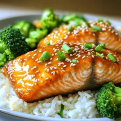 - 4 salmon fillets (6 oz each) - 2 tablespoons Sriracha sauce - 3 tablespoons honey - 1 tablespoon soy sauce - 2 cloves garlic, minced - 1 tablespoon fresh ginger, grated - 2 tablespoons olive oil - Salt and pepper, to taste - 1 tablespoon sesame seeds (for garnish) - 2 green onions, sliced (for garnish) To make Sriracha honey glazed salmon, start with fresh salmon fillets. Choose fillets that are bright and firm. The Sriracha sauce brings heat, while honey adds sweetness. Soy sauce gives the dish depth. Garlic and ginger will enhance the flavor. Olive oil is key for cooking. Don't forget salt and pepper for seasoning. Sesame seeds and green onions add a nice touch for garnish. For the full recipe, check out the detailed instructions. - In a small bowl, whisk together: - 2 tablespoons Sriracha sauce - 3 tablespoons honey - 1 tablespoon soy sauce - 2 cloves garlic, minced - 1 tablespoon fresh ginger, grated - Mix until fully combined. This glaze packs a sweet and spicy punch. Set it aside for later use. - Pat the salmon fillets dry with a paper towel. - Season both sides of the fillets with salt and pepper. This step adds flavor and helps the glaze stick. - Heat 2 tablespoons of olive oil in a large skillet over medium-high heat. - Once hot, place the salmon fillets skin-side down carefully. - Sear for about 4-5 minutes until the skin is crispy. - Flip the fillets and reduce the heat to medium. - Pour the prepared Sriracha honey glaze over the salmon. - Cook for another 4-5 minutes, basting with the glaze. You want the salmon to be cooked through and caramelized. - Once cooked, remove the salmon from the skillet. - Drizzle any remaining glaze from the pan over the top. - Garnish with 1 tablespoon of sesame seeds and 2 sliced green onions before serving. Now, you have a dish that is not only tasty but also looks great on the plate. Enjoy this Sriracha Honey Glazed Salmon with rice or veggies for a balanced meal. For the complete cooking steps, check the Full Recipe. - Ensure the skillet is hot enough for a crispy skin. A hot skillet helps the skin crisp up quickly. This adds texture and flavor. - Baste the salmon during cooking for maximum flavor. Basting keeps the fish moist and enhances the glaze. Use a spoon to drizzle the glaze over the salmon while it cooks. - Try different cooking methods like grilling or baking. Grilling gives a lovely smoky flavor. Baking is easier and requires less attention. - Adjust cooking time based on the thickness of fillets. Thicker fillets need more time to cook through. A general rule is 4-5 minutes per side for 1-inch fillets. - Serve the glazed salmon on a bed of rice or with colorful vegetables. This makes the dish more appealing and balanced. - Drizzle any extra glaze over the plate for enhanced flavor. It adds a nice shine and makes the dish look gourmet. For the full recipe, check out the link. {{image_2}} You can change the taste of your Sriracha honey glazed salmon easily. Adding citrus like lime or lemon gives it a bright, tangy kick. Just squeeze some juice over the salmon before cooking. This twist adds a fresh taste that contrasts with the sweet glaze. You can also try using different sweeteners. Maple syrup or agave can replace honey. This change keeps the glaze sweet while adding a unique flavor. If you want to switch proteins, salmon is not your only choice. Chicken or tofu works great too. For chicken, use boneless breasts or thighs. Cook them the same way as salmon, but check for doneness. Chicken needs to reach 165°F. For tofu, choose firm or extra-firm types. Cook it for about 3-4 minutes on each side. Adjust the cooking times for each protein to ensure they are cooked right. You can make a vegetarian version of this dish. Eggplant is a great substitute for salmon. Cut it into thick slices and follow the same cooking method. Another option is using mushrooms. Portobello or large button mushrooms work well. They absorb flavors nicely and have a meaty texture. Use the same glaze for both options. This way, you can enjoy the same sweet and spicy flavors. To keep your Sriracha honey glazed salmon fresh, place it in the fridge. Use airtight containers to seal in flavor. If you don't have those, plastic wrap works too, but it’s not as good. Store leftovers within two hours of cooking to keep them safe. When it's time to reheat, the oven is best. Preheat it to 350°F (175°C). Place the salmon on a baking sheet and cover it with foil. This keeps it moist. Heat for about 10 minutes. If you use a microwave, heat in short bursts. Check often to avoid drying it out. You can freeze cooked salmon for later. Wrap each piece tightly in plastic wrap before placing it in a freezer bag. This helps prevent freezer burn. To thaw, move it to the fridge overnight. This keeps the texture nice and tasty. If you're in a hurry, you can use the microwave. Just be sure to use the defrost setting. You can serve many tasty sides with Sriracha honey glazed salmon. Here are some great options: - Steamed jasmine rice - Quinoa with herbs - Roasted broccoli - Snap peas - Grilled asparagus - A fresh green salad These sides add color and flavor to your meal. They balance the sweet and spicy glaze. Yes, you can easily adjust the spice level. Here’s how: - To decrease heat, use less Sriracha. - Add more honey for sweetness. - Mix in some soy sauce to tone it down. If you like it spicier, try these: - Increase the Sriracha amount. - Add a pinch of cayenne pepper. Taste as you go for the best results! Cooking times may vary by method. Here’s a quick guide: - Skillet: About 10 minutes total. - Oven: 12 to 15 minutes at 400°F. - Grilling: 8 to 10 minutes per side. Make sure the salmon is cooked through. It should flake easily with a fork. Yes, this recipe works well for meal prep. Here are some tips: - Cook the salmon and glaze ahead of time. - Store them separately in airtight containers. - Reheat both items together for quick meals. This way, you can enjoy a flavorful dish any day of the week! For the full recipe, check out the details above. Sriracha honey glazed salmon is simple and full of flavor. You learned how to make a tasty glaze and cook salmon perfectly. I shared tips for the best results, variations for different tastes, and how to store leftovers. Get creative with this dish! You can substitute proteins or add new flavors, too. This recipe is fun to make and share. Enjoy your cooking and impress your guests with this delicious meal!