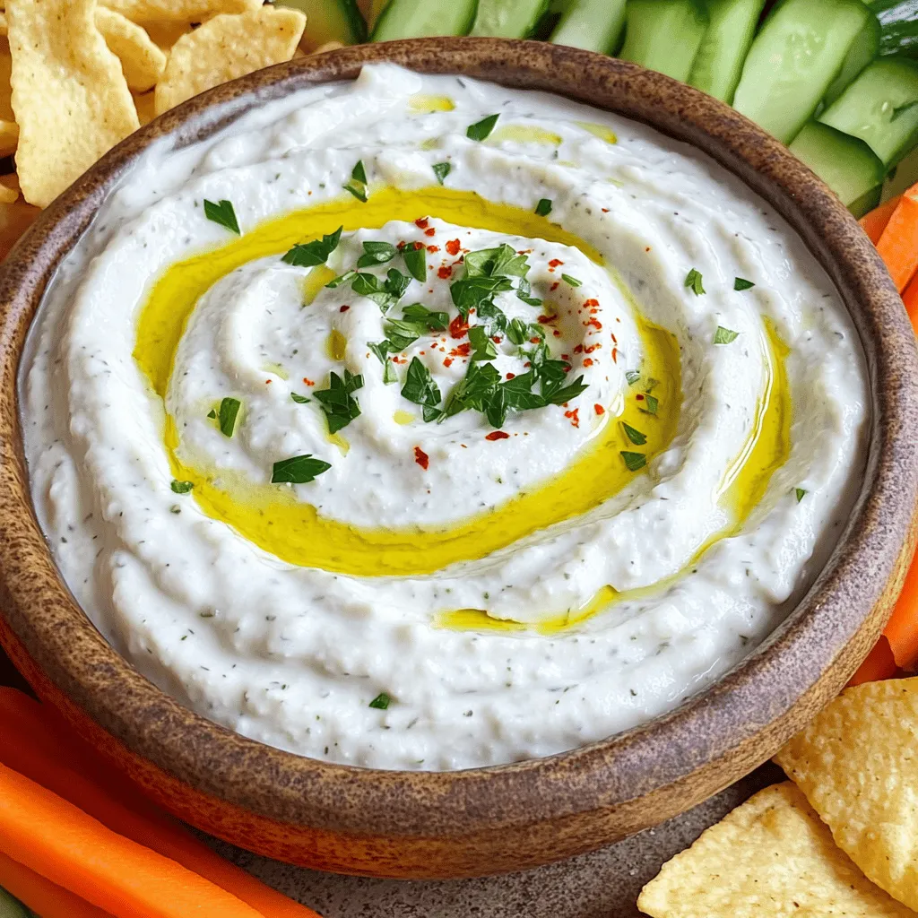 For this creamy white bean dip, you'll need a few key items. These ingredients create a smooth and flavorful dip. Here’s what you’ll need: - 1 can (15 oz) white beans (cannellini or great northern), drained and rinsed - 2 tablespoons tahini - 2 tablespoons fresh lemon juice - 2 tablespoons olive oil - 1 garlic clove, minced - 1 teaspoon ground cumin - Salt and pepper to taste These main ingredients give the dip its creamy texture and rich flavor. You can add some extra ingredients to make your dip even better. Here are some options: - Fresh parsley, chopped (for garnish) - Red pepper flakes (for garnish) - Fresh vegetables and/or pita chips (for serving) Adding fresh parsley gives a nice color. Red pepper flakes can add a little heat. If you have dietary needs, there are great substitutes. Here are some ideas: - Use sunflower seed butter instead of tahini for a nut-free option. - Swap lemon juice with lime juice for a different tang. - Choose low-sodium white beans if you want less salt. These swaps keep the taste good while meeting your needs. Try these options to make the dip your own. You can find the full recipe above for all the details! To start, gather your ingredients. You will need: - 1 can (15 oz) white beans (cannellini or great northern), drained and rinsed - 2 tablespoons tahini - 2 tablespoons fresh lemon juice - 2 tablespoons olive oil - 1 garlic clove, minced - 1 teaspoon ground cumin - Salt and pepper to taste - Fresh parsley, chopped (for garnish) - Red pepper flakes (for garnish) - Fresh vegetables and/or pita chips (for serving) Next, place the rinsed beans, tahini, lemon juice, olive oil, minced garlic, and ground cumin into a food processor. Blend the mixture until smooth. You may need to stop and scrape down the sides. If it is too thick, add water, one tablespoon at a time, until it is creamy. To get the best texture, blend well. You want a smooth dip. If you prefer it thicker, use less water. For a creamier dip, add a bit more olive oil or tahini. Taste as you go, and adjust the salt and pepper to your liking. Once your dip is smooth, transfer it to a bowl. Drizzle a little extra olive oil on top. Sprinkle chopped parsley and red pepper flakes for color. Serve it with fresh veggies or pita chips. It looks great and tastes even better! For the full recipe, check the previous section. To make your creamy white bean dip shine, focus on fresh ingredients. Use fresh lemon juice instead of bottled. Fresh garlic gives a vibrant taste. Add herbs like rosemary or thyme for depth. A pinch of smoked paprika can add a nice kick. For extra creaminess, blend in a spoonful of yogurt. A few common mistakes can ruin your dip. First, don’t skip draining the beans well. This step keeps your dip from being too watery. Second, avoid over-blending. You want creamy, not a paste. Lastly, don’t forget to taste as you go. Adjust salt and pepper to your liking. Having the right tools makes this recipe a breeze. A good food processor helps blend the dip smoothly. Use a sharp knife for chopping garlic and herbs. A measuring spoon set ensures accurate ingredient amounts. Finally, have a spatula handy for easy mixing and scraping the bowl. Try this creamy white bean dip recipe for a simple yet delicious snack! Check the Full Recipe for all the details. {{image_2}} You can make your creamy white bean dip spicy by adding some heat. Try mixing in fresh jalapeños or a dash of hot sauce. You can also add smoked paprika for a smoky flavor. If you want to go bold, use chipotle peppers in adobo sauce. These spicy options will wake up your taste buds! Herbs can bring fresh life to your dip. I love adding fresh basil or cilantro for a burst of flavor. Try using rosemary or thyme for a more earthy taste. Mix in a tablespoon of your favorite herb blend to make it unique. The herbs make this dip bright and fragrant, perfect for any snack. Want a creamy dip with a cheesy twist? Add some grated Parmesan or feta cheese to your mix. Cream cheese can also give it a rich texture. For a fun twist, try mixing in goat cheese. The cheese melts into the dip, creating a delicious and rich flavor that everyone will love. You can find the full recipe above to start making your own creamy white bean dip! To keep your creamy white bean dip fresh, place it in an airtight container. Make sure the lid fits tight. You can store it in the fridge for up to five days. Just give it a stir before serving again. This will help mix the flavors back together. You can freeze the dip if you have extra. Use a freezer-safe container or a zip-top bag. Leave some space at the top, as the dip may expand when frozen. It can last for about three months in the freezer. When ready to eat, thaw it in the fridge overnight. Reheating the dip is easy. You can use the microwave or the stove. If using a microwave, heat in short bursts. Stir the dip every thirty seconds. If using the stove, heat it over low heat. Add a splash of water or olive oil if it seems too thick. This will help it remain creamy and smooth. For the full recipe, check the section above. To make this dip vegan, simply use plant-based tahini and olive oil. Both are already vegan. Ensure that you don’t add any dairy. A splash of water can help keep it smooth. The recipe is naturally dairy-free. Yes, you can use other beans! Great northern beans or navy beans work well. Each type adds a unique taste and texture. Black beans can give a different flavor, but they will change the color. Experiment with what you have on hand. This dip pairs well with many foods. Serve it with fresh veggies like carrots, cucumbers, and bell peppers. Pita chips are also great for dipping. You can even spread it on sandwiches or wraps. For a fancy touch, add sliced olives or cherry tomatoes on top. Check out the Full Recipe for more ideas! You can now make a creamy white bean dip that suits everyone's taste. We covered the key ingredients, different flavors, and good substitutes. I shared easy steps for the perfect dip and tips to avoid common mistakes. You also learned tasty variations and how to store your leftovers. Enjoy creating your dip and sharing it with others. With these details, you make a dish that's both tasty and fun.