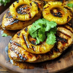 - 2 boneless, skinless chicken breasts - 1 ripe pineapple, peeled and sliced into rings - 2 tablespoons soy sauce - 2 tablespoons honey - 1 tablespoon olive oil - 1 teaspoon garlic powder - 1 teaspoon ginger powder - Salt and pepper to taste - Fresh cilantro, for garnish (optional) To make grilled pineapple chicken, you need fresh and simple ingredients. The chicken breasts are the star of the dish. They need to be boneless and skinless for ease. The ripe pineapple adds sweet and tangy notes. Slice it into rings for grilling. For the marinade, we mix several key flavors. Soy sauce gives a salty taste. Honey adds sweetness, while olive oil keeps the chicken moist. Garlic powder and ginger powder bring a warm flavor. Don't forget salt and pepper for seasoning. This blend of flavors makes the chicken juicy and the pineapple caramelized. You can find the full recipe above to guide you through the steps. Enjoy your cooking! To begin, you need to make the marinade. In a bowl, whisk together these ingredients: - 2 tablespoons soy sauce - 2 tablespoons honey - 1 tablespoon olive oil - 1 teaspoon garlic powder - 1 teaspoon ginger powder - Salt and pepper to taste This mixture will add tons of flavor to your chicken. The soy sauce gives it a savory taste, while honey adds a sweet touch. Garlic and ginger boost the flavor even more. Next, it's time to marinate the chicken. Place 2 boneless, skinless chicken breasts in a large resealable bag or a shallow dish. Pour the marinade over the chicken. Seal the bag or cover the dish tightly. Refrigerate for at least 30 minutes, but you can let it sit for up to 4 hours. This step is key. It allows the flavors to soak into the chicken. Now, let’s get grilling! Preheat your grill to medium-high heat. When the grill is hot, remove the chicken from the marinade. Discard any leftover marinade. Place the marinated chicken on the grill. Cook for about 6-7 minutes on each side. The chicken is done when it reaches an internal temperature of 165°F (75°C). In the last 2 minutes of cooking, add the pineapple rings to the grill. Grill them until they are caramelized and have nice grill marks. This takes about 2-3 minutes per side. Once everything is done, take the chicken and pineapple off the grill. Let the chicken rest for a few minutes before serving. Enjoy the grilled chicken topped with the sweet, caramelized pineapple rings. For a fresh touch, you can add some cilantro on top. For the full recipe, check the detailed instructions above! To make Grilled Pineapple Chicken, you need the right grill temperature. Set your grill to medium-high heat. This usually means about 375°F to 450°F. I recommend cooking the chicken for 6-7 minutes on each side. Use a meat thermometer to check the chicken. It should reach 165°F, which means it is safe to eat. To ensure the chicken cooks evenly, pound it to an even thickness. This helps it cook through without drying out. Let the chicken rest after grilling. This keeps it juicy and tasty. You can add more flavor to your Grilled Pineapple Chicken with spices and herbs. Try adding paprika for a smoky taste. You can also use fresh herbs like basil or thyme for a fresh twist. For marinades, you can switch things up. Use coconut milk for a tropical vibe or lime juice for a zesty kick. This adds depth to your chicken. If you want a spicy touch, mix in some chili flakes. Experiment with different flavors to find what you love best! Check out the Full Recipe for more details on how to create this dish. {{image_2}} You can switch up the fruits you grill. Try using mango or peaches. They add a sweet twist. These fruits caramelize nicely, just like pineapple. You can also change the protein. Instead of chicken, you can use tofu or pork. Tofu soaks up flavors well. Pork adds a rich taste. All of these choices work great on the grill. Want to explore new flavors? Try an Asian-inspired marinade. Use soy sauce, sesame oil, and a splash of rice vinegar. This mix brings a nice tang. For a tropical twist, blend coconut milk, lime juice, and a bit of chili. This fruity mix gives a bright finish. You can find the Full Recipe for the grilled pineapple chicken here. Try these ideas to keep your meals exciting! To store grilled pineapple chicken, let it cool first. Place it in an airtight container. This keeps it fresh for up to four days in the fridge. If you want to keep it longer, freeze it. Wrap the chicken tightly in plastic wrap, then place it in a freezer bag. Properly stored, it can last up to three months in the freezer. To reheat grilled chicken, use the oven for the best results. Preheat the oven to 350°F (175°C). Place the chicken on a baking sheet. Cover it with foil to keep it moist. Heat for about 15-20 minutes or until it's warm throughout. You can also reheat it in the microwave. Place the chicken on a microwave-safe plate and cover it. Heat in short bursts, checking often to avoid drying it out. To know if your grilled pineapple chicken is ready, check the internal temperature. Use a meat thermometer. The chicken should reach 165°F (75°C). This means it is safe to eat. Look for clear juices when you cut into it. If the juices run clear, it’s done. The chicken should also be firm to the touch. Yes, you can grill chicken without marinating. But marinating adds a lot of flavor. It helps the chicken soak up the marinade. This makes it juicy and tasty. If you skip marinating, use extra spices. You can brush on some sauce while grilling too. It won’t be as rich, but it can still be good. Grilled pineapple chicken goes well with many sides. Here are some tasty options: - Rice: White or brown rice works great. - Salad: A fresh green salad adds crunch. - Grilled Veggies: Zucchini, bell peppers, and corn are perfect. - Coleslaw: The creaminess balances the grilled flavors. - Potato Salad: A cool potato salad is a nice touch. For more ideas, check out the Full Recipe to see how to create a complete meal. Grilled Pineapple Chicken blends sweet and savory flavors. We covered the ingredients, marinade, and grilling steps. I shared tips for perfect grilling and creative variations, too. Storing leftovers is easy and keeps meals fresh. Remember to double-check if your chicken is fully cooked. This dish can be a tasty main for any meal. Explore new flavors and enjoy your cooking adventure. Your next grill night will impress everyone!