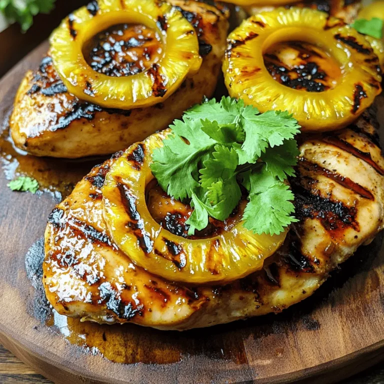 - 2 boneless, skinless chicken breasts - 1 ripe pineapple, peeled and sliced into rings - 2 tablespoons soy sauce - 2 tablespoons honey - 1 tablespoon olive oil - 1 teaspoon garlic powder - 1 teaspoon ginger powder - Salt and pepper to taste - Fresh cilantro, for garnish (optional) To make grilled pineapple chicken, you need fresh and simple ingredients. The chicken breasts are the star of the dish. They need to be boneless and skinless for ease. The ripe pineapple adds sweet and tangy notes. Slice it into rings for grilling. For the marinade, we mix several key flavors. Soy sauce gives a salty taste. Honey adds sweetness, while olive oil keeps the chicken moist. Garlic powder and ginger powder bring a warm flavor. Don't forget salt and pepper for seasoning. This blend of flavors makes the chicken juicy and the pineapple caramelized. You can find the full recipe above to guide you through the steps. Enjoy your cooking! To begin, you need to make the marinade. In a bowl, whisk together these ingredients: - 2 tablespoons soy sauce - 2 tablespoons honey - 1 tablespoon olive oil - 1 teaspoon garlic powder - 1 teaspoon ginger powder - Salt and pepper to taste This mixture will add tons of flavor to your chicken. The soy sauce gives it a savory taste, while honey adds a sweet touch. Garlic and ginger boost the flavor even more. Next, it's time to marinate the chicken. Place 2 boneless, skinless chicken breasts in a large resealable bag or a shallow dish. Pour the marinade over the chicken. Seal the bag or cover the dish tightly. Refrigerate for at least 30 minutes, but you can let it sit for up to 4 hours. This step is key. It allows the flavors to soak into the chicken. Now, let’s get grilling! Preheat your grill to medium-high heat. When the grill is hot, remove the chicken from the marinade. Discard any leftover marinade. Place the marinated chicken on the grill. Cook for about 6-7 minutes on each side. The chicken is done when it reaches an internal temperature of 165°F (75°C). In the last 2 minutes of cooking, add the pineapple rings to the grill. Grill them until they are caramelized and have nice grill marks. This takes about 2-3 minutes per side. Once everything is done, take the chicken and pineapple off the grill. Let the chicken rest for a few minutes before serving. Enjoy the grilled chicken topped with the sweet, caramelized pineapple rings. For a fresh touch, you can add some cilantro on top. For the full recipe, check the detailed instructions above! To make Grilled Pineapple Chicken, you need the right grill temperature. Set your grill to medium-high heat. This usually means about 375°F to 450°F. I recommend cooking the chicken for 6-7 minutes on each side. Use a meat thermometer to check the chicken. It should reach 165°F, which means it is safe to eat. To ensure the chicken cooks evenly, pound it to an even thickness. This helps it cook through without drying out. Let the chicken rest after grilling. This keeps it juicy and tasty. You can add more flavor to your Grilled Pineapple Chicken with spices and herbs. Try adding paprika for a smoky taste. You can also use fresh herbs like basil or thyme for a fresh twist. For marinades, you can switch things up. Use coconut milk for a tropical vibe or lime juice for a zesty kick. This adds depth to your chicken. If you want a spicy touch, mix in some chili flakes. Experiment with different flavors to find what you love best! Check out the Full Recipe for more details on how to create this dish. {{image_2}} You can switch up the fruits you grill. Try using mango or peaches. They add a sweet twist. These fruits caramelize nicely, just like pineapple. You can also change the protein. Instead of chicken, you can use tofu or pork. Tofu soaks up flavors well. Pork adds a rich taste. All of these choices work great on the grill. Want to explore new flavors? Try an Asian-inspired marinade. Use soy sauce, sesame oil, and a splash of rice vinegar. This mix brings a nice tang. For a tropical twist, blend coconut milk, lime juice, and a bit of chili. This fruity mix gives a bright finish. You can find the Full Recipe for the grilled pineapple chicken here. Try these ideas to keep your meals exciting! To store grilled pineapple chicken, let it cool first. Place it in an airtight container. This keeps it fresh for up to four days in the fridge. If you want to keep it longer, freeze it. Wrap the chicken tightly in plastic wrap, then place it in a freezer bag. Properly stored, it can last up to three months in the freezer. To reheat grilled chicken, use the oven for the best results. Preheat the oven to 350°F (175°C). Place the chicken on a baking sheet. Cover it with foil to keep it moist. Heat for about 15-20 minutes or until it's warm throughout. You can also reheat it in the microwave. Place the chicken on a microwave-safe plate and cover it. Heat in short bursts, checking often to avoid drying it out. To know if your grilled pineapple chicken is ready, check the internal temperature. Use a meat thermometer. The chicken should reach 165°F (75°C). This means it is safe to eat. Look for clear juices when you cut into it. If the juices run clear, it’s done. The chicken should also be firm to the touch. Yes, you can grill chicken without marinating. But marinating adds a lot of flavor. It helps the chicken soak up the marinade. This makes it juicy and tasty. If you skip marinating, use extra spices. You can brush on some sauce while grilling too. It won’t be as rich, but it can still be good. Grilled pineapple chicken goes well with many sides. Here are some tasty options: - Rice: White or brown rice works great. - Salad: A fresh green salad adds crunch. - Grilled Veggies: Zucchini, bell peppers, and corn are perfect. - Coleslaw: The creaminess balances the grilled flavors. - Potato Salad: A cool potato salad is a nice touch. For more ideas, check out the Full Recipe to see how to create a complete meal. Grilled Pineapple Chicken blends sweet and savory flavors. We covered the ingredients, marinade, and grilling steps. I shared tips for perfect grilling and creative variations, too. Storing leftovers is easy and keeps meals fresh. Remember to double-check if your chicken is fully cooked. This dish can be a tasty main for any meal. Explore new flavors and enjoy your cooking adventure. Your next grill night will impress everyone!